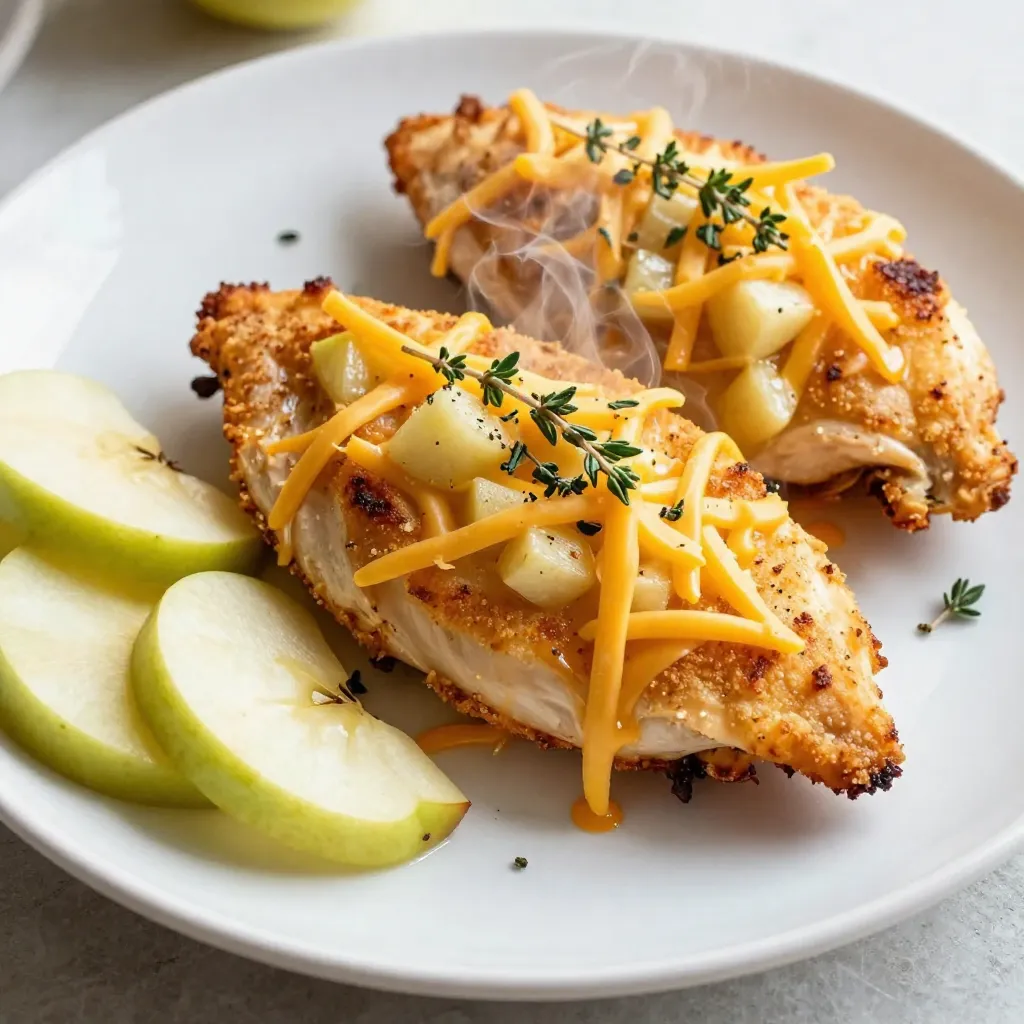 - 4 boneless, skinless chicken breasts - 1 large apple (Granny Smith or Honeycrisp) - 1 cup sharp cheddar cheese - ½ cup breadcrumbs - 2 tablespoons fresh thyme - 1 tablespoon extra virgin olive oil - Seasoning: salt, pepper, garlic powder, onion powder To make Apple Cheddar Stuffed Chicken, you need fresh ingredients. Start with chicken breasts. Choose four boneless and skinless pieces. They should be thick enough to hold the filling. Next, pick a large apple. I love Granny Smith or Honeycrisp for their crispness and flavor. Cheddar cheese adds richness. Use one cup of sharp cheddar. It melts beautifully and tastes great with apples. Breadcrumbs give texture. Half a cup works well. Fresh thyme adds an herbal note. Use two tablespoons, chopped finely. You’ll also need olive oil. One tablespoon will help with cooking. Finally, gather your seasonings. Salt, pepper, garlic powder, and onion powder will enhance the flavors. Make sure you have everything ready before you start cooking. This makes the process easier and more fun! {{ingredient_image_2}} - Preheat oven to 375°F (190°C). - Core and dice the apple into small chunks. Start by heating your oven. This step is key for cooking the chicken evenly. Dicing the apple next makes it easy to mix into the filling. Use a firm apple like Granny Smith or Honeycrisp. These apples add a nice crunch and flavor. - Combine diced apple, cheddar cheese, breadcrumbs, thyme, garlic powder, onion powder, salt, and pepper. In a bowl, mix the diced apple with shredded sharp cheddar cheese. Add the breadcrumbs for texture. Next, toss in the fresh thyme, garlic powder, onion powder, salt, and pepper. Stir until everything is well combined. This filling has a great balance of sweet and savory. - Slice pockets into chicken breasts. - Season and fill with apple-cheddar mixture. Take your chicken breasts and use a sharp knife to slice pockets into them. Be careful not to cut all the way through. Season both sides with salt and pepper. Next, stuff each pocket generously with the apple-cheddar mixture. If needed, use toothpicks to hold them closed. - Heat olive oil in skillet. - Sear stuffed chicken for golden brown color. Heat olive oil in a skillet over medium heat. Once the oil shimmers, add the stuffed chicken breasts. Sear each side for about 3-4 minutes. Look for a beautiful golden-brown color, which adds flavor and texture. - Transfer to baking dish and bake for 20-25 minutes. - Check internal temperature of 165°F (74°C). After searing, place the chicken in a baking dish. Bake in the preheated oven for 20-25 minutes. Use a meat thermometer to check doneness. The chicken should reach an internal temperature of 165°F (74°C). This ensures it is safe to eat. - Resting time before slicing. - Presentation suggestions. Once cooked, take the chicken out and let it rest for a few minutes. This helps keep the meat juicy. For serving, slice the chicken and place it on a platter. Add sprigs of fresh thyme and some apple slices for a pop of color. Pair it with a fresh salad or steamed veggies for a balanced meal. To get great stuffing, mix your ingredients well. This helps the flavors blend. You want every bite to taste the same. When making pockets in the chicken, cut carefully. Do not cut all the way through. Use toothpicks to secure the openings. This keeps the yummy filling inside while cooking. The right skillet temperature is key. Heat your skillet over medium heat until it shimmers. This helps the chicken brown nicely. Each side needs about 3-4 minutes. Look for a golden color. This adds great flavor and texture to your dish. After cooking, let the chicken rest for a few minutes. This step is important. It helps the juices spread throughout the meat. Use a meat thermometer to check the chicken. The ideal temperature is 165°F (74°C). This ensures your chicken is safe and juicy. Pro Tips Choose the Right Apple: Use tart apples like Granny Smith or Honeycrisp for a perfect balance of flavor against the sharp cheddar. Secure Your Filling: If the filling spills out while cooking, use toothpicks or kitchen twine to secure the pocket and keep all the deliciousness inside. Resting Time is Key: Allow the chicken to rest after baking; this helps retain moisture and enhances the overall juiciness of the meat. Experiment with Cheese: Feel free to swap the cheddar for other cheeses like gouda or fontina for a different flavor profile. {{image_4}} You can change the apple type for a new taste. Try using tart apples like Granny Smith. They add a bright flavor. Honeycrisp apples are sweet and juicy. They work well for a milder taste. Mixing sweet and tart apples creates a balanced flavor. Sharp cheddar is tasty, but you can switch it up! Try creamy goat cheese for a tangy twist. Mozzarella gives a mild flavor and great melt. Pepper jack adds a spicy kick. Choose cheese that pairs well with your apple choice. You can make your dish even better! Add chopped nuts like walnuts or pecans for crunch. Dried cranberries give a sweet touch and color. Fresh herbs like basil or rosemary enhance the flavor too. A dash of cinnamon can warm up the dish. These extras add fun and flavor! To keep your Apple Cheddar Stuffed Chicken fresh, store it in the fridge. - Place leftover chicken in an airtight container. - It stays good for 3 to 4 days. When you want to reheat, do it right: - Preheat your oven to 350°F (175°C). - Place the chicken on a baking sheet. - Heat for 15 to 20 minutes until warm. This method keeps the chicken juicy and tasty. If you want to save some for later, freezing works well. - Wrap each stuffed chicken breast in plastic wrap. - Then, place them in a freezer bag. - They will stay good for up to 3 months. When you're ready to cook, thaw it safely: - Move the chicken to the fridge for 24 hours. - You can also use the microwave to thaw it quickly. Cook from frozen if you're in a rush: - Add extra time to baking. - Bake at 375°F (190°C) for 30 to 35 minutes. This keeps the flavors intact and makes meal prep easy! You can use many herbs to change the flavor. Here are some great options: - Rosemary - Sage - Oregano - Parsley These herbs can add a unique taste. Rosemary adds a woodsy flavor. Sage brings a warm, earthy taste. Oregano gives a nice Mediterranean touch. Parsley can add freshness and color. Feel free to mix and match! Yes, you can prepare this dish in advance. Here are some tips: - Stuff the chicken breasts a few hours before cooking. - Keep them covered in the fridge. - You can also sear the chicken ahead of time. If you sear them first, bake them later. Just remember to adjust cooking time. This chicken pairs well with many sides. Here are some tasty ideas: - Fresh green salad - Steamed vegetables - Mashed potatoes - Rice pilaf A fresh salad adds crunch. Steamed veggies offer color and nutrition. Mashed potatoes or rice make a filling side. Enjoy your meal with a balance of flavors! This post guides you through making Apple Cheddar Stuffed Chicken. You learned the key ingredients, detailed steps, and helpful tips. Remember to preheat your oven and check the chicken's internal temperature. Feel free to experiment with different cheeses and apples. Enjoying this dish is easy with the right techniques for baking and serving. Your cooking can shine with these simple steps. Now, get ready to delight your taste buds with this tasty recipe!