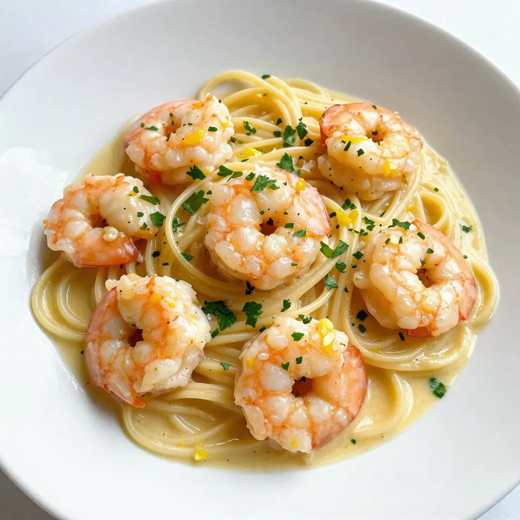 - 1 lb large shrimp, peeled and deveined - 4 tablespoons unsalted butter - 4 tablespoons olive oil - 4 cloves garlic, minced - 1 teaspoon red pepper flakes (adjust to taste) - Zest of 1 lemon - Juice of 2 lemons - Salt and freshly cracked black pepper to taste - 1/2 cup chicken broth or vegetable broth - 1/2 cup finely chopped fresh parsley - 8 oz linguine or spaghetti - Grated Parmesan cheese for serving (optional) This dish sings with fresh flavors. The large shrimp are the stars, providing a juicy bite. The unsalted butter and olive oil create a smooth base. Garlic adds depth, while red pepper flakes give a gentle kick. The lemon zest and juice bring brightness and balance to every bite. You can adjust the heat by adding more or less red pepper flakes. The fresh parsley adds a pop of color and freshness. The chicken or vegetable broth enhances the sauce, making it rich and savory. If you want, sprinkle some grated Parmesan cheese on top when serving for extra flavor. Gather all these ingredients before you start. This way, you’ll have everything ready for a quick and easy cooking experience. Enjoy the vibrant tastes of this Lemon Garlic Shrimp Scampi! {{ingredient_image_2}} - Bring salted water to a boil. - Cook linguine or spaghetti until al dente. - Drain and reserve about 1/2 cup of starchy water. To start, I fill a large pot with water and add salt. The salt helps flavor the pasta as it cooks. Once the water boils, I add the linguine or spaghetti. I cook it according to the package instructions. Al dente means the pasta should be firm but not hard. After cooking, I drain the pasta and save some starchy water. This water will help make the sauce creamy. - Heat olive oil and butter in a skillet. - Sauté garlic and red pepper flakes. - Cook shrimp until pink and opaque. Next, I grab a large skillet and heat olive oil with butter over medium heat. The oil and butter add richness to the dish. Once melted, I toss in minced garlic and red pepper flakes. I sauté them for about a minute. I want the garlic to smell good without browning. Then, I add the shrimp to the skillet. I spread them out evenly and season with salt, pepper, and lemon zest. I cook them for 2-3 minutes on each side until they turn pink and opaque. - Add broth and lemon juice to the skillet. - Toss in cooked pasta and remaining butter. - Adjust seasoning and incorporate parsley. In this step, I pour chicken broth and fresh lemon juice into the skillet. I stir gently to mix everything. I let it simmer for another 2 minutes. This helps the flavors come together nicely. After that, I add the cooked pasta and the rest of the butter. I toss everything well. If the dish looks dry, I add some of the starchy water until it’s creamy. Finally, I remove the skillet from heat and fold in chopped parsley. I taste it and adjust the seasoning as needed. This step ensures every bite is full of flavor. Make sure the shrimp are evenly spread in the skillet. This helps them cook well. If you pile them up, they may steam instead of sear. Cook the shrimp for 2-3 minutes on each side. Remove them when they turn pink and opaque. Overcooking makes them tough, which is not what we want. Use reserved pasta water to adjust the sauce's creaminess. This starchy water helps bind the sauce to the pasta. Keep tasting as you mix in the pasta. This way, you can balance the flavors just right. If it tastes flat, add a bit more lemon juice or salt. To boost brightness, add more lemon juice or zest. The lemon gives a fresh kick that brightens the dish. You can also incorporate fresh herbs, like parsley or basil. They add a burst of freshness and color to your meal. Don't be afraid to experiment with flavors! Pro Tips Use Fresh Shrimp: Always try to use the freshest shrimp available for the best flavor and texture. Frozen shrimp can work in a pinch, but be sure to thaw them properly before cooking. Control the Heat: When cooking the garlic, be careful not to let it brown as it can become bitter. Keep the heat at medium and stir frequently. Perfect Pasta Cooking: Make sure to cook your pasta al dente, so it retains a slight firmness. This helps it hold up when tossed with the sauce. Enhance the Sauce: For extra depth of flavor, you can add a splash of white wine to the sauce after cooking the shrimp, allowing it to reduce slightly before adding the broth. {{image_4}} You can switch out shrimp for other seafood. Scallops work well and have a sweet taste. Lobster gives a rich flavor and makes the dish fancy. If you want more variety, add mussels. They bring a nice briny taste to the dish. Mixing different seafood gives a lovely medley. If you need gluten-free options, you can use gluten-free pasta. It tastes just as good in this recipe. You can also change your pasta type. Fettuccine or penne makes a nice swap for linguine. Each pasta shape holds the sauce differently, so try what you like best. Adding extra ingredients can make your dish more colorful and tasty. Spinach is a great option because it wilts down nicely. Cherry tomatoes add a pop of color and sweetness. If you want to deepen the flavor, try adding white wine. Just pour it into the skillet with the broth and lemon juice. This gives the dish a nice complexity. After enjoying your Lemon Garlic Shrimp Scampi, let the dish cool down. Place any leftovers in an airtight container. This helps keep the flavors fresh. You can store it in the fridge for up to 2 days. When you want to enjoy leftovers, reheat them gently. Use a skillet and add a splash of broth. This keeps the dish moist and tasty. If you prefer the microwave, cover your dish with a damp paper towel. This helps keep moisture in while it heats. Freezing this dish is not the best choice. Pasta can become mushy when thawed. If you really want to freeze it, store the shrimp separately. This way, you can keep the shrimp fresh when you are ready to cook them again. Yes, but make sure to thaw before cooking. Frozen shrimp work well in many dishes. Just place them in the fridge overnight or run them under cold water. This helps keep the shrimp plump and tasty. To add spice, increase red pepper flakes or add diced fresh chili. You can start with a pinch and taste as you go. This allows you to find the right heat level for your taste. Pair with a side salad, crusty bread, or steamed vegetables. A fresh salad brightens the meal. Crusty bread soaks up the sauce perfectly. Steamed veggies add color and nutrition. Enjoy mixing and matching! Lemon Garlic Shrimp Scampi is a simple yet delicious dish. We explored the main ingredients, step-by-step instructions, and tips to enhance flavor. Remember to cook shrimp just right for tenderness and adjust sauce consistency with pasta water. Feel free to mix and match seafood or pasta types to suit your taste. With careful storage and reheating, leftovers can stay tasty for days. Enjoy making this flavorful meal that can impress anyone at your table!