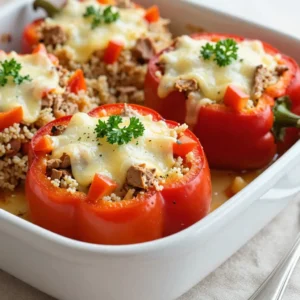 - 4 bell peppers (any color), diced - 1 cup quinoa, rinsed - 1 pound ground turkey or chicken - 1 small onion, finely chopped - 2 cloves garlic, minced - 1 can (15 oz) diced tomatoes, drained - 1 cup corn (frozen or canned) - 1 teaspoon ground cumin - 1 teaspoon smoked paprika - 1 teaspoon dried oregano - Salt and black pepper to taste - 1 cup shredded cheese (cheddar or mozzarella) - Fresh parsley, chopped, for garnish When I create Stuffed Bell Pepper Casserole, I focus on fresh flavors and fun colors. You can use any colored bell peppers. They add beauty and taste. I like to mix red, yellow, and green for a vibrant dish. Quinoa is a great base for this recipe. It adds a nutty flavor and packs in protein. Make sure to rinse it. This step removes the bitter coating. Ground turkey or chicken gives this dish a healthy twist. Onions and garlic bring a strong aroma. I finely chop the onion and mince the garlic. This helps them blend well with the other ingredients. Diced tomatoes add moisture and tang. They balance the dish nicely. Corn gives a sweet crunch. You can use frozen or canned corn, depending on what you have. Cumin, smoked paprika, and oregano are my go-to spices. They create a warm and inviting flavor. Don't forget to add salt and pepper to taste. Lastly, cheese ties everything together. Choose between cheddar or mozzarella for a melty finish. Fresh parsley on top adds a pop of color and freshness. Gather these ingredients, and you are ready to make a delicious meal that your family will love! {{ingredient_image_2}} - Preheat your oven to 375&deg;F (190&deg;C). This makes sure it&rsquo;s hot when you bake. - Cook 1 cup of quinoa in a pot. Use 2 cups of water and bring it to a boil. Lower the heat and let it simmer for about 15 minutes. Once it&rsquo;s fluffy, set it aside. - In a large skillet, heat over medium heat. Add 1 pound of ground turkey or chicken. Cook it until it turns brown. Break the meat apart with a spatula. Drain any extra fat to keep it light. - Add 1 small onion, finely chopped, and 2 cloves of minced garlic to the skillet. Saut&eacute; for 3-4 minutes. The onion should be clear and soft. - Toss in 4 diced bell peppers, 1 can of drained diced tomatoes, 1 cup of corn, the cooked quinoa, 1 teaspoon of ground cumin, 1 teaspoon of smoked paprika, 1 teaspoon of dried oregano, salt, and black pepper to taste. Mix well and cook for another 5 minutes. The bell peppers should start to soften. - Transfer the mixture into a greased 9x13-inch casserole dish. Spread it evenly. - Sprinkle 1 cup of shredded cheese on top. Choose between cheddar or mozzarella for the best flavor. - Cover the dish with aluminum foil and bake for 25 minutes. This helps the flavors blend nicely. - After 25 minutes, remove the foil. Bake for another 10 minutes, until the cheese is melted and slightly golden. - Once done, take it out from the oven. Let it cool for a few minutes. Garnish with chopped parsley for a fresh touch. - Best practices for cooking quinoa: Rinse the quinoa in cold water. This removes any bitter taste. Use two cups of water for every cup of quinoa. Bring the water to a boil, then reduce heat. Let it simmer until all the water is gone. This usually takes about 15 minutes. Fluff it with a fork when done. - How to achieve perfectly cooked ground meat: Use a large skillet over medium heat. Add your ground turkey or chicken. Stir often to break it apart. Cook until it turns brown and is no longer pink. Drain any extra fat. This keeps your dish light and tasty. - Ideas for garnishes and sides: Garnish your casserole with fresh parsley for color. Add a dollop of sour cream for creaminess. Slices of avocado also work well. Serve with a simple salad or crusty bread for a complete meal. - Family-style serving tips: Serve the casserole right from the dish. This makes it easy for everyone to help themselves. Use a large spoon to scoop out portions. Add extra parsley on top for a nice touch. Enjoy the meal together as a family! Pro Tips Use Colorful Bell Peppers: Mixing different colored bell peppers not only adds visual appeal but also enhances the flavor profile of your casserole. Cook Quinoa in Broth: For added flavor, cook your quinoa in vegetable or chicken broth instead of water. This infuses the grains with a richer taste. Let It Rest: Allowing the casserole to rest for a few minutes after baking helps the flavors meld together and makes it easier to serve. Experiment with Cheese: Try using a blend of cheeses, such as pepper jack for spice or feta for a tangy twist, to customize the flavor of your casserole. {{image_4}} You can easily change this dish to fit your needs. For a vegetarian option, swap out the meat for beans. Black beans or kidney beans work great. This adds protein and flavor while keeping it meat-free. If you want to try different grains, use brown rice or couscous. Brown rice gives a heartier texture. Couscous cooks fast and adds a light feel to the dish. Choose what fits your taste best! Adding spices can make your casserole burst with flavor. Try adding chili powder for heat or basil for a fresh note. These spices lift the dish and make it even more exciting. Cheese can also change the taste. If you want something different, try feta or goat cheese. These cheeses add creaminess and a tangy flavor that mixes well with the other ingredients. Let your taste guide your choices! To keep your stuffed bell pepper casserole fresh, follow these tips: - Refrigerating Leftovers: Let the casserole cool completely. Then, cover it tightly with plastic wrap or transfer it to an airtight container. Store it in the fridge for up to 4 days. This keeps the flavors nice and strong. - Freezing Options: For long-term storage, freeze the casserole. Wrap it well in plastic wrap and then in aluminum foil. It can last in the freezer for up to 3 months. Just label it with the date for easy tracking. When it&rsquo;s time to enjoy your leftovers, here&rsquo;s how to reheat them: - Oven Method: Preheat your oven to 350&deg;F (175&deg;C). Place the casserole in a baking dish and cover it with foil. Heat for about 25-30 minutes or until it&rsquo;s warm throughout. - Microwave Method: Put a portion in a microwave-safe bowl. Cover it loosely with a microwave-safe lid or plate. Heat in short bursts of 1-2 minutes, stirring in between, until hot. To keep the texture and flavor, avoid overheating. Enjoy each bite just as much as the first time! How long should I bake the casserole? Bake the casserole for 25 minutes covered with foil. After that, remove the foil and bake for an extra 10 minutes. This makes the cheese melt and bubble nicely. Can I prepare this casserole ahead of time? Yes, you can make this casserole ahead of time. Prepare it up to the baking step, then cover it and store it in the fridge. When ready to bake, just add a few extra minutes to the cooking time. What can I substitute for quinoa? If you need a substitute for quinoa, try brown rice or couscous. Both options add a nice texture and flavor to the dish. Just adjust the cooking time based on the grain you choose. This casserole is simple, healthy, and full of flavor. You learned how to make it using fresh ingredients like bell peppers and quinoa. I shared tips for cooking and serving that make it even better. You can easily change it up for different diets or flavor preferences. Now, you have the tools to create a dish that everyone will love, from start to finish. Get cooking and enjoy a delicious meal!