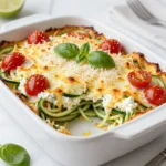 - 4 medium zucchinis (zoodles) - 1 cup cherry tomatoes - 1 cup ricotta cheese - 1 cup shredded mozzarella cheese - 1/2 cup grated Parmesan cheese - 2 cloves garlic, minced - 1 teaspoon dried oregano - 1 teaspoon dried basil - Salt and pepper to taste - 1 tablespoon olive oil - Fresh basil leaves for serving When I make Baked Parmesan Zoodle Casserole, I always start with fresh, vibrant ingredients. The zucchinis are the star here, spiralized into zoodles. They add a fun twist and keep the dish light. I recommend using medium zucchinis for the best texture. Cherry tomatoes bring a burst of sweetness. I slice them in half to help release their juices as they bake. Ricotta cheese adds creaminess, while mozzarella provides that melty goodness we all love. Grated Parmesan gives a nice, salty kick. For flavor, I use minced garlic, dried oregano, and dried basil. These spices blend well with the cheese and zoodles. I season with salt and pepper to enhance the taste. A splash of olive oil helps everything cook together nicely. Finally, fresh basil leaves are my favorite garnish. They add color and a fresh aroma. This combination of ingredients creates a tasty and satisfying casserole that is easy to make and sure to impress. {{ingredient_image_2}} Set your oven to 375°F (190°C). Preheating helps the casserole cook evenly. It’s like warming up before a game. Heat a skillet over medium heat. Add one tablespoon of olive oil. Once hot, toss in two cloves of minced garlic. Sauté for about 30 seconds. The smell will be amazing! Then, add the spiralized zucchini. Cook for 3-5 minutes until the zoodles soften. Season with salt, pepper, oregano, and basil. Remove from heat when tender. In a bowl, mix one cup of ricotta cheese. Add half a cup of shredded mozzarella and a quarter cup of grated Parmesan. Stir until creamy. This mix adds richness to your casserole. Grab a 9x13 inch baking dish. Spread half of the cooked zoodles at the bottom. Next, add half of the ricotta mixture. Scatter half a cup of halved cherry tomatoes on top. Repeat with the remaining zoodles, ricotta, and cherry tomatoes. This layering makes every bite delicious. Cover the dish with aluminum foil and place it in the oven. Bake for 20 minutes. After 20 minutes, take off the foil. Bake for another 10-15 minutes. Watch the cheese melt and turn golden brown. That’s when you know it’s ready! Once baked, let the casserole cool for about 5 minutes. This helps the flavors settle. Before serving, add fresh basil leaves for a pop of color and flavor. Enjoy your tasty dish! To avoid soggy zoodles, you need to remove extra moisture. After spiralizing the zucchini, sprinkle them lightly with salt. Let them sit for about 10 minutes. This will draw out water. Then, pat the zoodles dry with a clean towel. When cooking, sauté them for only 3-5 minutes. You want them tender but not mushy. This will keep your casserole firm and tasty. If you want to mix up the flavors, try different cheeses. Goat cheese adds a tangy taste. Feta cheese can bring a salty kick. For a rich flavor, consider adding cream cheese to the ricotta mix. You could also use sharp cheddar for a stronger taste. Use any cheese you enjoy. Just make sure it melts well! Pair your casserole with fresh side dishes to round out the meal. A simple green salad with lemon vinaigrette makes a great match. You can also serve it with garlic bread for a hearty option. For a lighter choice, steamed broccoli works well too. These sides enhance the meal and add color to your plate. Pro Tips Adjust Zoodle Thickness: For a heartier texture, spiralize the zucchinis thicker. This will give your casserole a satisfying bite and help prevent them from becoming too soggy during baking. Use Fresh Herbs: Fresh basil can elevate the flavor of your dish dramatically. If possible, use fresh herbs instead of dried for a more vibrant taste. Experiment with Cheese: Feel free to mix in other cheeses like feta or goat cheese for a different flavor profile. Just be mindful of the saltiness of the cheese you choose. Make Ahead: This casserole can be prepared a day in advance. Just layer everything and refrigerate until you're ready to bake. It may require a few extra minutes in the oven if baked straight from the fridge. {{image_4}} You can make this dish even better by adding more vegetables. Try bell peppers, spinach, or mushrooms. These veggies boost flavor and add nutrients. Chop them up and sauté with the zoodles. This step adds great taste and makes the dish colorful. You can mix and match veggies based on what you have. It’s fun to get creative! Want to make your casserole heartier? Add chicken or turkey. Cook the meat first, then shred or cube it. Mix the meat with the ricotta cheese mixture. Layer it just like the zoodles. This adds protein and turns your dish into a full meal. It's a great way to use leftovers, too. If you're watching carbs, don’t worry! You can easily make a low-carb version. Use fewer zoodles or swap them for other veggies like spaghetti squash. You can also skip the ricotta and use cottage cheese instead. This keeps the flavor but lowers the carbs. Enjoying a tasty meal while staying healthy is possible! To keep your Baked Parmesan Zoodle Casserole fresh, store it in an airtight container. Allow the casserole to cool down to room temperature first. Place it in the fridge for up to three days. If you want to keep it longer, consider freezing it instead. To reheat the casserole, use the oven for best results. Preheat your oven to 350°F (175°C). Place the casserole in a baking dish and cover it with foil. Heat for about 20 minutes or until warm. If you like a crispy top, remove the foil for the last 5 minutes. This keeps the cheese gooey and tasty. To freeze, first let the casserole cool completely. Then, wrap it tightly in plastic wrap and aluminum foil. This prevents freezer burn. You can freeze it for up to three months. When you're ready to eat, thaw it in the fridge overnight. Bake it in the oven at 350°F (175°C) until it's hot all the way through. Yes, you can use store-bought zoodles. They save time and effort. However, check the quality. Some brands have better texture and taste than others. Fresh zoodles often taste best, but store-bought can be a quick option in a pinch. Just make sure they are not too soggy. You can pat them dry with a paper towel before cooking to help with this. You can make zoodles without a spiralizer. Use a vegetable peeler to create thin strips. A box grater also works well for a different texture. Simply run the zucchini over the grater to get long, noodle-like pieces. You can also cut the zucchini into thin slices and then julienne them with a knife. All methods will give you tasty zoodles. Yes, you can prepare this casserole ahead of time. Assemble it in your baking dish, then cover and refrigerate it. It will keep well for up to 24 hours. When you are ready to bake, just add a few extra minutes to the cooking time. This makes it great for busy nights or meal prep. This blog post showed how to make a tasty zucchini casserole. We covered the key ingredients and arranged them step by step. You learned to cook zoodles, layer cheese, and bake until it’s perfect. I shared handy tips for texture, cheese swaps, and serving sides. Remember, you can add more veggies or protein if you like. This dish is great for leftovers too. Enjoying this meal can be easy and fun!