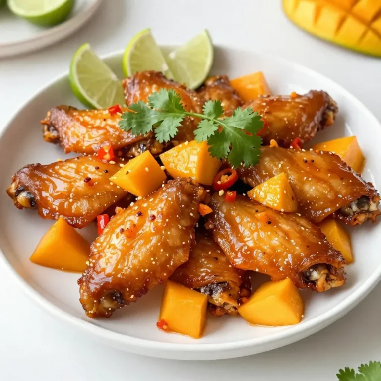 - 2 pounds chicken wings - 1 ripe mango, peeled and diced - 2 habanero peppers, deseeded and minced - 1 tablespoon extra virgin olive oil - Salt and freshly ground black pepper, to taste - 1/4 cup honey - 2 tablespoons soy sauce - 1 tablespoon freshly squeezed lime juice - 2 cloves garlic, finely minced - 1 teaspoon fresh ginger, grated To create the best Mango Habanero Wings, you need fresh, high-quality ingredients. The chicken wings serve as a perfect canvas for the sweet and spicy flavors. A ripe mango adds a fruity touch that balances the heat from the habaneros. You can adjust the heat by using more or fewer habaneros based on your taste. For the marinade, olive oil keeps the wings moist. Salt and pepper enhance the flavor. For the sauce, honey gives sweetness while soy sauce adds depth. Lime juice brightens the dish, and garlic and ginger provide a fragrant kick. Each ingredient plays a role in building layers of flavor, ensuring you have a dish that’s both exciting and delicious. {{ingredient_image_2}} To prepare the chicken wings, start by placing them in a large bowl. Add 1 tablespoon of extra virgin olive oil, salt, and black pepper. Mix the wings well using your hands or tongs. This helps coat every wing evenly. For the best flavor, let them marinate for at least 30 minutes at room temperature. You can also refrigerate them overnight for a deeper taste. For the sauce, grab a blender. Add 1 ripe mango, 2 minced habanero peppers, 1/4 cup honey, 2 tablespoons soy sauce, 1 tablespoon lime juice, 2 cloves of minced garlic, and 1 teaspoon grated ginger. Blend these ingredients until smooth. Taste it and adjust the heat or sweetness. Add more mango for sweetness or more habanero for extra heat. Next, preheat your oven to 425°F (220°C). Line a baking sheet with aluminum foil for easy cleanup. Place a wire rack on top to allow air to circulate around the wings. Lay the marinated wings on the rack in a single layer. Bake them for 35-40 minutes. Flip the wings halfway through. They should be golden brown and reach an internal temperature of 165°F (75°C). In the last 5 minutes of baking, take the wings out and brush them with the mango habanero sauce. Return them to the oven for 5 more minutes. This makes the glaze sticky and delicious. After baking, let the wings rest for a few minutes. Serve them hot on a big platter, with extra sauce on the side for dipping. For a nice touch, add fresh cilantro leaves and lime wedges for garnishing. To get crispy wings, start with a dry surface. Pat the wings with paper towels. This step helps remove moisture. Moisture makes wings soft, not crisp. Use a wire rack when baking. This rack allows hot air to flow around the wings. Place the wings in a single layer. Avoid stacking them to keep the skin crispy. Want more heat? Add more habanero peppers to your sauce. Start with one pepper if you’re unsure. You can always add more later. For less heat, remove the seeds from the peppers. You might try different peppers too. Jalapeños or serranos can give a milder kick while still offering flavor. Pair these spicy wings with cooling dips. Ranch or blue cheese dip works well. A fresh salad can balance the heat too. Try a simple green salad or coleslaw. For drinks, cold beers or sweet iced tea are great choices. They help tone down the spice and make your meal more enjoyable. Pro Tips Marination Magic: Allow your wings to marinate for at least 2 hours or overnight in the refrigerator for maximum flavor absorption. Adjusting Heat: If you prefer your wings less spicy, use only one habanero or substitute it with a milder pepper like jalapeño. Crispier Skin: For extra crispy wings, pat the wings dry with paper towels before marinating to remove excess moisture. Serving Suggestion: Pair your wings with a cooling dip like ranch or blue cheese to balance the heat from the habanero. {{image_4}} You can use chicken thighs or drumsticks instead of wings. Thighs have more meat and stay juicy, while drumsticks offer a fun, hands-on eating experience. Adjust your cooking time slightly; thighs may take about 45-50 minutes to cook. Drumsticks will also need a similar time. Always check the internal temperature. It should reach 165°F (75°C) for safety. For a gluten-free option, use tamari instead of soy sauce. It offers the same rich flavor without gluten. Always check labels on other ingredients too. Cross-contamination can happen if you cook in shared spaces. Use clean utensils and surfaces to avoid any gluten exposure. This way, everyone can enjoy the wings! If you want a vegan twist, try using cauliflower florets or tempeh. Both can soak up the mango habanero sauce well. Cut cauliflower into bite-sized pieces and follow the same marinating steps. Bake them for about 25-30 minutes until crispy. For tempeh, steam it first, then marinate and bake. This keeps the flavor while making it plant-based. To keep your mango habanero wings fresh, store them in the fridge. Place the wings in an airtight container. This helps to keep moisture in and odors out. Leftover wings will last for about 3 to 4 days. Make sure to let them cool before putting them away. This prevents condensation, which can make them soggy. If you want to save wings for later, freezing is a great option. First, freeze the wings and sauce separately. This keeps the wings crispy when you reheat them. Use freezer bags or airtight containers. Make sure to label them with the date. They can last in the freezer for up to 3 months. To reheat, take the wings out of the freezer and thaw them in the fridge overnight. You can also use the microwave for a quick thaw. Once thawed, bake them in the oven at 375°F (190°C) until heated through. Brush them with the sauce before baking for a tasty finish. Mango Habanero Wings pair well with several tasty sides. Here are some favorites: - Creamy coleslaw - Crispy French fries - Fresh vegetable sticks with ranch dip - Sweet potato fries - Garlic bread These sides balance the heat of the wings. They add crunch and freshness, making your meal complete. Yes, you can prepare the sauce in advance. Here are some tips: - Blend the ingredients as listed. - Store the sauce in an airtight container. - Keep it in the fridge for up to one week. This way, you save time on busy days. Just remember to mix it well before using. For dipping sauces, consider these options: - Creamy ranch dressing - Cool blue cheese dressing - Extra mango habanero sauce for more heat These sauces enhance the flavors of the wings. They cool down the spice while adding new taste. Grilling gives wings a smoky flavor. Follow these steps for grilling: 1. Preheat your grill to medium-high heat. 2. Marinate the chicken wings as instructed. 3. Place the wings on the grill. Cook for about 20-25 minutes. 4. Turn them often to avoid burning. Cook until they reach 165°F (75°C). 5. Brush the sauce on the wings during the last few minutes of grilling. Grilling adds a nice char. It makes the wings even more delicious and fun to eat! Mango Habanero Wings offer a delicious blend of heat and sweet. You learned about the key ingredients and how to marinate, prepare, and bake them. I shared tips to achieve crispy skin and adjust spice levels to fit your taste. Don’t forget the versatile variations for different diets. Follow the storage tips for leftovers and enjoy them later. With these methods, you'll impress everyone at your next gathering. Dive in and make these wings a star of your meals!
