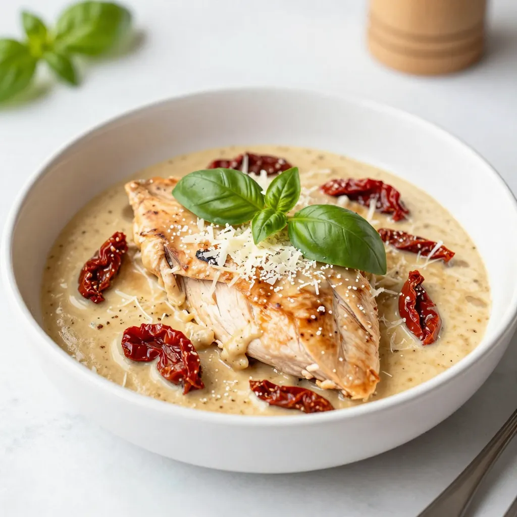 - 4 boneless, skinless chicken breasts - Salt and freshly ground black pepper - 1 teaspoon smoked paprika - 2 tablespoons extra virgin olive oil - 1 small onion, finely chopped - 3 garlic cloves, minced - 1 cup sun-dried tomatoes in oil, drained and chopped - 1 cup chicken broth - 1 cup heavy cream - 1 teaspoon Italian seasoning - Fresh basil leaves, for garnish - Grated Parmesan cheese, for serving To make creamy sun-dried tomato chicken, start with fresh chicken breasts. They add protein and flavor. Season them with salt, black pepper, and smoked paprika. This spice brings a nice warmth to the dish. Next, you need your creamy sauce components. Gather sun-dried tomatoes, chicken broth, and heavy cream. The sun-dried tomatoes add a tangy taste and vibrant color. The broth gives depth, while the heavy cream creates a rich and smooth texture. For optional garnishes, have fresh basil leaves ready. They add a lovely green touch and a fresh taste. Grated Parmesan cheese is also a must for serving. It enhances the dish with its salty, nutty flavor. These ingredients work together to create a tasty and satisfying meal that is easy to prepare. {{ingredient_image_2}} First, season the chicken breasts. Use salt, black pepper, and smoked paprika. Make sure to coat both sides evenly. This adds flavor and depth to the chicken. Next, it's time to cook the chicken. Heat olive oil in a large skillet over medium-high heat. Once the oil is hot, add the seasoned chicken breasts. Cook each side for about 6-7 minutes. Look for a golden brown color and an internal temperature of 165°F (75°C). Once done, take the chicken out and set it aside on a plate. Now, let’s make the sauce. Do not clean the skillet; it holds great flavor. Start by adding the finely chopped onion. Sauté it for 2-3 minutes until it turns translucent and soft. Then, add minced garlic and chopped sun-dried tomatoes. Cook this mixture for another 2 minutes. The aroma will fill your kitchen. After that, pour in the chicken broth. Stir well and bring it to a gentle simmer. Once simmering, mix in the heavy cream and Italian seasoning. Let the sauce thicken for about 3-5 minutes. For the finishing touches, add the cooked chicken back into the skillet. Spoon the creamy sun-dried tomato sauce over the chicken. Let it simmer for an extra 2-3 minutes. This helps the chicken soak up all the delicious flavors. Finally, plate the chicken breasts. Generously ladle more creamy sauce on top. Garnish with fresh basil leaves for color and flavor. A sprinkle of grated Parmesan cheese completes the dish. Enjoy your creamy sun-dried tomato chicken! - Ensuring chicken is juicy: Start by seasoning the chicken breasts well. Use salt, pepper, and smoked paprika. This adds flavor right from the start. Cook the chicken on medium-high heat for 6-7 minutes on each side. When done, the chicken should be golden brown and reach 165°F (75°C). Overcooking can dry it out, so watch the time closely. - Perfecting the creamy sauce: After cooking the chicken, keep the same skillet. This helps the sauce absorb all those tasty bits left behind. Sauté the onions until soft, then add garlic and sun-dried tomatoes. Pour in chicken broth and let it simmer. Stir in heavy cream and Italian seasoning for flavor. Let it thicken for 3-5 minutes. This makes the sauce rich and creamy. - Ideal serving accompaniments: Pair the creamy sun-dried tomato chicken with creamy mashed potatoes or pasta. Both options soak up the sauce nicely, making each bite delightful. You can also serve it with a side of steamed veggies for color and nutrition. - Garnishing ideas for visual appeal: Garnish with fresh basil leaves for a pop of green. A sprinkle of grated Parmesan cheese adds flavor and a nice touch. For an extra flourish, add a light dusting of cracked black pepper. This elevates the look and taste of your dish. Pro Tips Marinate for Flavor: Allow the chicken breasts to marinate in olive oil, garlic, and Italian seasoning for at least 30 minutes before cooking to enhance the flavor. Use High-Quality Tomatoes: Opt for sun-dried tomatoes packed in oil rather than dry ones; they add more flavor and moisture to the dish. Adjust Creaminess: For a lighter sauce, substitute half of the heavy cream with low-fat milk or a plant-based alternative while still achieving a creamy texture. Garnish Smart: Fresh basil not only adds color but also enhances the dish's aroma—add it just before serving to keep it vibrant and fresh. {{image_4}} You can change the sun-dried tomatoes if you want. Try using roasted red peppers instead. They add sweetness and a nice color. You might also enjoy using fresh tomatoes during summer. Just chop them and cook them down. For herbs, you can swap Italian seasoning with fresh basil or thyme. These will bring different flavors to your dish. If you like a bit of heat, try adding crushed red pepper flakes. They can kick up the spice level. If you're looking for low-fat options, use half-and-half or a low-fat cream. This will cut some calories but still give you a creamy texture. You can also use less oil when cooking the chicken. For a gluten-free version, make sure your chicken broth is gluten-free. Most brands offer this option. You can enjoy the same great taste without any worries. These variations let you customize your meal. You can make it fit your taste or dietary needs easily. To keep your creamy sun-dried tomato chicken fresh, use airtight containers. Glass or plastic containers work well. Make sure to let the chicken cool to room temperature before sealing it. Store the leftovers in the fridge for up to three days. If you want to save it for longer, you can freeze it. Wrap the chicken tightly in plastic wrap, then place it in a freezer-safe bag. It can last up to three months in the freezer. When you are ready to enjoy your leftovers, reheating gently is key. The best way is to use a skillet. Heat it over medium-low heat. Add a splash of chicken broth or cream to keep it moist. Place the chicken in the skillet and cover it with a lid. This method helps maintain the flavor and texture. You can also use the microwave. Place the chicken in a microwave-safe dish and cover it. Heat it in short bursts of 30 seconds, stirring in between, until it’s warm. Can I use fresh tomatoes instead of sun-dried? Yes, you can use fresh tomatoes. However, sun-dried tomatoes give a richer flavor. If you use fresh tomatoes, cook them longer to remove excess moisture. How to make it spicier? To add heat, try using red pepper flakes. You can also add a dash of hot sauce. Adjust the spice level to your taste. What sides pair well with this dish? Creamy mashed potatoes or pasta are great choices. You can also serve it with a simple green salad. These sides balance the creamy sauce nicely. Is this recipe suitable for meal prep? Yes, this recipe works well for meal prep. You can cook it ahead and store it in portions. Just reheat when you’re ready to eat. How long can leftovers be stored? Leftovers can last for about 3 to 4 days in the fridge. Ensure you store them in an airtight container to keep them fresh. This blog post covered a simple chicken dish with a creamy sauce, tips, and variations. You learned about key ingredients and how to perfect cooking methods. I shared tips for juicy chicken and appealing garnishes. You also discovered ways to adjust the recipe for different diets. Remember, cooking is about fun and creativity. Don't hesitate to experiment with flavors and ingredients. Enjoy your cooking journey and make this dish your own!