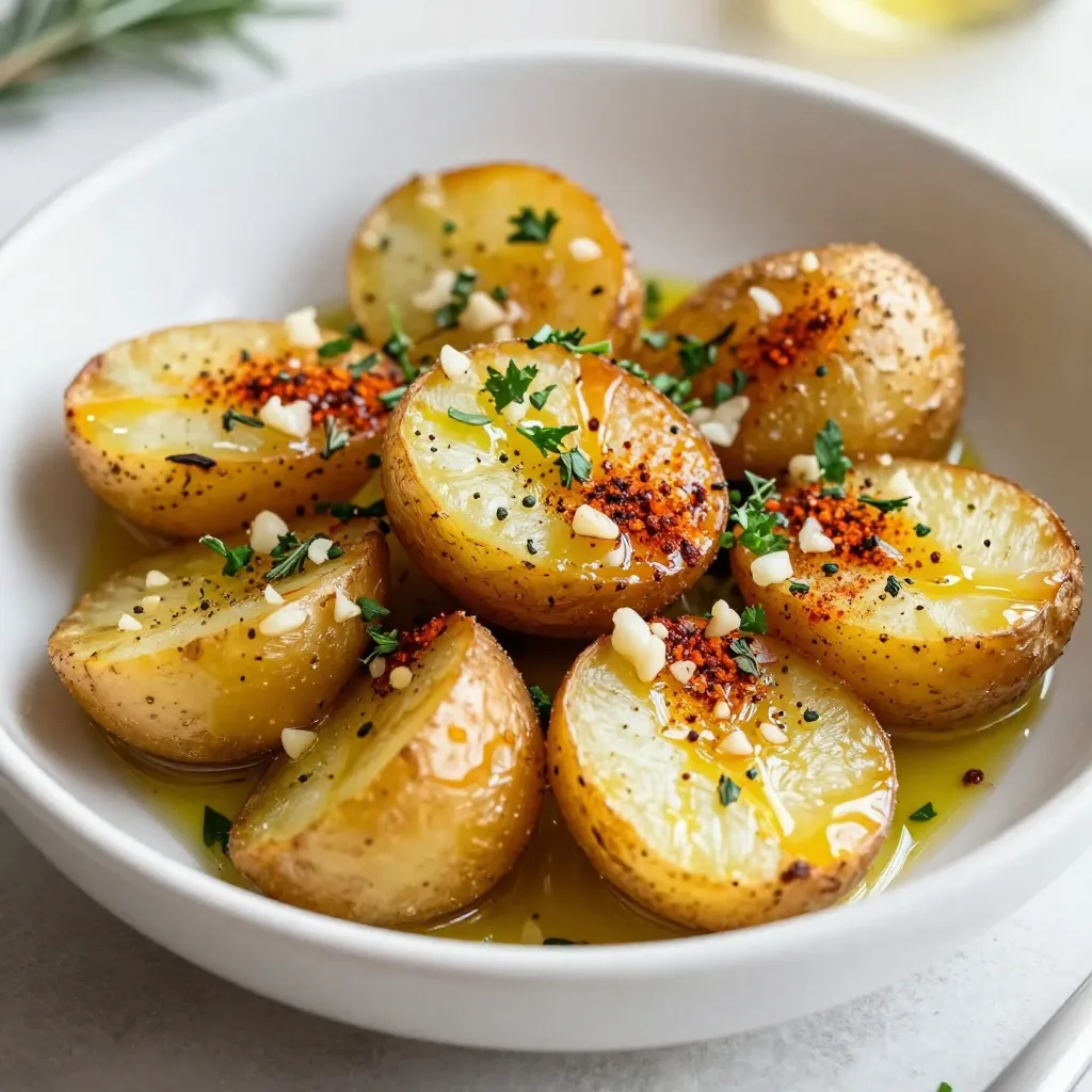 - 1.5 lbs baby potatoes, halved - 3 tablespoons extra virgin olive oil - 3 cloves garlic, finely minced - 1 teaspoon dried rosemary - 1 teaspoon dried thyme - 1 teaspoon smoked paprika - Salt and freshly cracked pepper to taste To make these herb roasted baby potatoes, you need simple yet flavorful ingredients. Baby potatoes are small and tender, making them perfect for roasting. The olive oil helps crisp the skin and adds a rich taste. Minced garlic gives a punch of flavor, while dried rosemary and thyme bring in earthy notes. Smoked paprika adds a subtle smokiness that enhances the overall taste. Don’t forget to season with salt and pepper! - Fresh parsley, finely chopped (for garnish) Fresh parsley is a key garnish for this dish. Its bright green color and fresh taste brighten the roasted potatoes. A sprinkle just before serving adds a lovely touch. - Baking sheet - Parchment paper - Large mixing bowl - Spoon or hands for tossing You need only a few tools to make this recipe. A baking sheet lined with parchment paper keeps the potatoes from sticking and makes cleanup easy. A large mixing bowl is perfect for tossing the potatoes with the oil and herbs. Use a spoon or just your hands to mix everything well. This simple setup allows you to focus on creating delicious roasted potatoes! {{ingredient_image_2}} Start by turning your oven to 425°F (220°C). This high heat helps the potatoes get crispy. While the oven heats, get a baking sheet. Line it with parchment paper. This makes cleanup easy and keeps the potatoes from sticking. In a big mixing bowl, place 1.5 lbs of halved baby potatoes. Drizzle in 3 tablespoons of extra virgin olive oil. This oil helps the herbs stick and adds flavor. Next, add 3 finely minced garlic cloves. Then, sprinkle in 1 teaspoon each of dried rosemary, dried thyme, and smoked paprika. Don’t forget some salt and freshly cracked pepper to taste. Mix everything well using your hands or a large spoon. Make sure each potato is coated in the oil and spices. Now, it’s time to roast! Spread the seasoned potatoes on the prepared baking sheet. Arrange them in a single layer with the cut sides down. This helps them get golden and crispy. Roast the potatoes in the oven for 25-30 minutes. Flip them halfway through cooking. This step is key for even browning. When done, the potatoes should look golden brown and smell amazing. Let them cool for a few minutes, then sprinkle some fresh parsley on top for color and fresh taste. Serve them warm and enjoy! To get crispy potatoes, start with dry baby potatoes. After washing, pat them dry with a towel. This step helps remove excess moisture. When you coat them in olive oil, make sure they are well-covered. Spread them out on the baking sheet with cut sides down. This position maximizes contact with the hot pan. Flip the potatoes halfway through cooking. This ensures even browning on all sides. You can boost the flavor in many ways. Try adding fresh herbs like rosemary or thyme instead of dried ones. Fresh herbs provide a brighter taste. You can also mix in spices like cayenne for heat or lemon zest for freshness. If you like cheese, sprinkle some grated Parmesan on top right before serving. This adds a savory kick to your dish. Serve your herb roasted potatoes in a rustic bowl. This makes them look inviting. Drizzle a little extra virgin olive oil on top for shine. Add a sprinkle of fresh parsley for color and taste. These potatoes pair well with grilled meats or a fresh salad. They are great as a side for any meal. Pro Tips Choose the Right Potatoes: For the best texture and flavor, opt for waxy baby potatoes like red or Yukon gold varieties. They hold their shape well during roasting. Season Generously: Don't skimp on the seasoning! A good amount of salt and pepper enhances the natural flavors of the potatoes and the herbs. Use High Heat: Roasting at a high temperature helps achieve that perfect crispy exterior while keeping the inside tender and fluffy. Experiment with Herbs: Feel free to mix and match your herbs! Fresh herbs can be used instead of dried for a more vibrant flavor, adding them just before serving. {{image_4}} You can change the herbs to suit your taste. Try using fresh herbs like rosemary or thyme. If you like a stronger flavor, add oregano or basil. For a unique twist, try dill or cilantro. Each herb adds its own special taste to the potatoes. You can cook these potatoes in many ways. An air fryer cooks them quickly and makes them super crispy. Just set the air fryer to 400°F and cook for 15-20 minutes. Shake the basket halfway through for even cooking. If you prefer grilling, toss the seasoned potatoes in a grill basket. Grill them over medium heat until tender and charred. Both methods give tasty results. Add seasonal veggies for a colorful dish. In spring, mix in asparagus or peas. In summer, add bell peppers or zucchini for fresh flavors. In fall, consider sweet potatoes or brussels sprouts for heartiness. Pair these potatoes with grilled meats or a fresh salad for a balanced meal. Each season brings new ways to enjoy this recipe. To store leftover herb roasted baby potatoes, let them cool first. Place them in an airtight container. You can keep them in the fridge for up to four days. This helps keep them fresh and tasty. When it's time to enjoy leftovers, preheat your oven to 350°F (175°C). Spread the potatoes on a baking sheet. Heat them for about 15-20 minutes. This will help them regain their crispiness. You might also use a microwave, but the oven makes them better. If you want to freeze the potatoes, let them cool completely. Place them in a freezer-safe bag or container. Remove as much air as possible to avoid freezer burn. These can be frozen for up to three months. When ready to eat, thaw them in the fridge overnight before reheating. Yes, you can use other potatoes. Yukon Gold or red potatoes work well. They have great taste and texture. If you choose larger potatoes, cut them into smaller pieces. This helps them cook evenly. To make this dish vegan, just stick to the recipe. The ingredients are already plant-based. Use olive oil and herbs as they are all vegan. Enjoy this tasty dish without any animal products. Herb roasted baby potatoes pair well with many dishes. Here are some ideas: - Grilled vegetables like zucchini and bell peppers - A fresh green salad with a light vinaigrette - Roasted chicken or tofu for protein - A creamy dip, such as hummus, for extra flavor These options create a colorful and balanced meal. In this post, we explored how to make herb roasted baby potatoes. We covered key ingredients and essential tools. You learned how to prepare, season, and roast the potatoes for crispiness. I shared tips for perfect results, fun variations, and how to store leftovers. Remember, you can switch up herbs or try different cooking methods. With these strategies, you’ll create a dish that shines. Enjoy your cooking, and let those potatoes be the star of your meal!