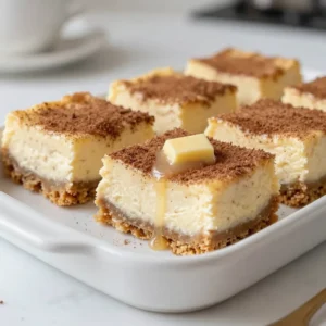 - 1 &frac12; cups graham cracker crumbs - &frac12; cup unsalted butter, melted - &frac14; cup granulated sugar The crust is the base of our churro cheesecake bars. It creates a crunchy texture that balances the creamy filling. First, you need to mix graham cracker crumbs with melted butter and sugar. This blend gives the crust a sweet and buttery flavor. Press this mixture into the pan firmly. It holds everything together. - 16 oz cream cheese, softened to room temperature - 1 cup granulated sugar - 2 large eggs, at room temperature - 1 teaspoon vanilla extract - 1 teaspoon ground cinnamon The filling is where the magic happens. Cream cheese brings richness. Sugar adds sweetness. Eggs help it set. Use room temperature cream cheese for a smooth mix. Beat it with sugar until creamy. Add eggs one by one; this keeps the filling smooth. Vanilla and cinnamon give it a warm, cozy taste. - &frac12; cup granulated sugar - 1 tablespoon ground cinnamon - &frac14; cup unsalted butter, melted (for brushing) The churro topping brings the fun. It gives our bars that classic churro flavor! Mix sugar and cinnamon in a bowl. Melt butter to brush over the cooled cheesecake. This step is key. It helps the sugar mix stick, creating that delicious topping. {{ingredient_image_2}} First, preheat your oven to 325&deg;F (160&deg;C). This step is key to getting a nice bake. While it heats, line a 9x9 inch baking pan with parchment paper. Leave some paper hanging over the sides. This helps you lift the cheesecake bars out later. In a medium bowl, mix together 1 &frac12; cups of graham cracker crumbs, &frac12; cup of melted unsalted butter, and &frac14; cup of granulated sugar. Stir until the crumbs are moist. Now, press this mixture firmly into the bottom of your baking pan. Bake it for 8-10 minutes until it turns lightly golden. After baking, let the crust cool for a few minutes. Take a large mixing bowl and add 16 oz of softened cream cheese. Use an electric mixer to beat it on medium speed until smooth. Gradually add in 1 cup of granulated sugar and mix well. Next, add 2 large eggs one at a time, mixing well after each. Finally, stir in 1 teaspoon of vanilla extract and 1 teaspoon of ground cinnamon. Make sure everything is mixed well. Pour the cheesecake filling over the cooled crust. Use a spatula to smooth the top. Bake it in the preheated oven for 30-35 minutes. The edges should be set, but the center can still jiggle a bit. When it's done, let it cool at room temperature. For the best taste, chill it in the fridge for at least 4 hours, or overnight if you can wait. While the cheesecake cools, you can make the churro topping. In a small bowl, mix &frac12; cup of granulated sugar with 1 tablespoon of ground cinnamon. Then, melt &frac14; cup of unsalted butter in a microwave-safe bowl until it&rsquo;s fully liquid. Once the cheesecake has cooled, brush the top with the melted butter. Now, sprinkle the cinnamon-sugar mix evenly over the buttered cheesecake. This gives it that delicious churro crust. To serve, take a sharp knife and cut the cheesecake into bars. Clean the knife between cuts for nice edges. Enjoy your churro cheesecake bars chilled. You can add a drizzle of melted butter and a light dusting of cinnamon-sugar on top. A dollop of whipped cream or vanilla ice cream makes it even better! To get a smooth filling, start with room-temperature cream cheese. Cold cream cheese can cause lumps. Beat the cream cheese well, mixing until it&rsquo;s creamy. Add sugar slowly, mixing fully after each addition. Add eggs one at a time, mixing after each to keep it smooth. Lastly, stir in vanilla and cinnamon gently. For the churro topping, mix the sugar and cinnamon well. Melt the butter until it&rsquo;s fully liquid. Brush it over the cooled cheesecake evenly. This helps the cinnamon-sugar stick better. Be generous with the topping for a rich flavor. The more you add, the more churro-like it will taste! To present your bars beautifully, chill them first. Drizzle extra melted butter on top for shine. Dust a bit more cinnamon-sugar over this for flair. Adding a dollop of whipped cream makes it fancy. You can also serve with a scoop of vanilla ice cream for extra delight. Enjoy showing off your creation! Pro Tips Use Room Temperature Ingredients: Ensure that your cream cheese and eggs are at room temperature before mixing. This helps to create a smoother filling without lumps. Don&rsquo;t Overmix: When incorporating the eggs into the cheesecake filling, mix just until combined. Overmixing can introduce too much air, leading to cracks in the baked cheesecake. Chill for Best Texture: For the best flavor and texture, allow the cheesecake to chill in the refrigerator overnight. This time helps the flavors meld and the texture to firm up perfectly. Customize Your Topping: Feel free to get creative with your churro topping! Try adding a touch of nutmeg or even a pinch of cayenne pepper for a spicy twist. {{image_4}} You can mix things up with churro cheesecake bars. Try adding chocolate. Swirl in melted chocolate before baking. It gives a rich taste that pairs well with cinnamon. You can also add fruit. Fresh strawberries or raspberries on top add a fun twist. Just layer them on before adding the churro topping. Want a gluten-free version? Use gluten-free graham crackers for the crust. They taste just as good! Make sure to check the labels. Some brands have gluten-free options. This way, everyone can enjoy these tasty bars without worry. If you need dairy-free options, swap the cream cheese. Use a dairy-free cream cheese alternative. There are many brands available now. For the butter, try coconut oil or a vegan butter substitute. These changes will keep the creamy texture and taste. You won&rsquo;t miss out on any flavor! Store your churro cheesecake bars in the fridge. Place them in an airtight container. They will stay fresh for up to five days. If you want to save space, cut them into bars before storing. This way, you can grab a piece quickly! You can freeze these cheesecake bars too. Wrap each bar in plastic wrap, then place them in a freezer-safe bag. They can last up to three months in the freezer. When you're ready to enjoy, move them to the fridge to thaw overnight. This keeps them fresh and tasty. To reheat your churro cheesecake bars, use an oven. Preheat it to 350&deg;F (175&deg;C). Place the bars on a baking sheet and cover them with foil. Heat for about 10-15 minutes. This method keeps them soft and creamy. Enjoy your warm treat with a drizzle of melted butter on top! To cut the cheesecake bars well, use a sharp knife. Dip the knife in hot water first. Wipe it clean after each cut. This keeps the edges neat and clean. Cutting while the bars are cold helps too. You can store these cheesecake bars in the fridge for up to five days. Keep them in an airtight container. This keeps them fresh and tasty. The flavors get even better as they sit! Yes, you can make these cheesecake bars ahead of time. They taste great after chilling overnight. This is a perfect treat for parties. Just remember to add the churro topping just before serving. If your cheesecake cracks, don&rsquo;t worry too much! It can still taste great. Let it cool slowly to avoid more cracks. You can also cover the cracks with the churro topping. It will look beautiful and delicious! In this post, we explored how to create delicious cheesecake bars with a churro topping. We broke down the necessary ingredients, including the crust, filling, and topping. Then we offered step-by-step instructions to guide you through baking and assembly. Tips on texture, presentation, and variations added extra value. Finally, we covered storage and answered common questions. Enjoy your cheesecake bars fresh, or experiment with your favorite flavors!