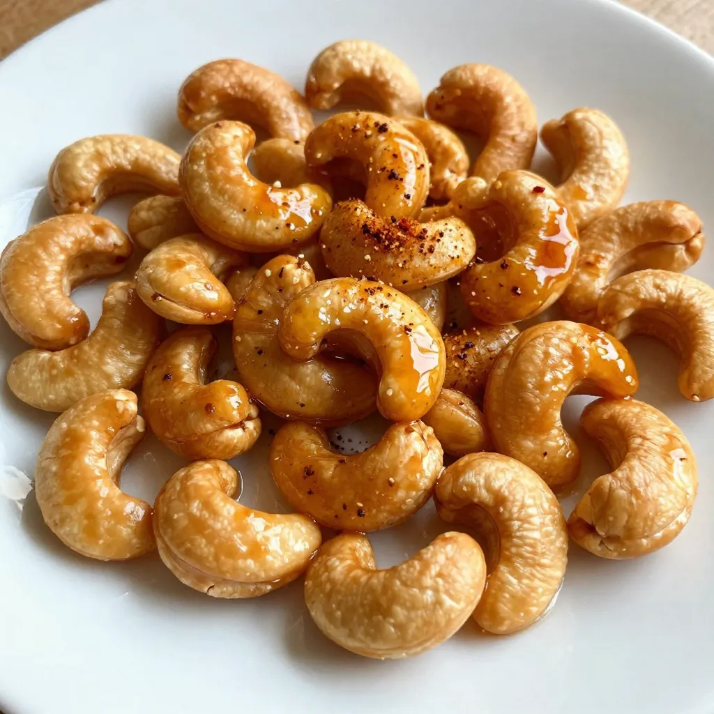 - 2 cups raw cashews - 2 tablespoons honey - 2 tablespoons Sriracha sauce - 1 tablespoon olive oil - 1 teaspoon garlic powder - 1/2 teaspoon salt - 1/4 teaspoon black pepper - 1/4 teaspoon smoked paprika (optional) To make Sriracha honey roasted cashews, start with raw cashews. You need about 2 cups. The raw nuts soak up flavors well and roast nicely. Next, you’ll add a sweet and spicy mix with honey and Sriracha sauce. Use 2 tablespoons of each to get that perfect balance. For extra taste, you can add garlic powder, salt, black pepper, and smoked paprika. Garlic powder gives a nice depth. The salt enhances flavor, while black pepper adds a bit of heat. Smoked paprika brings a subtle smoky touch; it’s optional but highly recommended. Finally, use olive oil to help everything stick together. Just 1 tablespoon works great. This oil also helps the nuts roast perfectly and adds richness to the flavor. {{ingredient_image_2}} First, preheat your oven to 350°F (175°C). This step warms the oven for even cooking. While it heats up, line a baking sheet with parchment paper. This will stop the cashews from sticking and make clean-up a breeze. Next, grab a large mixing bowl. In it, combine 2 tablespoons of honey, 2 tablespoons of Sriracha sauce, and 1 tablespoon of olive oil. Add 1 teaspoon of garlic powder, 1/2 teaspoon of salt, 1/4 teaspoon of black pepper, and 1/4 teaspoon of smoked paprika if you want an extra kick. Whisk or stir until the mix is smooth and well combined. Now, it’s time to add the cashews. Pour 2 cups of raw cashews into the bowl with the sauce. Toss them gently to coat each nut in the flavorful mix. Once coated, transfer the cashews to the baking sheet. Spread them out in a single layer, so they roast evenly. Place the baking sheet in your preheated oven. Roast the cashews for 15-20 minutes. Remember to stir them every 5 minutes. This helps them roast evenly and keeps them from burning. When they turn golden brown and fill your kitchen with a tasty aroma, they’re ready. Take the sheet out and let the cashews cool. They will get crispier as they cool down. Enjoy your spicy-sweet snack! To get that perfect crunch, start by spreading the cashews in a single layer on your baking sheet. This helps them roast evenly. Stir them every five minutes while they cook. This keeps them from burning and helps them crisp up nicely. After roasting, let them cool on the baking sheet. They will become even crunchier as they cool down. You can make these cashews your own! If you like more heat, add extra Sriracha. For a sweeter taste, add a bit more honey. Want a different flavor? Try adding some cayenne pepper or even a dash of lime juice. Taste the sauce before coating the cashews. Adjust it until it matches your taste. Cleaning up can be easy with parchment paper. It helps prevent sticking and makes for quick cleanup. After roasting, let the baking sheet cool. Then, simply roll up the parchment and throw it away. If any sticky bits stay stuck, soak the baking sheet in warm, soapy water for a bit. This will help loosen the remnants. Pro Tips Keep an Eye on Roasting: Cashews can go from perfectly roasted to burnt in a matter of minutes. Make sure to stir them every 5 minutes to ensure even cooking. Adjust the Spice Level: If you prefer a milder snack, reduce the amount of Sriracha or substitute it with a milder hot sauce. You can always add more later! Storage Tips: Once cooled, store the cashews in an airtight container to keep them fresh and crunchy. They can last up to two weeks at room temperature. Experiment with Flavors: Feel free to add other spices or nuts to the mix. A sprinkle of cayenne, or even some herbs like rosemary, can elevate the flavor further! {{image_4}} You can play with the sweetness and spice levels in this recipe. Try using maple syrup instead of honey for a different flavor. If you want more heat, add an extra tablespoon of Sriracha. For a milder snack, reduce the Sriracha to one tablespoon. Mixing in a little brown sugar can also add a nice caramel flavor. This balance creates a tasty mix that many will love. If you want to switch things up, consider using peanuts or almonds. Peanuts provide a classic crunch and a rich flavor. Almonds add a nice nuttiness that pairs well with the sauce. You can also use mixed nuts for a fun variety. Just remember to adjust the roasting time, as different nuts may cook faster or slower than cashews. Herbs can enhance these cashews in great ways. Try adding a teaspoon of dried thyme or rosemary for an earthy twist. You could also sprinkle in a bit of cayenne pepper for extra heat. For a touch of sweetness, consider mixing in cinnamon. These additions let you customize the flavor to fit your taste. To keep your Sriracha honey roasted cashews fresh, store them in an airtight container. Glass jars or plastic containers work well. Make sure the lid is tight. This keeps air and moisture out, which helps maintain crunch. If you have a lot, consider dividing them into smaller portions. This way, you only open what you need. Roasted cashews can last up to two weeks if stored correctly. Store them in a cool, dry place, away from sunlight. If you want to keep them longer, you can freeze them. Just place them in a freezer-safe bag. They can stay fresh for up to three months in the freezer. When ready to eat, let them thaw at room temperature. If your cashews lose their crunch, don't worry! You can easily recrisp them. Spread the cashews on a baking sheet. Preheat your oven to 350°F (175°C). Roast them for about 5-10 minutes. Keep an eye on them to avoid burning. Once they cool, they will be crispy again, ready for snacking! Yes, you can use roasted cashews. However, the flavor will change. Roasted cashews may not absorb the sauce as well. This can affect the taste and crunch. If you choose roasted, watch the roasting time closely. They may need less time in the oven. If you lack Sriracha, use another hot sauce. Choose one with a similar heat level. You can also mix chili paste with honey. This will give you a sweet and spicy flavor. Adjust the amount to match your taste. To make this recipe vegan, simply swap honey for maple syrup. Maple syrup gives a sweet taste just like honey. It also mixes well with the spicy Sriracha. The other ingredients remain the same. You’ll still enjoy a tasty snack. Sriracha honey roasted cashews provide healthy fats and protein. Cashews are good for heart health. They also contain vitamins and minerals. However, they do have sugar from honey. Enjoy them in moderation as a snack. This blog post covered how to make delicious roasted cashews. We discussed the key ingredients, like cashews and Sriracha, for a sweet and spicy kick. I shared step-by-step instructions to ensure perfect roasting. You learned tips for crunchiness and flavor adjustments, plus storage tricks to keep them fresh. Now, it’s your turn to try this easy recipe. Use it to impress friends or enjoy as a snack. Happy roasting!