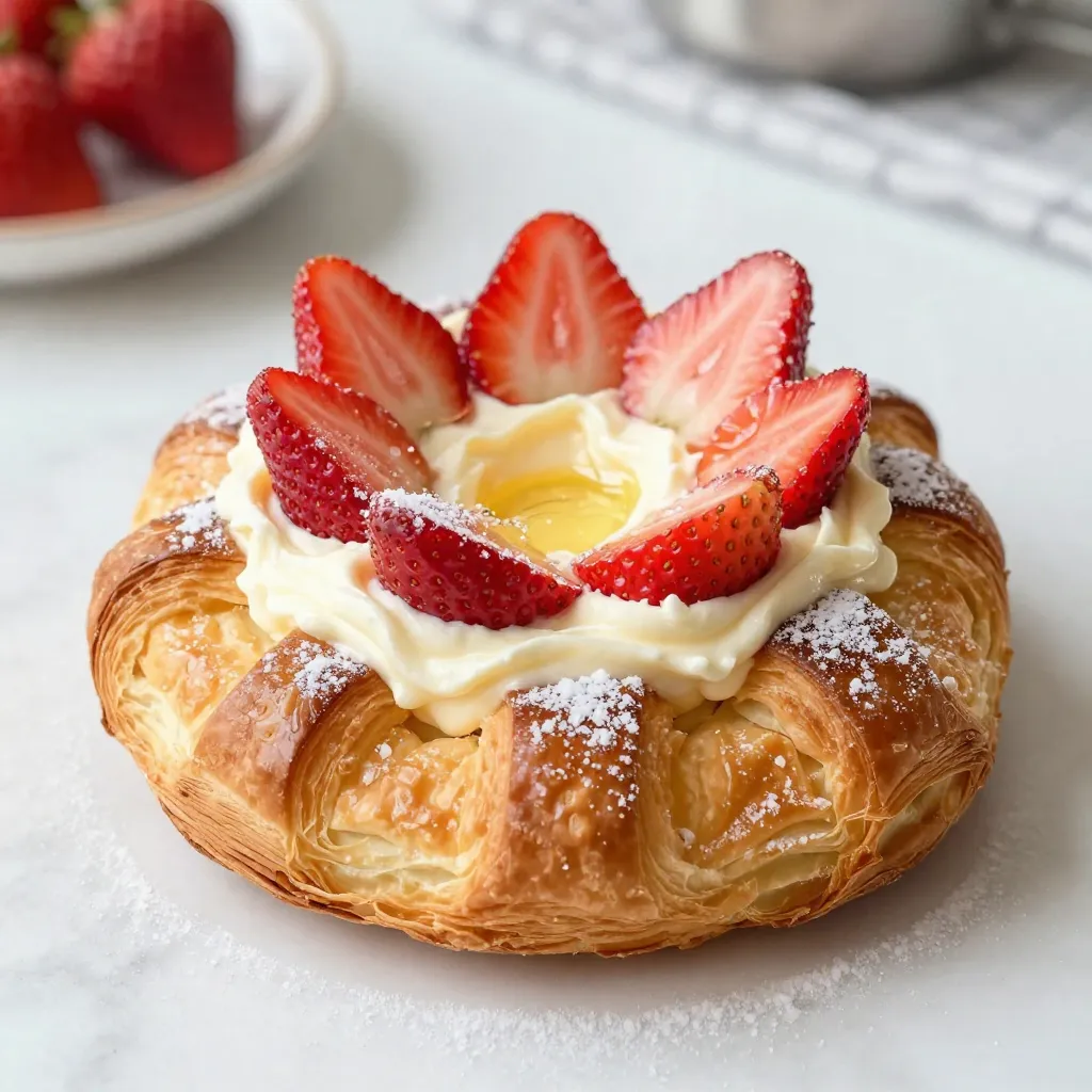 - 1 sheet of puff pastry, thoroughly thawed - 4 oz cream cheese, softened to room temperature - 1/4 cup powdered sugar, plus extra for garnish - 1 teaspoon pure vanilla extract - 1 cup fresh strawberries, hulled and thinly sliced - 1 tablespoon fresh lemon juice - 1 egg, beaten (for egg wash) - 1 tablespoon granulated sugar (for topping) When making a Strawberry Cream Cheese Danish, gather all the right ingredients. Each part plays a key role in the taste and texture. Puff pastry is the base. It gives the Danish its flaky and buttery charm. Look for a good-quality sheet that is well-thawed for best results. Next, the cream cheese adds a creamy layer. It blends well with the sweet powdered sugar and vanilla. This mixture creates a rich filling that pairs perfectly with strawberries. Fresh strawberries are a must. They bring natural sweetness and bright color. The lemon juice helps enhance their flavor. Plus, it adds a hint of tanginess to balance the creaminess. Don't forget the egg for the wash. It helps the pastry turn golden and shiny. The granulated sugar gives a nice crunch on top after baking. - Baking sheet - Parchment paper - Mixing bowls - Pastry brush Using the right tools makes cooking easier. A baking sheet lined with parchment paper keeps the Danish from sticking. Mixing bowls help combine ingredients smoothly. A good pastry brush is key for applying egg wash evenly. This ensures a beautiful finish on your Danish. With these ingredients and tools, you're all set to create a delightful Strawberry Cream Cheese Danish! {{ingredient_image_2}} - Preheat your oven to 400°F (200°C). - Prepare a baking sheet by lining it with parchment paper. - On a clean surface, roll out the puff pastry. - Cut the pastry into four equal squares. - In a bowl, mix cream cheese, powdered sugar, and vanilla. - In another bowl, combine sliced strawberries with lemon juice. - Place a spoonful of the cream cheese mixture in the center of each square. - Fold the corners of each square toward the center and seal them. - Brush the tops with beaten egg and sprinkle with sugar. - Bake for 15–20 minutes until golden brown. To make a great Danish, you need the right puff pastry thickness. Roll out the puff pastry until it is 1/8 inch thick. This thickness helps it puff nicely. If it’s too thick, it may not bake well. If it’s too thin, it may not hold the filling properly. Prevent sogginess by using parchment paper on your baking sheet. This keeps the bottom crisp. Also, avoid overfilling the pastries. Too much filling can cause leaks and sogginess. You can change the sweetness in your cream cheese mix. Instead of powdered sugar, try using honey or maple syrup. These natural sweeteners give a different taste. You can also add flavors like almond extract or citrus zest for more depth. For a fun twist, sprinkle in some spices. Cinnamon or nutmeg can add warmth. A little pinch can make a big difference in taste. To enhance the sweetness of your strawberries, sprinkle them with a bit of sugar. Let them sit with lemon juice for five minutes. This process draws out their juices and boosts their flavor. If strawberries aren’t in season, use other fruits. Blueberries or raspberries work well. You can even mix fruits for a colorful twist. Each option brings its own unique taste to the Danish. Pro Tips Keep Pastry Cold: Ensure your puff pastry remains cold until just before baking for the best rise and flaky texture. Experiment with Fillings: Feel free to substitute strawberries with other fruits like blueberries or raspberries for a different flavor profile. Perfect the Egg Wash: For a beautiful golden finish, brush the pastries with egg wash evenly and avoid pooling. Serve Warm: These pastries are best enjoyed warm, so serve them immediately after cooling slightly for the best flavor and texture. {{image_4}} You can easily change the fruit in this recipe. Blueberries and peaches are great choices. Just swap the strawberries for your favorite fruit. For a mixed berry Danish, combine strawberries, blueberries, and raspberries. The mix adds color and flavor. Want to add extra flavor? Try adding chocolate chips or chopped nuts. They give a nice crunch and richness. You can also add a sprinkle of cinnamon or nutmeg to the cream cheese mixture. These spices bring warmth and depth to your Danish. If you need a gluten-free version, use gluten-free puff pastry. Many brands offer this option now. For a vegan alternative, replace the cream cheese with a plant-based cream cheese. You can also use a flax egg instead of a regular egg for the wash. These swaps keep your Danish delicious and friendly for all diets. To keep your Strawberry Cream Cheese Danish fresh, I recommend refrigerating them. Place any leftover Danishes in an airtight container. This helps prevent them from drying out. They will stay good for about three days in the fridge. If you want to keep them longer, freezing is a great option. Wrap each Danish tightly in plastic wrap, then place them in a freezer bag. They can last up to two months in the freezer. When you’re ready to enjoy them, just thaw them overnight in the fridge. To enjoy your Danish again, reheating is key. The oven works best for this. Preheat your oven to 350°F (175°C). Place the Danishes on a baking sheet and heat for about 10 minutes. This will keep the pastry crisp. If you are short on time, you can use the microwave. Heat each Danish for about 15 to 20 seconds. However, this may make the pastry less crispy. The oven method gives the best texture and taste. Yes, you can make this Danish ahead of time. Prepare the cream cheese filling and the strawberries the night before. Store them in the fridge. When ready, assemble and bake the pastries. This method saves you time and ensures they stay fresh. You can swap strawberries for many fruits. Here are some great options: - Blueberries - Raspberries - Peaches - Apples - Cherries Each fruit adds a unique taste. Feel free to mix and match! Making dough from scratch is easy! You can use a simple puff pastry recipe. Combine flour, salt, and cold butter. Add cold water to form a dough. Roll and fold the dough several times to create layers. Chill before using it for flaky results. The Danish stays fresh for about 2-3 days in the fridge. Store them in an airtight container. For longer storage, you can freeze them. They last up to a month in the freezer. Reheat in the oven for the best taste! You learned how to make a delicious Strawberry Cream Cheese Danish. We covered the essential ingredients, equipment, and easy steps. I shared tips for perfecting your pastry and customizing your filling. You can explore fruity variations and dietary options too. Remember to store leftovers properly and reheat them for the best taste. Try this recipe for a delightful treat that’s sure to impress. Enjoy your baking adventure!