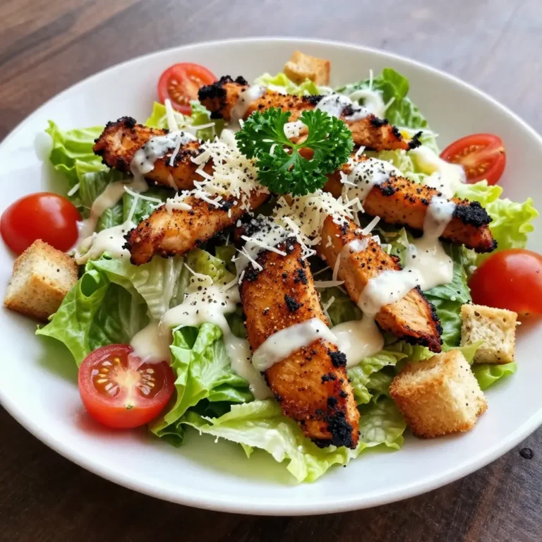 - 2 boneless, skinless chicken breasts - 2 tablespoons Cajun seasoning - 1 tablespoon olive oil When making blackened chicken, I use boneless, skinless chicken breasts. They cook fast and stay juicy. Next, I coat them with Cajun seasoning. This mix gives a bold, spicy flavor. A tablespoon of olive oil helps the chicken brown nicely. It also adds flavor and moisture. - 4 cups romaine lettuce, chopped - 1 cup cherry tomatoes, halved - 1/4 cup grated Parmesan cheese - 1/2 cup croutons (store-bought or homemade) For the salad base, I start with fresh romaine lettuce. I chop it into bite-sized pieces for easy eating. Cherry tomatoes add sweetness and color. I like to halve them for a nice look. Grated Parmesan cheese gives a salty kick. Croutons add crunch and texture to the salad. - 3 tablespoons Caesar dressing - Freshly ground black pepper, to taste - Fresh parsley, chopped, for garnish Caesar dressing ties everything together. I use three tablespoons, but you can adjust to your taste. I sprinkle freshly ground black pepper on top for some heat. Finally, I garnish with chopped parsley. This adds a fresh touch and bright color. {{ingredient_image_2}} 1. Seasoning the chicken: Take the chicken breasts and coat both sides with Cajun seasoning. Make sure you cover every inch for great taste. 2. Cooking the chicken in a skillet: Heat olive oil in a large skillet over medium-high heat. Once the oil shimmers, add the seasoned chicken. Cook for 5-7 minutes on each side. You want a nice blackened crust and an internal temperature of 165°F (75°C). 3. Allowing chicken to rest and slicing: After cooking, remove the chicken from the skillet. Place it on a cutting board and let it rest for 5 minutes. This keeps the juices in. Slice the chicken into thin strips. 1. Mixing the salad base ingredients: In a large bowl, combine the chopped romaine lettuce and halved cherry tomatoes. Toss them well to mix. 2. Adding croutons and Caesar dressing: Next, sprinkle in the croutons. Drizzle the Caesar dressing over everything. Gently toss until the salad is well-coated. 3. Layering the sliced chicken and garnishing: Place the sliced blackened chicken on top of the salad. Add grated Parmesan cheese and freshly ground black pepper. Finish by garnishing with chopped parsley for a fresh look. - Ensuring a crispy blackened crust: Start with a dry chicken breast. Pat it down with paper towels. The drier the surface, the better the crust. Use enough Cajun seasoning and a hot skillet. This helps to create that nice char. - Optimal internal temperature for chicken: Cook the chicken until it reaches 165°F (75°C). Use a meat thermometer to check. This ensures it's safe and juicy. If it's undercooked, you risk foodborne illness. - Letting chicken rest before slicing: After cooking, let the chicken rest for 5 minutes. This step keeps the juices in the meat. Slicing too soon can dry it out. - Presentation ideas for family-style or individual servings: For family-style, serve the salad in a large bowl. This invites everyone to dig in. For individual servings, use smaller plates. Layer the salad neatly for a nice look. - Enhancements for flavor and texture: Add more cherry tomatoes or croutons on top. This gives extra crunch and color. You can also sprinkle more Parmesan cheese for a richer taste. Fresh herbs like basil or cilantro can elevate the flavors, too. Pro Tips Season Generously: Don't be shy with the Cajun seasoning; a generous coating enhances the flavor of the chicken and gives it that signature blackened crust. Rest the Chicken: Allowing the chicken to rest after cooking ensures that the juices redistribute, resulting in a more tender and juicy bite. Fresh Ingredients: Use fresh romaine and ripe cherry tomatoes for the best texture and flavor. Fresh ingredients make a significant difference in salads. Custom Dressing: Feel free to make your own Caesar dressing for a fresher taste. Homemade dressings can elevate your salad to the next level. {{image_4}} If you want to switch up your protein, consider grilled shrimp or fish. Shrimp cooks quickly and adds a nice flavor. A light white fish like tilapia or cod can also work well. Simply season the shrimp or fish with the same Cajun blend for that spicy kick. For those who prefer a plant-based option, try marinated tofu or chickpeas. Tofu absorbs flavors well, making it a great choice. Chickpeas add protein and texture. Just roast them with some spices for a crunchy bite. You can change the greens in your salad for a new twist. Try using kale or spinach instead of romaine. Both add nutrients and flavor. If you like a bit of crunch, add shredded carrots or bell peppers. For dressings, Caesar is a classic, but you can explore others. A tangy balsamic vinaigrette or a zesty lime dressing can bring a fresh taste. You could even make a yogurt-based dressing for a lighter option. Each swap offers a different flavor and keeps the dish exciting. To keep your Blackened Chicken Caesar Salad fresh, you need to store it right. First, separate the chicken from the salad. This helps keep the greens crisp. Place the chicken in an airtight container. You can wrap the salad in plastic wrap or use another container. Store the salad in the fridge. It stays fresh for about 1-2 days. The lettuce may wilt after that, so it's best to eat it soon. When it's time to eat the chicken again, you want to keep it juicy. The best method is to reheat it slowly. You can use a skillet on low heat. Add a splash of water to keep it moist. Cover the skillet to help heat it evenly. If you have leftover chicken, you can use it in other dishes. Shred it for wraps or add it to pasta. It also works well in soups or tacos. This way, you enjoy the flavor without wasting food. Blackened chicken is a flavorful dish. It features chicken breasts coated with Cajun seasoning. This seasoning adds spice and depth. You cook the chicken in a hot skillet with olive oil. The heat chars the outside, creating a blackened crust. This method locks in juices and flavors. You want the chicken to reach 165°F (75°C) for safe eating. Yes, you can prepare this salad ahead. I recommend cooking the chicken first. After it cools, slice it and store it in the fridge. You can mix the salad base in a separate bowl. Just wait to add the dressing until you are ready to eat. This keeps the lettuce crisp and fresh. You can also store the croutons separately to keep them crunchy. This salad goes great with light sides. Consider serving it with a fresh fruit salad. You can also add some roasted vegetables for a warm touch. For drinks, iced tea or lemonade work well. If you prefer wine, a chilled Sauvignon Blanc is a good choice. These pairings enhance the salad's flavors and keep the meal balanced. In this post, I shared how to make a tasty Blackened Chicken Caesar Salad. We covered ingredients like chicken, romaine, and Parmesan. I detailed step-by-step instructions for cooking and assembling your dish. Tips included how to achieve that perfect crispy crust. I also presented variations and storage advice for your leftovers. Remember, cooking can be fun and creative. Enjoy making this meal your own!