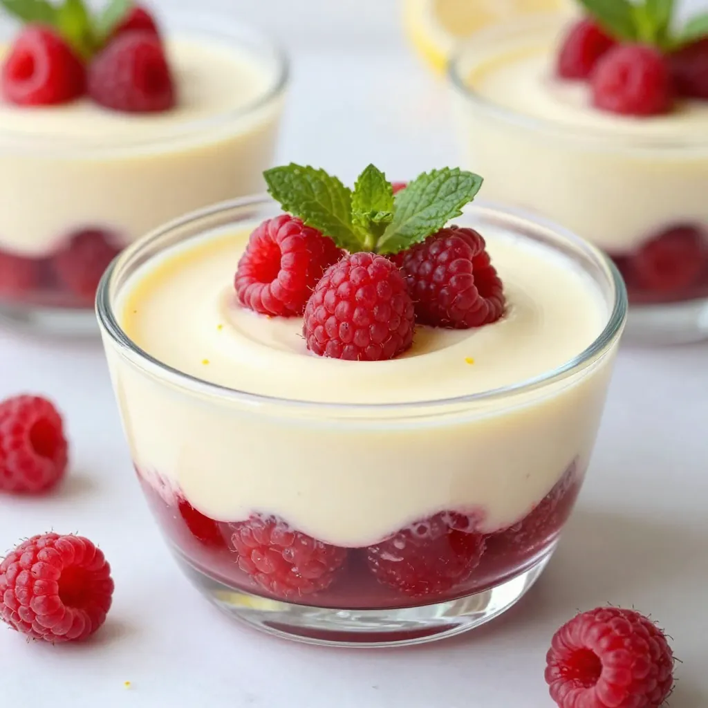 - 1 cup fresh raspberries - 2 tablespoons granulated sugar - 1 tablespoon fresh lemon juice - 1 cup cream cheese, softened - 1/2 cup powdered sugar - 1 teaspoon pure vanilla extract - 1 cup heavy cream - Zest of 1 lemon - Optional garnishes To create the perfect Raspberry Lemon Cheesecake Mousse, you need fresh ingredients. Start with 1 cup of fresh raspberries. They give a bright flavor and vibrant color. Use 2 tablespoons of granulated sugar to sweeten the raspberries. The sugar helps bring out their natural juices. Add 1 tablespoon of fresh lemon juice. This adds a zesty kick that enhances flavor. Next, you’ll need 1 cup of cream cheese, which should be softened to room temperature. The cream cheese creates a rich, creamy base. For sweetness, use 1/2 cup of powdered sugar. This sugar blends well into the mixture. You’ll also need 1 teaspoon of pure vanilla extract for depth. Don’t forget the heavy cream. You will need 1 cup, whipped until it forms stiff peaks. This gives the mousse a light and airy texture. Lastly, add the zest of 1 lemon. This will brighten the dish with fresh citrus notes. Optional garnishes include fresh mint leaves. They add color and a touch of elegance to your mousse. These ingredients come together to make your dessert a delightful layered treat. {{ingredient_image_2}} - In a small bowl, combine 1 cup of fresh raspberries, 2 tablespoons of granulated sugar, and 1 tablespoon of fresh lemon juice. - Use a fork to mash the raspberries gently. This helps release their juices. Let the mixture sit for about 10 minutes to marinate and soften. - Take 1 cup of softened cream cheese and place it in a large bowl. - Beat the cream cheese with an electric mixer until it is smooth. - Gradually add in 1/2 cup of powdered sugar and 1 teaspoon of pure vanilla extract. Mix until well combined and lump-free. - Now, add the zest of 1 lemon into the cream cheese mixture. This adds a bright flavor. - In another bowl, whip 1 cup of heavy cream until stiff peaks form. This gives the mousse its light texture. - Carefully fold the whipped cream into the cream cheese mixture with a spatula. Do this gently to keep the mousse airy. - Next, fold in the marinated raspberries gently. Keep some raspberry chunks for texture. - Spoon the raspberry lemon cheesecake mousse into individual serving glasses. Distribute the mousse evenly among them. - Cover each glass with plastic wrap. - Refrigerate the mousse for at least 2 hours. This helps the flavors meld and the mousse to firm up. To get that light and airy mousse, whipped cream peaks are key. Stiff peaks mean the mousse will hold its shape. When you whip the cream, stop once you see peaks that stand tall. For gentle folding, use a spatula. Start from the bottom and lift the mixture. Turn the bowl as you fold. This keeps air in, giving your mousse a fluffy texture. To make your mousse look great, garnish with fresh mint leaves and whole raspberries. A drizzle of honey adds a sweet touch. You can use clear glasses to show the lovely layers. This makes for a pretty dessert. You can prepare this mousse a day in advance. Just cover it well and store it in the fridge. This lets the flavors blend nicely. Keep it in airtight containers to prevent drying out. Enjoy your delicious treat when you are ready! Pro Tips Use Fresh Ingredients: Always opt for fresh raspberries and lemons to enhance the flavor profile of your mousse. Chill Your Bowls: For an extra light and fluffy whipped cream, chill your mixing bowl and beaters before whipping. Layer for Presentation: When serving, consider layering the mousse with additional raspberry sauce or whole raspberries for a visually appealing dessert. Experiment with Flavors: Feel free to add a splash of liqueur, like limoncello, for an adult twist on this classic dessert. {{image_4}} You can change the flavor of your mousse easily. Instead of raspberries, use strawberries or blueberries. Both fruits add a sweet touch. They also pair well with lemon. You can also try different citrus flavors. Lime or orange zest can give a fresh twist. This helps create new taste experiences. If you want to make it lighter, consider using low-fat cream cheese. This option keeps the creamy texture but cuts calories. You can also swap granulated sugar for sugar substitutes. Options like stevia or monk fruit can help reduce sugar intake without losing taste. For a vegan version, use plant-based cream cheese. Coconut cream works great for a rich texture. If you need it gluten-free, check your sugar and cream cheese labels. Most brands are gluten-free. This way, everyone can enjoy this yummy dessert without worry. To keep your raspberry lemon cheesecake mousse fresh, refrigeration is key. Here are my best tips: - Use airtight containers. This helps prevent any odors from other foods affecting your mousse. - Cover with plastic wrap. Make sure the wrap touches the surface of the mousse to reduce air exposure. - Keep in the main part of the fridge. Avoid the door, where temperatures fluctuate more. If you want to freeze the mousse, here's how to do it: - Spoon into freezer-safe containers. Leave some space at the top for expansion. - Cover tightly. Use plastic wrap and a lid for extra protection. - Label and date. This helps you keep track of how long it's been stored. For the best flavor and texture, follow these guidelines: - In the fridge: Enjoy your mousse within 3 to 5 days. This timeframe helps maintain its creamy texture and fresh taste. - In the freezer: It can last for about 1 to 2 months. However, the texture may change slightly after thawing. Keep an eye out for signs of spoilage: - Unpleasant smell: If it smells off, it's best to discard it. - Changes in texture: If it looks watery or grainy, it may be spoiled. - Color changes: Any unusual spots or discoloration mean it’s time to throw it away. By following these tips, you ensure that your raspberry lemon cheesecake mousse stays delightful and delicious! To reduce sweetness, you can use less sugar. Try cutting the granulated sugar to 1 tablespoon. You can also add more lemon juice. The tartness from the lemon will balance the sweetness. If you want a richer flavor, consider adding more raspberries. Their natural tartness will help too. Yes, you can use frozen raspberries. Just be sure to thaw them first. Drain any excess liquid after thawing. This will help keep the mousse from becoming too watery. Frozen raspberries may be softer, so handle them gently to keep some chunks. If you want a different taste, try using mascarpone cheese. It has a rich and creamy flavor. You can also use Greek yogurt for a lighter option. It will still give you a nice texture and tang. Just keep in mind that the taste will change slightly with each substitute. This blog explained how to make a delightful raspberry mousse. You learned about the ingredients, preparing the raspberry mixture, and mixing the cream cheese. We covered tips for perfect texture and serving ideas. You also saw variations and storage best practices. Try this raspberry mousse for a fresh dessert. Enjoy it with your friends or family!