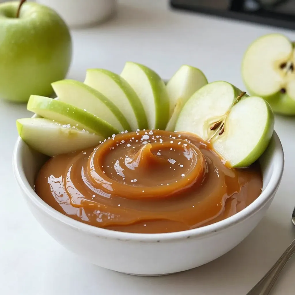 - Apples: I suggest using Granny Smith or Honeycrisp apples. They add a nice tartness that balances the sweet caramel. - Sweeteners: You'll need 1 cup of granulated sugar. This sugar melts smoothly to create that rich caramel flavor. - Dairy: Use 6 tablespoons of unsalted butter. Cut it into small pieces for easy melting. Also, have 1/2 cup of heavy cream on hand. This gives the caramel a creamy texture. - Flavorings: Add 1 teaspoon of pure vanilla extract to enhance the flavor. Finally, sprinkle in 1/2 teaspoon of flaky sea salt. This adds a perfect salty touch that makes the dip irresistible. Don't forget to save extra salt for garnish! With these ingredients, you're ready to create a delicious, sweet, and salty dip that pairs perfectly with apples. {{ingredient_image_2}} Melting the sugar: Tips for success Start with a medium-sized saucepan. Add one cup of granulated sugar. Set your heat to medium-low. Stir the sugar gently with a wooden spoon. Watch it closely as it melts. This can take about 7 to 10 minutes. The sugar will change to a deep amber color. Be careful not to let it burn. If it starts to smoke, reduce the heat. Incorporating butter: Best practices Once the sugar melts, add six tablespoons of unsalted butter. Cut the butter into small pieces for easy melting. Stir until the butter fully blends into the caramel. This step adds richness and depth to the flavor. Adding heavy cream: What to expect Next, pour in half a cup of heavy cream. The mixture will bubble and steam. Keep stirring until it becomes smooth. This process creates a creamy caramel sauce, perfect for dipping. Mixing in flavorings: Importance of vanilla and salt After removing the pan from heat, add one teaspoon of pure vanilla extract and half a teaspoon of flaky sea salt. These flavors enhance the caramel's taste. Stir well to combine everything. Presentation tips: How to showcase the dip Pour the cooled caramel into a nice serving bowl. Let it drizzle down the sides for a rustic look. Serve with sliced apples for a lovely display. Arranging apple slices: Stylish serving ideas On a platter, arrange the apple slices around the bowl. You can use Granny Smith or Honeycrisp apples for the best taste. Angle a few slices upright for a fun touch. Add a small dish with extra flaky salt for garnishing. This makes your dip even more appealing and fun for guests. Preventing burning: Key monitoring suggestions To make perfect caramel, you must watch it closely. Use a heavy-bottomed pan to help spread heat evenly. Stir the sugar gently but constantly as it melts. This helps prevent it from burning. If you see dark spots, remove the pan from heat. You can always start over if needed. Achieving the right consistency: What to look for The caramel should turn a deep amber color. This signals it's ready for the next steps. You want it smooth and glossy, not too thick. If it clumps, it may have cooked too long. Keep stirring as you add butter and cream. This helps make it creamy and rich. Adjusting sweetness: Balancing flavors in the dip The salted caramel dip needs balance. If it's too sweet, add more sea salt. This enhances the flavor and makes it less cloying. Taste the caramel as you go. You can always add a little more salt later if needed. Garnishing ideas: How to elevate presentation Make your dip look great! Drizzle a bit of caramel over the top before serving. This adds shine and flavor. Sprinkle extra flaky sea salt on top for a lovely crunch. Arrange apple slices nicely around the bowl. You can even put a small dish of extra salt nearby for guests to use. This makes the dip more fun and tasty! Pro Tips Use Fresh Apples: Choose crisp, fresh apples like Granny Smith or Honeycrisp for the best flavor and texture contrast against the sweet caramel. Monitor Sugar Closely: Keep a vigilant eye on the melting sugar as it transitions from clear to amber; this prevents burning and ensures a smooth caramel. Stir Constantly: Stirring continuously while the sugar melts helps achieve an even consistency and prevents clumping, leading to a silky caramel dip. Garnish for Flair: Finish with a sprinkle of flaky sea salt and a drizzle of caramel on top for an eye-catching presentation that enhances both flavor and aesthetics. {{image_4}} Nut butters: You can add nut butters for extra flavor. Try creamy almond or peanut butter. These pair well with the sweet caramel and tart apples. Just spread a little on the apple slices before dipping in caramel for a fun twist. Other fruits: Apples are great, but you can use other fruits too. Pears, bananas, or strawberries work well. They add different tastes and colors to your plate. Each fruit brings a new layer of flavor to the dip. Sugar substitutes: If you want a low-sugar version, use sugar substitutes. Stevia or erythritol can be good choices. They help cut down on calories while still giving you sweetness. Just be sure to follow the package instructions for the right amount. Dairy alternatives: Making the dip vegan is easy. Swap out the butter and cream for coconut oil and coconut cream. This keeps the dip rich and creamy without dairy. You can still enjoy that yummy caramel flavor. To keep your salted caramel apple dip fresh, put it in an airtight container. This prevents air from making the dip dry. The dip stays good in the fridge for about 5 days. Always check for any change in smell or color before using leftovers. If you have leftover caramel, you can warm it up easily. Use a microwave or stovetop. For the microwave, place it in a bowl and heat in short bursts, stirring in between. This helps avoid hot spots. If using the stovetop, heat on low and stir constantly. To keep the texture smooth, avoid high heat. You want it warm, not bubbling. If it gets too thick, add a splash of cream to thin it out. Enjoy your dip warm with fresh apple slices! What is the best type of apple for dipping? I recommend using Granny Smith or Honeycrisp apples. They are crisp and tart. Their flavor balances well with the sweet caramel. This makes each bite exciting and delicious. Can I make salted caramel in advance? Yes, you can make salted caramel ahead of time. Just store it in the fridge. It will last for up to two weeks. Before serving, gently reheat it on low heat. Stir it often to keep it smooth. How do I adjust the recipe for larger servings? To serve more people, simply double the ingredients. Use 4 large apples and increase the sugar, butter, cream, and salt. This way, you’ll have plenty of dip for everyone to enjoy. My caramel is grainy. What went wrong? Grainy caramel often happens when the sugar crystallizes. This can occur if you stir it too much while it melts. Try not to stir until the sugar is fully melted. If you do see grains, you can add a bit of water and heat it gently to dissolve them. How can I fix a too-thick caramel sauce? If your caramel is too thick, add a splash of heavy cream. Heat it gently while stirring. This will help loosen the sauce. You can also microwave it in short bursts, stirring in between. This guide covered all you need for a perfect caramel apple dip. We discussed the best ingredients, step-by-step instructions, and tips for that ideal blend. Remember to monitor the sugar while melting and adjust flavors to your liking. Try different fruits and nut butters for fun variations. Store leftovers properly to enjoy later, and reheating methods will keep it smooth. With these insights, you can impress friends and family with your dip. Enjoy making caramel, and most importantly, enjoy sharing it!