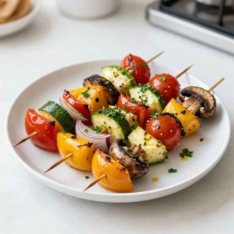- Bell pepper (red, yellow, or green) - Zucchini - Yellow squash - Red onion - Cherry tomatoes - Mushrooms - Extra virgin olive oil - Garlic - Dried oregano - Dried thyme - Salt and pepper - Fresh parsley Gathering fresh vegetables is the first step to creating the best Garlic Herb Grilled Veggie Skewers. I love using bell peppers, zucchini, yellow squash, red onion, cherry tomatoes, and mushrooms. Each vegetable adds its unique flavor and texture. Pick bright, firm veggies for the best taste. Next, let's talk about the marinade. You need extra virgin olive oil, minced garlic, dried oregano, dried thyme, salt, and pepper. This mix brings out the true taste of the veggies. Don't skip the garlic; it adds a wonderful aroma and flavor. Finally, for garnishing, I recommend fresh parsley. It gives the skewers a pop of color and freshness. Sprinkle it on top right before serving. This adds a nice finishing touch to your dish. These ingredients are not just for flavor; they also create a beautiful presentation on the grill. The colors of the veggies will make your dish look as good as it tastes. Enjoy the process of prepping and cooking; it's all part of the fun! {{ingredient_image_2}} First, take a small bowl. Add 4 tablespoons of extra virgin olive oil. Then, sprinkle in 2 teaspoons of dried oregano and 1 teaspoon of dried thyme. Next, add salt and pepper to taste. Whisk everything together until it blends well. Finally, chop 3 cloves of garlic finely and mix them in. This marinade is full of flavor and will make your veggies shine. Now, grab a large bowl. Combine all your veggies: the bell pepper, zucchini, yellow squash, red onion, cherry tomatoes, and mushrooms. Pour the marinade over the veggies. Gently toss them until every piece is coated. This step is key! Let the bowl sit in the fridge for at least 30 minutes. This helps the flavors soak in and makes the veggies extra tasty. Time to fire up the grill! Preheat it to medium-high heat. If you're using wooden skewers, soak them in water for about 20 minutes. This keeps them from burning. After soaking, thread the marinated veggies onto the skewers. Mix up the colors and shapes for a fun look. Place the skewers on the grill. Grill them for about 10-12 minutes. Turn them a few times to ensure even cooking. You want them to be tender and have nice grill marks. When they're done, carefully take them off the grill. Let them cool for a couple of minutes before serving. This adds a burst of color and freshness, making your meal even better. When picking vegetables, focus on freshness and color. Seasonal veggies taste best and add vibrancy. Choose bell peppers in red, yellow, or green for a colorful mix. Look for zucchini and yellow squash that are firm and shiny. Red onions should be free of soft spots. For tomatoes, select ones that are plump and bright. Mushrooms should feel firm and look clean. To get those eye-catching grill marks, set your grill to medium-high heat. A hot grill helps create marks and adds flavor. Place the skewers on the grill and do not move them for about three minutes. This gives the veggies time to sear. After three minutes, turn the skewers 90 degrees for even marks. Repeat this process until your veggies are tender and have nice grill marks. For more exciting flavors, try adding fresh herbs like basil or cilantro. A sprinkle of chili powder can add a kick. You can also serve your skewers with dips. Hummus or tzatziki pairs well with the grilled veggies. A drizzle of balsamic glaze or a squeeze of lemon juice adds brightness. Enjoy experimenting with flavors to find your favorite combinations! Pro Tips Use Fresh Herbs: Fresh herbs can elevate the flavor of your skewers. Try adding basil or rosemary for an aromatic twist. Vegetable Selection: Feel free to mix and match with your favorite vegetables like eggplant or asparagus for variety. Marination Time: For maximum flavor, marinate the vegetables for longer than 30 minutes; if possible, let them sit overnight in the fridge. Grilling Technique: To prevent sticking, ensure your grill is properly preheated and lightly oiled before placing the skewers on it. {{image_4}} For veggie lovers, you can swap in different vegetables. Try eggplant, asparagus, or bell peppers. These add great flavor and texture. You can also include tofu or tempeh. Both are great protein sources. Cut them into cubes and marinate them like the veggies. Skewering them with the other veggies makes for a balanced meal. If you're gluten-free, this recipe is a winner! All the ingredients are naturally gluten-free. You can enjoy these skewers without worries. For those on a low-carb diet, skip the starchy veggies. Focus on zucchini, mushrooms, and bell peppers. They keep the meal light and fresh while still being tasty. Mixing fruits with veggies adds a sweet twist. Pineapple or peaches work great on skewers. They caramelize nicely on the grill. You can also add proteins like chicken or shrimp. Just make sure they cook at the same rate as the veggies. This way, everything is ready at the same time. Using colorful ingredients makes your skewers look just as good as they taste! After enjoying these tasty skewers, store any leftovers in the fridge. Place them in an airtight container. This keeps them fresh for up to three days. If you don't have a container, wrap them tightly in plastic wrap. This helps prevent drying out. When it's time to eat your leftovers, you have two main options: microwaving or using the oven. Microwaving is quick but may make the veggies soft. To keep them tender, heat them in short bursts. Check every 30 seconds. Oven reheating is a better choice if you prefer a crispy texture. Preheat the oven to 350°F (175°C). Spread the skewers on a baking sheet. Heat them for about 10 minutes. This will bring back their great flavor and texture. If you want to save some skewers for later, freezing is a great option. Start by letting the skewers cool completely. Then, wrap each skewer tightly in plastic wrap. Place them in a freezer-safe bag. Label the bag with the date. You can freeze them for up to three months. When you're ready to eat them, take the skewers out of the freezer. Let them thaw in the fridge overnight. You can also use the microwave for quick thawing. After thawing, reheat them following the steps above. Enjoy your delicious Garlic Herb Grilled Veggie Skewers whenever you like! Yes, you can make Garlic Herb Grilled Veggie Skewers ahead of time. Just marinate the veggies. Mix the olive oil, garlic, oregano, thyme, salt, and pepper in a bowl. Toss the veggies in the marinade and let them sit in the fridge. Marinate for at least 30 minutes. You can even marinate them overnight for a deeper flavor. When you're ready, just grill them for about 10-12 minutes. You can serve Garlic Herb Grilled Veggie Skewers with many dishes. Here are some great side options: - Quinoa salad - Couscous - Grilled chicken or fish - Pasta salad - Rice pilaf These dishes add variety and balance to your meal. They also pair nicely with the flavors of the skewers. Absolutely! You can change the herbs and spices in the marinade. Some great options include: - Basil - Rosemary - Cilantro - Paprika - Cumin Experimenting with different herbs will give your skewers unique flavors. Don't be afraid to mix and match to find your favorite taste! Grilled veggie skewers are simple and tasty. We covered fresh veggies, marinating, and grilling steps. Remember to pick vibrant, seasonal produce for the best taste. Use your favorite herbs to boost flavors. Store leftovers well and reheat them right for a delicious meal. With these tips, you can enjoy your skewers anytime. Now, get cooking and enjoy the fun of grilling!