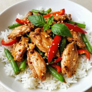 - 1 lb boneless, skinless chicken thighs - 1 cup fresh Thai basil leaves - 2 tablespoons vegetable oil - 4 cloves garlic, minced - 2-3 Thai bird's eye chilies, finely chopped - 1 tablespoon soy sauce - 1 tablespoon oyster sauce - 1 tablespoon fish sauce - 1 teaspoon sugar - Salt and freshly cracked black pepper to taste - 1 red bell pepper, sliced - 1 cup green beans, trimmed and cut Gathering these ingredients is easy. You'll find them at most grocery stores. The key is to use fresh Thai basil. It adds a unique taste that makes this dish special. The chicken thighs bring great flavor and tenderness. Using a mix of sauces enhances the dish's depth. You can adjust the bird's eye chilies for heat. If you like it spicy, use more. For a milder dish, use less. The red bell pepper and green beans add color and crunch. Each ingredient plays a role in making this meal truly delicious. {{ingredient_image_2}} Start by heating 2 tablespoons of vegetable oil in a large skillet over medium-high heat. You want the oil to shimmer. This step is key for a good stir-fry. Next, add 4 cloves of minced garlic and 2-3 chopped Thai bird's eye chilies. Saut&eacute; these for about 30 seconds. Stir constantly to prevent burning. You want the mix to smell great, but not brown. Now, raise the heat to high. Carefully add 1 pound of thinly sliced chicken thighs to the skillet. Stir-fry the chicken for 4-5 minutes. You want it fully cooked and slightly browned on the edges. This adds a nice flavor. After the chicken is ready, add 1 sliced red bell pepper and 1 cup of trimmed green beans. Stir-fry these for another 2-3 minutes. Keep the vegetables tender and crisp for a fresh taste. In a small bowl, whisk together 1 tablespoon each of soy sauce, oyster sauce, fish sauce, and 1 teaspoon of sugar. Pour this sauce over the chicken and veggies. Stir well to coat everything evenly. Let the stir-fry cook for an additional 1-2 minutes. This helps all the flavors mix together. Finally, remove the skillet from the heat. Gently fold in 1 cup of fresh Thai basil leaves. The heat will wilt the leaves nicely. Season with salt and freshly cracked black pepper to taste. Adjust it all to your liking. Using fresh ingredients is key. Fresh Thai basil adds a unique taste. You can find it at Asian markets. The aroma and flavor elevate your dish. Adjust spice levels with chilies. Thai bird's eye chilies are great for heat. Use fewer chilies for a milder dish. Always taste as you go to find your perfect spice level. Perfect stir-fry timing makes a big difference. Cook your garlic and chilies quickly to keep them fragrant. Stir-fry the chicken for about 4&ndash;5 minutes. You want it browned but not dry. A high-wok temperature is essential. It keeps the chicken and veggies crisp. Don&rsquo;t overcrowd the pan; this can lower the heat. Cook in batches if needed. Serve your stir-fry over fluffy jasmine rice or rice noodles. This adds texture and absorbs flavors well. Garnish with extra Thai basil leaves for color. A lime wedge adds brightness and freshness. These simple steps make your meal look and taste gourmet. Enjoy the process and have fun with your meal! Pro Tips Use Fresh Ingredients: The flavor of this dish greatly improves with fresh Thai basil and vegetables. Always opt for the freshest produce you can find for the best results. Adjust Heat Levels: If you're sensitive to spice, start with one chili and gradually add more to the dish. You can always add heat, but it's hard to take it away! High Heat is Key: Stir-frying at high heat helps to sear the chicken and vegetables quickly, preserving their texture and flavor. Make sure your skillet or wok is hot enough before adding ingredients. Serve Immediately: This stir-fry is best served hot and fresh. Enjoy it straight from the pan for the ultimate flavor and texture experience. {{image_4}} You can switch chicken thighs for chicken breast. Chicken breast has less fat and cooks quicker. This choice still keeps the meal tasty. You can also use different veggies. Try broccoli, snap peas, or carrots. Each option brings a new flavor and texture. To make this dish gluten-free, use gluten-free soy sauce. Many brands offer good options. If you prefer a vegan dish, swap chicken for tofu. Firm tofu works best, and it soaks up the sauce well. Cut it into cubes and cook it until golden. Feel free to add different herbs or spices. Thai chili paste can bring more heat. You might also try fresh cilantro or mint for a bright taste. For toppings, crushed peanuts add a nice crunch. They also enhance the dish with nutty flavors. Enjoy experimenting with your stir-fry! Store your Thai Basil Chicken Stir-Fry in a proper airtight container. This keeps it fresh and safe. In the fridge, it lasts up to three days. Make sure it cools down before sealing it. To freeze leftover stir-fry, place it in a freezer-safe bag. Remove as much air as possible before sealing. It can stay frozen for up to two months. For reheating, thaw overnight in the fridge. Then, heat it gently in a skillet or microwave until hot. To keep the flavors bright, eat your stir-fry within three days. If you want to enjoy the taste longer, freeze it. Always reheat thoroughly to keep it safe and tasty. Thai basil is a unique herb you often find in Thai cooking. It has a spicy, sweet flavor with hints of anise. Unlike regular basil, which is milder and sweeter, Thai basil has a stronger taste. The leaves are darker and more pointed, and they stand up better to cooking. This herb adds a special zing to dishes like Thai Basil Chicken Stir-Fry. Yes, you can make Thai Basil Chicken Stir-Fry ahead of time. Cook the dish as you normally would. Let it cool, then store it in an airtight container in the fridge. It stays fresh for about three days. When you&rsquo;re ready to eat, just reheat it in a pan over low heat. The flavors may deepen, making it even tastier. Serving your stir-fry with the right sides makes it even better! Here are some great options: - Rice or noodles pairings - Jasmine rice is a classic choice. - Rice noodles work well too. - Side dish options - A fresh cucumber salad adds crunch. - Steamed broccoli or bok choy complements the meal nicely. This blog covered how to make a delicious Thai Basil Chicken Stir-Fry. We discussed key ingredients, from chicken thighs to fresh Thai basil. You learned step-by-step cooking methods and tips for authentic flavors. Variations allow for personal preferences, whether in ingredients or dietary needs. Finally, proper storage keeps your dish fresh for longer. Enjoy your stir-fry adventure! Trust the steps and tips, and you&rsquo;ll create something amazing.