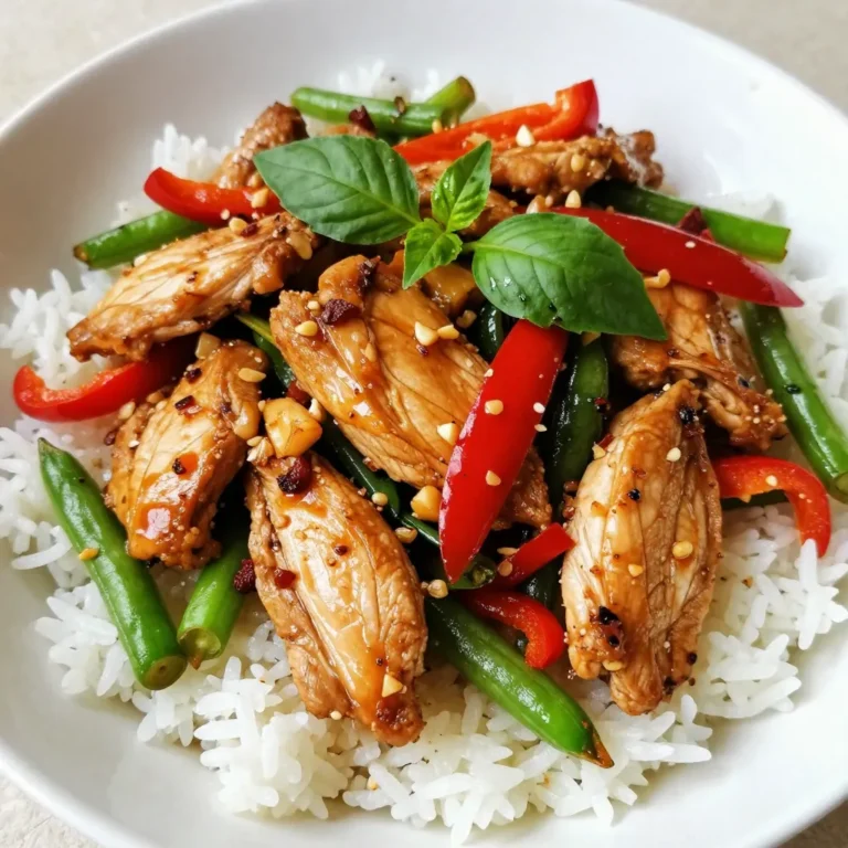 - 1 lb boneless, skinless chicken thighs - 1 cup fresh Thai basil leaves - 2 tablespoons vegetable oil - 4 cloves garlic, minced - 2-3 Thai bird's eye chilies, finely chopped - 1 tablespoon soy sauce - 1 tablespoon oyster sauce - 1 tablespoon fish sauce - 1 teaspoon sugar - Salt and freshly cracked black pepper to taste - 1 red bell pepper, sliced - 1 cup green beans, trimmed and cut Gathering these ingredients is easy. You'll find them at most grocery stores. The key is to use fresh Thai basil. It adds a unique taste that makes this dish special. The chicken thighs bring great flavor and tenderness. Using a mix of sauces enhances the dish's depth. You can adjust the bird's eye chilies for heat. If you like it spicy, use more. For a milder dish, use less. The red bell pepper and green beans add color and crunch. Each ingredient plays a role in making this meal truly delicious. {{ingredient_image_2}} Start by heating 2 tablespoons of vegetable oil in a large skillet over medium-high heat. You want the oil to shimmer. This step is key for a good stir-fry. Next, add 4 cloves of minced garlic and 2-3 chopped Thai bird's eye chilies. Sauté these for about 30 seconds. Stir constantly to prevent burning. You want the mix to smell great, but not brown. Now, raise the heat to high. Carefully add 1 pound of thinly sliced chicken thighs to the skillet. Stir-fry the chicken for 4-5 minutes. You want it fully cooked and slightly browned on the edges. This adds a nice flavor. After the chicken is ready, add 1 sliced red bell pepper and 1 cup of trimmed green beans. Stir-fry these for another 2-3 minutes. Keep the vegetables tender and crisp for a fresh taste. In a small bowl, whisk together 1 tablespoon each of soy sauce, oyster sauce, fish sauce, and 1 teaspoon of sugar. Pour this sauce over the chicken and veggies. Stir well to coat everything evenly. Let the stir-fry cook for an additional 1-2 minutes. This helps all the flavors mix together. Finally, remove the skillet from the heat. Gently fold in 1 cup of fresh Thai basil leaves. The heat will wilt the leaves nicely. Season with salt and freshly cracked black pepper to taste. Adjust it all to your liking. Using fresh ingredients is key. Fresh Thai basil adds a unique taste. You can find it at Asian markets. The aroma and flavor elevate your dish. Adjust spice levels with chilies. Thai bird's eye chilies are great for heat. Use fewer chilies for a milder dish. Always taste as you go to find your perfect spice level. Perfect stir-fry timing makes a big difference. Cook your garlic and chilies quickly to keep them fragrant. Stir-fry the chicken for about 4–5 minutes. You want it browned but not dry. A high-wok temperature is essential. It keeps the chicken and veggies crisp. Don’t overcrowd the pan; this can lower the heat. Cook in batches if needed. Serve your stir-fry over fluffy jasmine rice or rice noodles. This adds texture and absorbs flavors well. Garnish with extra Thai basil leaves for color. A lime wedge adds brightness and freshness. These simple steps make your meal look and taste gourmet. Enjoy the process and have fun with your meal! Pro Tips Use Fresh Ingredients: The flavor of this dish greatly improves with fresh Thai basil and vegetables. Always opt for the freshest produce you can find for the best results. Adjust Heat Levels: If you're sensitive to spice, start with one chili and gradually add more to the dish. You can always add heat, but it's hard to take it away! High Heat is Key: Stir-frying at high heat helps to sear the chicken and vegetables quickly, preserving their texture and flavor. Make sure your skillet or wok is hot enough before adding ingredients. Serve Immediately: This stir-fry is best served hot and fresh. Enjoy it straight from the pan for the ultimate flavor and texture experience. {{image_4}} You can switch chicken thighs for chicken breast. Chicken breast has less fat and cooks quicker. This choice still keeps the meal tasty. You can also use different veggies. Try broccoli, snap peas, or carrots. Each option brings a new flavor and texture. To make this dish gluten-free, use gluten-free soy sauce. Many brands offer good options. If you prefer a vegan dish, swap chicken for tofu. Firm tofu works best, and it soaks up the sauce well. Cut it into cubes and cook it until golden. Feel free to add different herbs or spices. Thai chili paste can bring more heat. You might also try fresh cilantro or mint for a bright taste. For toppings, crushed peanuts add a nice crunch. They also enhance the dish with nutty flavors. Enjoy experimenting with your stir-fry! Store your Thai Basil Chicken Stir-Fry in a proper airtight container. This keeps it fresh and safe. In the fridge, it lasts up to three days. Make sure it cools down before sealing it. To freeze leftover stir-fry, place it in a freezer-safe bag. Remove as much air as possible before sealing. It can stay frozen for up to two months. For reheating, thaw overnight in the fridge. Then, heat it gently in a skillet or microwave until hot. To keep the flavors bright, eat your stir-fry within three days. If you want to enjoy the taste longer, freeze it. Always reheat thoroughly to keep it safe and tasty. Thai basil is a unique herb you often find in Thai cooking. It has a spicy, sweet flavor with hints of anise. Unlike regular basil, which is milder and sweeter, Thai basil has a stronger taste. The leaves are darker and more pointed, and they stand up better to cooking. This herb adds a special zing to dishes like Thai Basil Chicken Stir-Fry. Yes, you can make Thai Basil Chicken Stir-Fry ahead of time. Cook the dish as you normally would. Let it cool, then store it in an airtight container in the fridge. It stays fresh for about three days. When you’re ready to eat, just reheat it in a pan over low heat. The flavors may deepen, making it even tastier. Serving your stir-fry with the right sides makes it even better! Here are some great options: - Rice or noodles pairings - Jasmine rice is a classic choice. - Rice noodles work well too. - Side dish options - A fresh cucumber salad adds crunch. - Steamed broccoli or bok choy complements the meal nicely. This blog covered how to make a delicious Thai Basil Chicken Stir-Fry. We discussed key ingredients, from chicken thighs to fresh Thai basil. You learned step-by-step cooking methods and tips for authentic flavors. Variations allow for personal preferences, whether in ingredients or dietary needs. Finally, proper storage keeps your dish fresh for longer. Enjoy your stir-fry adventure! Trust the steps and tips, and you’ll create something amazing.