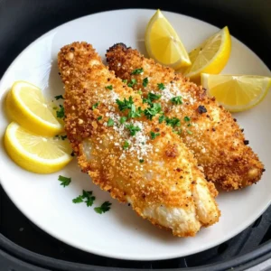 - 4 cod fillets (about 6 oz each) - 1 cup panko breadcrumbs - 1/2 cup grated Parmesan cheese - 1 teaspoon garlic powder - 1 teaspoon onion powder - 1 teaspoon dried parsley - 1/2 teaspoon paprika - Salt and black pepper to taste - 2 tablespoons melted butter - 1 tablespoon olive oil When making Air Fryer Parmesan Crusted Cod, start with the right main ingredients. Cod fillets are important because they provide a mild, flaky base. Panko breadcrumbs add a great crunch. Parmesan cheese brings a nutty flavor that makes everything taste better. Next, we need seasoning and coating. Garlic powder and onion powder give a savory kick. Dried parsley adds freshness, while paprika gives a nice color and warmth. Don&rsquo;t forget salt and black pepper to enhance all the flavors. Binding ingredients help the coating stick. Melted butter makes the outside crispy. Olive oil adds richness that enhances the taste. Mixing these two creates a perfect base for coating the cod. Gather these ingredients, and you&rsquo;re on your way to a tasty meal! {{ingredient_image_2}} Set your air fryer to 400&deg;F (200&deg;C). Let it preheat for about 5 minutes. This step is crucial for getting a crispy crust. In a large bowl, mix together the panko breadcrumbs, grated Parmesan, garlic powder, onion powder, dried parsley, paprika, salt, and black pepper. Stir until everything is well combined. This mix gives the cod its tasty crust. In a small bowl, blend the melted butter and olive oil. Take each cod fillet and dip it into this mixture. Make sure each piece gets coated well. Next, dredge the fillets in the breadcrumb mix. Press down lightly so the coating sticks nicely. Place the coated cod fillets in the air fryer basket. Arrange them in a single layer, leaving space between each piece. Cook for 10-12 minutes. Flip the fillets halfway through. They are done when golden brown and the internal temperature hits 145&deg;F (63&deg;C). After cooking, gently take the fillets out of the air fryer. Let them rest for a couple of minutes. This helps keep the fish juicy. Serve the cod on a plate with fresh lemon wedges and a sprinkle of chopped parsley. Enjoy your meal! To get that lovely crunch, focus on your coating technique. First, dip the cod in the butter and oil mix. Make sure it&rsquo;s fully coated. This helps the breadcrumbs stick well. Next, dredge the fillets in the breadcrumb mix. Press down gently so the coating sticks. Avoid putting too many fillets in the air fryer at once. If you overcrowd the basket, the air can&rsquo;t flow well. This can lead to soggy fish instead of crispy cod. Cook in batches if needed for the best result. You can take the dish to the next level by adding spices or herbs. Consider a pinch of cayenne for heat or a dash of lemon zest for brightness. Fresh herbs like dill or cilantro can add a nice twist. Feel free to experiment with flavors you love. Keep an eye on the cod while it cooks. The right temperature is 400&deg;F (200&deg;C). Cooking time should be about 10-12 minutes. Flip the fillets halfway for even cooking. They are done when golden brown and reach an internal temp of 145&deg;F (63&deg;C). This ensures a perfectly cooked, juicy meal. Pro Tips Use Fresh Cod: Fresh cod fillets will provide a better flavor and texture than frozen ones. If possible, buy your fish from a trusted local fishmonger. Customize the Coating: Feel free to add other spices or herbs to the breadcrumb mixture, such as cayenne pepper for heat or Italian seasoning for added flavor. Adjust Cooking Time: Cooking times may vary based on the thickness of your fillets. Always check for doneness by ensuring the internal temperature reaches 145&deg;F (63&deg;C). Let it Rest: Allow the cod to rest for a few minutes after cooking. This helps the juices redistribute, resulting in a moister fillet. {{image_4}} You can switch cod for other fish or seafood. Try tilapia, haddock, or even shrimp. Each option brings a unique flavor. Tilapia is mild and flaky, making it a great choice. Haddock has a slightly stronger taste. Shrimp offers a sweet, juicy bite. Each protein works well with the same crispy coating. If you want a gluten-free meal, use almond flour or crushed cornflakes. Almond flour gives a nice nutty taste. Crushed cornflakes add extra crunch. Both options will create a delicious crust. Just use them in place of panko breadcrumbs in the recipe. You can spice things up with different flavors. Add cayenne pepper for heat, or mix in lemon zest for brightness. You can also swap Parmesan for other cheeses. Try cheddar or mozzarella for a different twist. Each change adds a new layer of taste to this dish. To keep your leftover cod fresh, place it in an airtight container. Make sure to cool it down first. Store it in the fridge for up to 2 days. This helps maintain the cod's flavor and texture. If you want to keep it longer, consider freezing it. Reheat cod in the air fryer for the best results. Set it to 350&deg;F (175&deg;C) and cook for about 5 minutes. This method keeps the crust crispy. You can also use the oven at the same temperature for about 10 minutes. Avoid microwaving, as it can make the fish soggy. To freeze cod, wrap each fillet tightly in plastic wrap. Then, place them in a freezer bag. Remove as much air as possible. You can freeze it for up to 3 months. When ready to eat, thaw it in the fridge overnight. After thawing, reheat it in the air fryer for a delicious meal. Cooking cod in an air fryer takes about 10 to 12 minutes. Factors that affect cooking time include the thickness of the fillets and the air fryer model. A thicker fillet may need a bit more time. Always check for a golden brown crust and an internal temperature of 145&deg;F (63&deg;C) for perfect doneness. Yes, you can use fresh cod fillets. Fresh fillets often taste better and have a firmer texture. When using fresh fish, look for bright, clear eyes and shiny skin. This ensures you get the best quality. Make sure to adjust the cooking time if your fillets are thicker than frozen ones. You can serve Parmesan crusted cod with many side dishes for a complete meal. Here are a few ideas: - Steamed vegetables like broccoli or green beans - A fresh, light salad with lemon vinaigrette - Roasted potatoes or sweet potatoes - Rice or quinoa for a hearty side These sides will balance the flavors of the cod and make your meal more enjoyable. This blog post covers how to make delicious Parmesan crusted cod in an air fryer. You learned about the key ingredients, seasoning, and binding elements. I shared step-by-step instructions for perfect cooking and tips for crispiness. You can also explore variations, like swapping proteins or adjusting spices. By following these guidelines, you will create a tasty dish your family will love. Enjoy experimenting with flavors and find what works best for you!