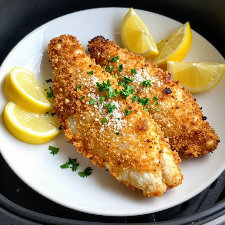 - 4 cod fillets (about 6 oz each) - 1 cup panko breadcrumbs - 1/2 cup grated Parmesan cheese - 1 teaspoon garlic powder - 1 teaspoon onion powder - 1 teaspoon dried parsley - 1/2 teaspoon paprika - Salt and black pepper to taste - 2 tablespoons melted butter - 1 tablespoon olive oil When making Air Fryer Parmesan Crusted Cod, start with the right main ingredients. Cod fillets are important because they provide a mild, flaky base. Panko breadcrumbs add a great crunch. Parmesan cheese brings a nutty flavor that makes everything taste better. Next, we need seasoning and coating. Garlic powder and onion powder give a savory kick. Dried parsley adds freshness, while paprika gives a nice color and warmth. Don’t forget salt and black pepper to enhance all the flavors. Binding ingredients help the coating stick. Melted butter makes the outside crispy. Olive oil adds richness that enhances the taste. Mixing these two creates a perfect base for coating the cod. Gather these ingredients, and you’re on your way to a tasty meal! {{ingredient_image_2}} Set your air fryer to 400°F (200°C). Let it preheat for about 5 minutes. This step is crucial for getting a crispy crust. In a large bowl, mix together the panko breadcrumbs, grated Parmesan, garlic powder, onion powder, dried parsley, paprika, salt, and black pepper. Stir until everything is well combined. This mix gives the cod its tasty crust. In a small bowl, blend the melted butter and olive oil. Take each cod fillet and dip it into this mixture. Make sure each piece gets coated well. Next, dredge the fillets in the breadcrumb mix. Press down lightly so the coating sticks nicely. Place the coated cod fillets in the air fryer basket. Arrange them in a single layer, leaving space between each piece. Cook for 10-12 minutes. Flip the fillets halfway through. They are done when golden brown and the internal temperature hits 145°F (63°C). After cooking, gently take the fillets out of the air fryer. Let them rest for a couple of minutes. This helps keep the fish juicy. Serve the cod on a plate with fresh lemon wedges and a sprinkle of chopped parsley. Enjoy your meal! To get that lovely crunch, focus on your coating technique. First, dip the cod in the butter and oil mix. Make sure it’s fully coated. This helps the breadcrumbs stick well. Next, dredge the fillets in the breadcrumb mix. Press down gently so the coating sticks. Avoid putting too many fillets in the air fryer at once. If you overcrowd the basket, the air can’t flow well. This can lead to soggy fish instead of crispy cod. Cook in batches if needed for the best result. You can take the dish to the next level by adding spices or herbs. Consider a pinch of cayenne for heat or a dash of lemon zest for brightness. Fresh herbs like dill or cilantro can add a nice twist. Feel free to experiment with flavors you love. Keep an eye on the cod while it cooks. The right temperature is 400°F (200°C). Cooking time should be about 10-12 minutes. Flip the fillets halfway for even cooking. They are done when golden brown and reach an internal temp of 145°F (63°C). This ensures a perfectly cooked, juicy meal. Pro Tips Use Fresh Cod: Fresh cod fillets will provide a better flavor and texture than frozen ones. If possible, buy your fish from a trusted local fishmonger. Customize the Coating: Feel free to add other spices or herbs to the breadcrumb mixture, such as cayenne pepper for heat or Italian seasoning for added flavor. Adjust Cooking Time: Cooking times may vary based on the thickness of your fillets. Always check for doneness by ensuring the internal temperature reaches 145°F (63°C). Let it Rest: Allow the cod to rest for a few minutes after cooking. This helps the juices redistribute, resulting in a moister fillet. {{image_4}} You can switch cod for other fish or seafood. Try tilapia, haddock, or even shrimp. Each option brings a unique flavor. Tilapia is mild and flaky, making it a great choice. Haddock has a slightly stronger taste. Shrimp offers a sweet, juicy bite. Each protein works well with the same crispy coating. If you want a gluten-free meal, use almond flour or crushed cornflakes. Almond flour gives a nice nutty taste. Crushed cornflakes add extra crunch. Both options will create a delicious crust. Just use them in place of panko breadcrumbs in the recipe. You can spice things up with different flavors. Add cayenne pepper for heat, or mix in lemon zest for brightness. You can also swap Parmesan for other cheeses. Try cheddar or mozzarella for a different twist. Each change adds a new layer of taste to this dish. To keep your leftover cod fresh, place it in an airtight container. Make sure to cool it down first. Store it in the fridge for up to 2 days. This helps maintain the cod's flavor and texture. If you want to keep it longer, consider freezing it. Reheat cod in the air fryer for the best results. Set it to 350°F (175°C) and cook for about 5 minutes. This method keeps the crust crispy. You can also use the oven at the same temperature for about 10 minutes. Avoid microwaving, as it can make the fish soggy. To freeze cod, wrap each fillet tightly in plastic wrap. Then, place them in a freezer bag. Remove as much air as possible. You can freeze it for up to 3 months. When ready to eat, thaw it in the fridge overnight. After thawing, reheat it in the air fryer for a delicious meal. Cooking cod in an air fryer takes about 10 to 12 minutes. Factors that affect cooking time include the thickness of the fillets and the air fryer model. A thicker fillet may need a bit more time. Always check for a golden brown crust and an internal temperature of 145°F (63°C) for perfect doneness. Yes, you can use fresh cod fillets. Fresh fillets often taste better and have a firmer texture. When using fresh fish, look for bright, clear eyes and shiny skin. This ensures you get the best quality. Make sure to adjust the cooking time if your fillets are thicker than frozen ones. You can serve Parmesan crusted cod with many side dishes for a complete meal. Here are a few ideas: - Steamed vegetables like broccoli or green beans - A fresh, light salad with lemon vinaigrette - Roasted potatoes or sweet potatoes - Rice or quinoa for a hearty side These sides will balance the flavors of the cod and make your meal more enjoyable. This blog post covers how to make delicious Parmesan crusted cod in an air fryer. You learned about the key ingredients, seasoning, and binding elements. I shared step-by-step instructions for perfect cooking and tips for crispiness. You can also explore variations, like swapping proteins or adjusting spices. By following these guidelines, you will create a tasty dish your family will love. Enjoy experimenting with flavors and find what works best for you!