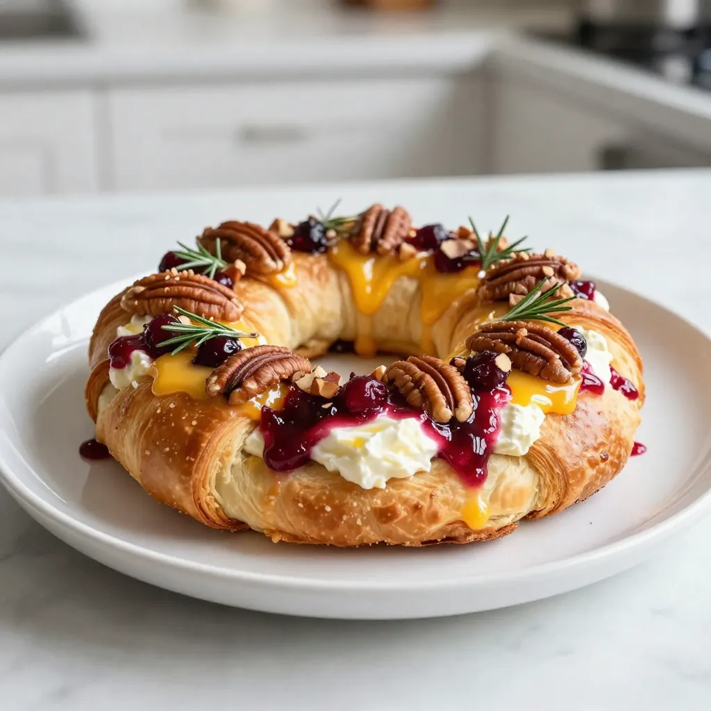 - 1 can of refrigerated crescent roll dough - 1 cup brie cheese, cut into wedges - 1/2 cup cranberry sauce (homemade or store-bought) - 1/2 cup pecans, finely chopped - 1 tablespoon fresh rosemary, finely minced - Additional seasonings (salt and freshly ground black pepper) - Optional topping (honey for drizzling) I love how simple these ingredients come together. The crescent roll dough is the base. It puffs up beautifully when baked, giving us that warm, flaky texture we crave. The brie cheese melts perfectly, providing a creamy richness. Cranberry sauce adds a sweet and tart flavor, balancing the creaminess of the brie. You can use store-bought sauce or make your own for a fresh touch. The pecans bring a nice crunch, while rosemary adds a hint of earthiness. Don't forget to season with salt and black pepper. These spices enhance all the flavors. If you want to add a sweet touch, drizzle honey on top before serving. This makes the dish even more special. Each ingredient plays a role in making this dish a flavorful delight. When you gather these items, you set the stage for a delicious experience. Enjoy the cooking process as much as the eating! {{ingredient_image_2}} 1. Preheat your oven to 375°F (190°C). Line a baking sheet with parchment paper. This helps stop sticking. 2. Unroll the crescent roll dough on a floured surface. Carefully separate each triangle. 3. Arrange the triangles in a circle on the baking sheet. The wide ends should overlap slightly. This makes a nice ring. 4. In the center of the ring, place the brie cheese wedges. Spread them out so they melt well. 5. Spoon cranberry sauce over the brie. Make sure to cover it evenly. Then, sprinkle chopped pecans and rosemary on top. 6. Add a pinch of salt and some black pepper for flavor. This will make the dish pop. 7. Fold the pointed tips of the crescent dough over the filling. Pinch and tuck them to seal the ring tightly. 1. Use a pastry brush to coat the dough with the beaten egg. This gives it a nice golden color when baked. 2. Place the baking sheet in the oven. Bake for 20-25 minutes until the dough turns golden brown and is cooked through. 1. Once baked, take the ring out of the oven. Let it cool for a few minutes. 2. If you want, drizzle honey over the top before serving. This adds a sweet touch that pairs well with the flavors. When making your Cranberry Pecan Brie Crescent Ring, even distribution is key. Spread the brie cheese wedges evenly in the center. This helps the cheese melt properly. Next, layer the cranberry sauce and chopped pecans evenly over the cheese. This ensures each bite is full of flavor. Sealing the crescent dough properly is important too. After placing the filling in the center, fold the dough tips over snugly. Pinching the edges well will keep the filling from leaking out. A tight seal helps keep the flavors locked in while baking. For a beautiful presentation, serve the ring on a rustic wooden charcuterie board. This adds a warm, inviting touch. Garnish with extra pecans and cranberries around the ring. It adds color and texture, making it look appealing. Pair your dish with a light white wine or a fruity sparkling drink. The tartness of the cranberry and creaminess of the brie work well with these drinks. You can also serve it with crackers or fresh bread for added crunch. Cleaning up after cooking can be quick and easy. Use parchment paper on the baking sheet to prevent sticking. This makes for an easy cleanup. Wipe down your surfaces with a damp cloth after you finish. For leftovers, store them in an airtight container. You can enjoy the ring again within a few days. Reheat it in the oven to keep the dough crispy. This way, you won’t lose any flavor or texture. Pro Tips Choose the Right Brie: Select a soft, creamy brie that melts well and has a rich flavor to enhance the overall taste of your dish. Customize the Filling: Feel free to add your favorite nuts, dried fruits, or even a touch of spice to the filling to make it your own. Serve Warm: This dish is best served warm, so make sure to bake it just before serving for that delicious gooey cheese experience. Experiment with Flavors: Try using different preserves or jams, like fig or apricot, in place of cranberry sauce for a unique twist on the classic recipe. {{image_4}} You can switch out the brie cheese for other creamy cheeses. Cream cheese or goat cheese work well. These cheeses bring their own unique taste. You can also try sharp cheddar for a bolder flavor. For nuts, pecans are great, but you can use walnuts or almonds too. Each nut adds a different crunch and taste. If you want, toss in some seeds for a fun twist. You can make this dish sweet or savory. For a sweet twist, add a sprinkle of brown sugar. You can even mix in chocolate chips for a dessert-like treat. For a savory version, consider adding caramelized onions or roasted garlic. These flavors will give your dish a rich and warm taste. Using seasonal fruits is a great way to change it up. In fall, try adding apples or pears. In summer, fresh berries work wonders. Each fruit will give a new twist to your crescent ring. To keep your Cranberry Pecan Brie Crescent Ring fresh, store leftovers in an airtight container. Place it in the fridge for up to three days. Make sure to wrap it well if you don't have a container. This helps keep the flavors strong and the texture nice. When reheating leftovers, aim for a gentle approach. Preheat your oven to 350°F (175°C). Place the crescent ring on a baking sheet and cover it with foil. Heat for about 10-15 minutes. This method keeps the dough crispy and the cheese melty. Avoid using the microwave, as it can make the dough soggy. Yes, you can freeze this dish! To do it right, let the ring cool completely first. Wrap it tightly with plastic wrap and then foil. This helps prevent freezer burn. You can freeze it for up to two months. To enjoy, thaw it overnight in the fridge. Then, reheat as mentioned above for the best taste and texture. How long does it take to prepare and cook? The prep time is about 15 minutes. Baking takes 20 to 25 minutes. So, you can enjoy this dish in just 40 minutes! Can I use other types of dough? Yes! You can try puff pastry or phyllo dough. Each will give a different texture and taste. Just make sure to adjust the baking time if needed. Is this recipe gluten-free or vegan-friendly? This recipe is not gluten-free or vegan. The crescent roll dough contains gluten and eggs. You can use gluten-free dough and vegan cheese for a vegan option. Can I make this ahead of time? Yes, you can prepare the ring ahead. Assemble it, then cover it and refrigerate. Bake it just before serving for the best taste and texture. How many servings does this recipe yield? This recipe yields 6 to 8 servings. It’s perfect for a small gathering or as an appetizer. Can it be scaled for larger gatherings? Absolutely! You can double or triple the recipe. Just make sure to use a larger baking sheet and adjust the baking time as needed. This recipe is simple and fun to make. Use crescent rolls, brie, and cranberry sauce for a tasty treat. Follow the steps for easy assembly and baking. Don't forget the tips for storage and serving. Feel free to customize with different flavors and ingredients. Whether for a snack or a party, your dish will impress. Enjoy sharing your creation with friends and family!