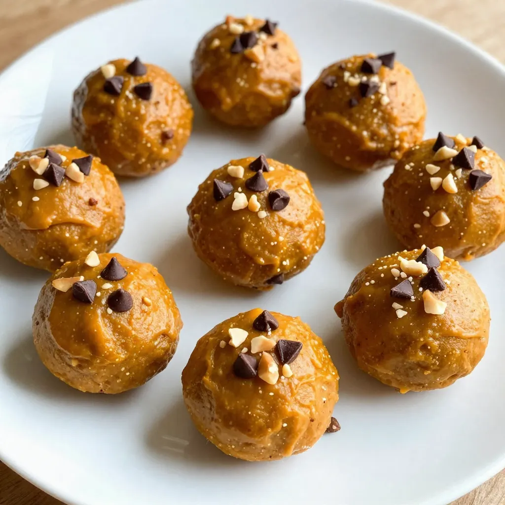 - 1 cup rolled oats - 1/2 cup almond butter or peanut butter - 1/2 cup pure pumpkin puree You need rolled oats for a chewy base. Almond butter adds healthy fats and protein. Pumpkin puree gives flavor and moisture. - 1/4 cup honey or maple syrup - 1 teaspoon pumpkin spice blend (cinnamon, nutmeg, ginger) - 1/2 teaspoon pure vanilla extract Sweeteners like honey or maple syrup bring natural sweetness. The pumpkin spice blend adds warmth and comfort. Vanilla extract enhances the overall flavor. - 1/4 cup mini chocolate chips - 1/4 cup chopped nuts (walnuts or pecans) - Pinch of salt Mini chocolate chips add a fun touch of sweetness. Chopped nuts give a nice crunch. A pinch of salt balances the sweetness and enriches the flavor. These ingredients come together to make a tasty, healthy snack that feels like a treat. {{ingredient_image_2}} In a large mixing bowl, combine the rolled oats, almond butter, pumpkin puree, and honey. You want to stir well until all the ingredients blend smoothly. This will help you achieve a uniform consistency. It’s important to mix thoroughly so each bite has the same great taste. Now, it’s time to add some flavor. Incorporate the pumpkin spice blend, pure vanilla extract, and a pinch of salt into the mixture. Stir again until everything is evenly mixed. The pumpkin spice will give your energy bites that cozy autumn flavor we all love. Next, take small portions of the mixture. Use your hands to roll them into balls about 1 inch in diameter. This should yield around 12 to 15 bites, depending on how big you roll them. Arrange the energy bites on a parchment-lined surface, leaving a little space between each one to avoid sticking. Once shaped, refrigerate the bites for at least 30 minutes. This chilling step helps them firm up. After they have chilled, transfer the energy bites to an airtight container. They can stay fresh in the fridge for up to one week. You can also freeze them for longer storage. Enjoy your homemade pumpkin spice energy bites whenever you need a quick snack! To keep your pumpkin spice energy bites fresh, store them in an airtight container. They stay good in the fridge for up to one week. If you want to save them longer, freeze them. Place the bites in a single layer on a baking sheet first. Once frozen, transfer them to a freezer-safe bag or container. They can last for up to three months in the freezer. Make your energy bites more fun by rolling them in shredded coconut or finely chopped nuts. This adds a nice crunch and makes them look great. You can use walnuts, pecans, or even almonds. Get creative and mix it up! You can change the sweetness in this recipe easily. Add more honey or maple syrup if you like it sweeter. If you want less sweetness, reduce the sweetener. You can also adjust the spice levels. Add more pumpkin spice for a stronger flavor or less for a milder taste. If you have allergies, you can swap out the almond butter for sunflower seed butter. You can skip the nuts too. This recipe is flexible, so feel free to make it work for you! Pro Tips Chill for Better Texture: Allow the energy bites to chill in the refrigerator for at least 30 minutes. This helps them firm up, making them easier to handle and enhancing their texture. Customize Your Flavor: Feel free to experiment with different nut butters or add-ins like seeds, dried fruits, or spices to tailor the energy bites to your taste preferences. Storage Secrets: Store energy bites in an airtight container in the refrigerator for up to one week or freeze them for a quick, healthy snack anytime. Perfect Portioning: Use a small cookie scoop or measuring spoon to ensure uniform size for each energy bite, making them easy to grab and enjoy on the go. {{image_4}} You can switch up the nut butter. Try cashew or sunbutter for a new taste. Each nut brings its own flavor and texture. You can also change the spice blend. Use chai or apple pie spices for a fun twist. These options keep the bites fresh and exciting. Want to add crunch? Toss in seeds like chia or pumpkin. They boost nutrition and add a nice bite. Dried fruits like cranberries or raisins also work well. They bring sweetness and chewiness, making each bite delightful. If you want a vegan option, use maple syrup instead of honey. It keeps the bites sweet and plant-based. For those avoiding gluten, make sure to use certified gluten-free oats. This way, everyone can enjoy these tasty snacks. Pumpkin spice energy bites pack a punch of good nutrition. They are rich in fiber, which helps digestion. Each bite contains protein from almond butter. Protein supports muscle growth and keeps you full longer. Pumpkin is a star ingredient. It is low in calories but high in vitamins. It offers vitamin A, which is great for your eyes. The spices, like cinnamon and ginger, can help with inflammation and digestion. These spices also add warm flavors that make you feel cozy. One pumpkin spice energy bite has about 70 calories. This makes it a great snack option. You can enjoy two or three bites for a quick boost. Pair them with a piece of fruit for balanced snacking. This combo gives you fiber, vitamins, and lasting energy. You can store pumpkin spice energy bites in two ways. In the fridge, they last for up to one week. If you want to keep them longer, freeze them. They can stay fresh in the freezer for up to three months. Just place them in an airtight container. This way, you can enjoy a quick snack anytime! Yes, you can make these energy bites without nuts. Simply skip the nuts and use seeds instead. Sunflower seeds or pumpkin seeds work great. They add crunch and are safe for nut allergies. You can also use extra oats to keep the texture just right. If you need a nut-free option, peanut butter is a solid choice. It gives a rich flavor and creamy texture. You can also try sunflower seed butter for a different taste. Each substitute will change the flavor, but they all work well in this recipe. Absolutely! These energy bites are perfect for kids. They are made with wholesome ingredients like oats and pumpkin. Plus, they offer a good mix of fiber and protein. The mini chocolate chips add a fun touch, making them a tasty treat for little ones. In this blog post, I covered how to make pumpkin spice energy bites using simple ingredients like oats, nut butter, and pumpkin puree. I shared tips on flavoring, shaping, and storing these snacks. Feel free to modify the recipe for different tastes and dietary needs. With these energy bites, you'll have a healthy snack that’s easy to make and fun to eat. Enjoy making and sharing them, knowing they fit your needs!