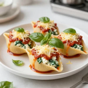 - 12 large pasta shells - 2 cups fresh spinach, finely chopped - 1 cup creamy ricotta cheese - 1 cup shredded mozzarella cheese, divided - 1/2 cup grated Parmesan cheese - 1 large egg, beaten - 1 teaspoon garlic powder - 1/2 teaspoon red pepper flakes (optional) - 2 cups rich marinara sauce - Salt and pepper to taste - Fresh basil leaves, for garnish For creamy ricotta cheese, I recommend Galbani or BelGioioso. They offer rich flavors that enhance the dish. When it comes to mozzarella, look for brands like Sargento or Polly-O for a great melt. For marinara sauce, Rao's Homemade is a favorite for its fresh taste. It makes the sauce really pop in this recipe. If you have a dairy allergy, try using dairy-free cream cheese in place of ricotta. For the mozzarella, a plant-based alternative works well too. If you're gluten-free, you can find gluten-free pasta shells made from brown rice or quinoa. These options keep the dish tasty while meeting dietary needs. {{ingredient_image_2}} First, preheat your oven to 375&deg;F (190&deg;C). This helps the shells cook well. Next, bring a large pot of salted water to a boil. Add 12 large pasta shells to the pot. Cook them for about 9 to 11 minutes, or until they are al dente. Drain the shells and let them cool for a bit. It&rsquo;s easier to handle when they are not too hot. In a large mixing bowl, combine 2 cups of finely chopped fresh spinach and 1 cup of creamy ricotta cheese. Add half of the shredded mozzarella cheese, which is about 1/2 cup. Then, mix in 1/2 cup of grated Parmesan cheese. Crack in 1 large beaten egg, and sprinkle in 1 teaspoon of garlic powder. If you like some heat, add 1/2 teaspoon of red pepper flakes. Season with salt and pepper to taste. Stir until everything is creamy and well mixed. Now it&rsquo;s time to stuff the shells. Use a teaspoon or a pastry bag to fill each pasta shell with the cheese and spinach mix. Arrange the stuffed shells in a greased 9x13 inch baking dish. Pour 2 cups of marinara sauce evenly over the shells. Make sure each shell gets some sauce. Next, sprinkle the remaining shredded mozzarella cheese on top. Cover the dish with aluminum foil and bake for 25 minutes. After that, remove the foil and bake for another 10 to 15 minutes. Look for bubbly and melted cheese that is lightly golden. Let it cool for 5 minutes before you serve. Enjoy your delicious Cheesy Spinach Stuffed Shells! To stuff your shells well, use a pastry bag or a spoon. A pastry bag gives you more control. Fill each shell with a generous amount of the spinach and cheese mix. Make sure the shells are not too hot; this helps avoid burns. For the best cheese melt, use fresh mozzarella instead of pre-shredded. Fresh cheese melts better and gives a creamy texture. Bake your dish covered for the first part. This keeps moisture in. Then, uncover it for the last few minutes. This creates a bubbly, golden crust. One mistake is overcooking the pasta shells. They should be al dente, or they will break. Another is not seasoning the filling. Taste it before stuffing. Lastly, don&rsquo;t skimp on the marinara sauce. A good sauce makes all the difference in flavor. Pro Tips Use fresh spinach: Fresh spinach offers a vibrant flavor and texture compared to frozen. If using frozen, be sure to squeeze out excess moisture. Customize the cheese: Feel free to mix in other cheeses like feta or goat cheese for an extra flavor dimension. Make-ahead option: Assemble the stuffed shells ahead of time and refrigerate. Just add a few extra minutes to the baking time if baking from cold. Experiment with sauces: While marinara is classic, try using Alfredo or a pesto sauce for a unique twist on flavor. {{image_4}} You can add chicken or sausage for more flavor and protein. Start by cooking the protein separately. For chicken, use cooked, shredded pieces. For sausage, cook and crumble it. Mix the cooked meat into the cheese and spinach filling. This makes the dish heartier and more filling. If you want to change up the flavors, try adding other veggies. Chopped mushrooms, bell peppers, or zucchini work well. Saut&eacute; these vegetables first to soften them. Then mix them into the cheese filling. This keeps the dish fresh and colorful. For a dairy-free version, you can swap the cheese for plant-based options. Use vegan ricotta or cashew cheese instead of regular ricotta. Nutritional yeast can add a cheesy taste without dairy. Combine these with spinach and spices. This way, everyone can enjoy cheesy spinach stuffed shells! To keep your cheesy spinach stuffed shells fresh, store them in an airtight container. Make sure to let the dish cool first. Store in the fridge for up to three days. If you have extra marinara sauce, keep it separate. This helps prevent the shells from getting too soggy. Reheat the stuffed shells in the oven for the best results. Preheat your oven to 350&deg;F (175&deg;C). Place the shells in an oven-safe dish and cover with foil. Bake for about 20 minutes or until heated through. You can add a little extra cheese on top if you want more melty goodness. If you want to freeze them, do it before baking. Stuff the shells and place them in a freezer-safe container. You can freeze them for up to three months. When you&rsquo;re ready to eat, let them thaw in the fridge overnight. Then, bake as usual, adding a few extra minutes to the cooking time. You can prepare Cheesy Spinach Stuffed Shells in advance. First, follow all the steps to stuff the shells and layer them in the baking dish. After adding the marinara sauce and cheese, cover the dish with plastic wrap. Refrigerate it for up to 24 hours. Before baking, remove the wrap and cover with foil. Bake as usual, adding a few extra minutes if cold. Yes, you can use frozen spinach. Just make sure to thaw it first. Squeeze out any extra water to avoid a soggy filling. Frozen spinach is a great time-saver and still gives you that tasty flavor. Use about 1 cup of thawed spinach in your filling mix. These stuffed shells pair well with a fresh side salad. A simple green salad with vinaigrette will balance the rich flavors. You can also serve garlic bread for a comforting touch. Try a light dessert, like fruit sorbet, to finish your meal on a sweet note. You now have a detailed guide to making Cheesy Spinach Stuffed Shells. We covered the right ingredients, brands, and allergen swaps. You learned how to prepare pasta, mix the filling, and bake it just right. Remember the tips for stuffing shells and achieving that cheese melt. Don't shy away from adding proteins or veggies to make this dish yours. In the end, cooking should be fun and easy. Enjoy your cheesy creation, share it with loved ones, and make it a tradition!