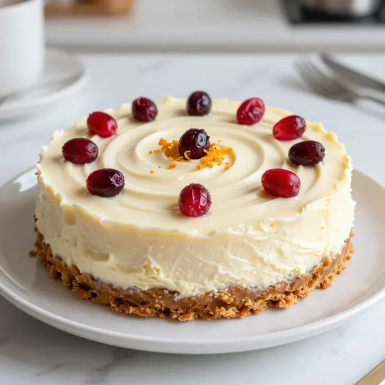 To make a delicious Cranberry Bliss Cheesecake, gather these ingredients: - 1 ½ cups graham cracker crumbs - ½ cup unsalted butter, melted - 2 cups cream cheese, softened - 1 cup granulated sugar - 1 teaspoon pure vanilla extract - 3 large eggs - 1 cup sour cream - 1 cup dried cranberries, roughly chopped - ½ cup white chocolate chips - Zest of 1 medium orange - ¼ teaspoon salt Each ingredient plays a key role in the flavor and texture of this cheesecake. The graham cracker crumbs create a crunchy base. The melted butter helps bind them together. Cream cheese gives the cheesecake its rich and creamy texture. Sugar sweetens the mix, while vanilla adds warmth. Eggs help set the cheesecake, making it firm yet smooth. Sour cream adds a tangy flavor that balances the sweetness. Dried cranberries provide bursts of tartness. White chocolate chips add a creamy touch, while orange zest infuses a refreshing citrus note. Lastly, salt enhances all these flavors. Make sure your ingredients are at room temperature for the best results. This helps everything blend smoothly, giving you a creamy and delicious cheesecake. {{ingredient_image_2}} Start by preheating your oven to 325°F (160°C). This temperature helps the cheesecake bake evenly. While it heats, prepare your springform pan. Grease it well and wrap the bottom in aluminum foil. This foil keeps any leaks at bay during baking. In a medium bowl, mix 1 ½ cups of graham cracker crumbs with ½ cup of melted unsalted butter. Stir until all the crumbs are coated. Press this mixture firmly into the bottom of your springform pan. This forms a solid crust. Bake it for 10 minutes. Once done, let it cool completely. In a large bowl, beat 2 cups of softened cream cheese and 1 cup of granulated sugar together. Use an electric mixer to get a smooth and creamy mix. Ensure there are no lumps. Then, add 1 teaspoon of pure vanilla extract and mix until combined. Add the 3 large eggs one at a time. Mix on low speed just until each egg is incorporated. Do not overmix, as this can cause cracks in the cheesecake later. Now it’s time to add extra flavor. Gently fold in 1 cup of sour cream, 1 cup of chopped dried cranberries, ½ cup of white chocolate chips, the zest of 1 medium orange, and ¼ teaspoon of salt. Use a spatula to mix everything gently. Pour the creamy cheesecake mixture over your cooled graham cracker crust. Use a spatula to smooth the top. A neat finish makes your cheesecake look great. To keep your cheesecake moist, create a water bath. Place your springform pan in a larger baking dish. Fill the outer dish with hot water until it reaches halfway up the sides of the springform pan. This method helps the cheesecake bake evenly. Carefully place the entire setup into the oven. Bake for 55-65 minutes. The edges should look set, and the center should have a slight jiggle. It will firm up as it cools. After baking, turn off the oven. Crack the door open and let the cheesecake cool in the oven for an hour. This gentle cooling helps prevent cracks. Once cool, take the cheesecake out and let it reach room temperature. Cover it and chill in the fridge for at least 4 hours, or overnight for the best taste. To keep your cheesecake smooth, avoid overmixing the batter. When adding eggs, mix just until combined. Overmixing adds air, which can cause cracks. Use a water bath for even baking. This method helps the cheesecake bake gently. It also keeps the texture creamy. After baking, let the cheesecake cool slowly in the oven. Cracking happens when it cools too fast. Having the right tools makes cheesecake easier. A 9-inch springform pan is best for easy release. Use a mixer to blend the cream cheese and sugar well. A rubber spatula helps fold in ingredients without losing air. A large baking dish is needed for the water bath. Finally, a hot, wet knife helps make clean slices for serving. For a stunning look, drizzle melted white chocolate on top. This adds a sweet touch. Sprinkle extra chopped cranberries over the cheesecake for color. Use a hot, wet knife to slice. This keeps edges clean for a beautiful presentation. Serve each slice with a dollop of whipped cream for extra flair. Pro Tips Room Temperature Ingredients: Ensure all your ingredients, especially cream cheese and eggs, are at room temperature. This helps achieve a smoother batter and prevents lumps. Don't Overmix: Mix the cheesecake batter just until smooth. Overmixing can incorporate too much air, leading to cracks in your cheesecake as it bakes. Check for Doneness: The cheesecake should have a slight jiggle in the center when you take it out of the oven. It will continue to firm up as it cools, so avoid overbaking. Chill Time: For the best flavor and texture, chill the cheesecake overnight. This allows the flavors to meld and the filling to set perfectly. {{image_4}} You can change the flavor of your cheesecake easily. Add cocoa powder to make a chocolate version. Mix in lemon juice and zest for a bright, fresh taste. You can even swirl in fruit purees or use different types of chips, like dark chocolate or butterscotch. Each choice gives a new twist to your cranberry bliss cheesecake. If you need a gluten-free option, use gluten-free graham crackers for the crust. You can also try almond flour or crushed nuts mixed with butter. This keeps the taste rich while making it safe for gluten-sensitive folks. Always check the labels of your ingredients to ensure they are gluten-free. Serve this cheesecake with a drizzle of raspberry sauce or a dollop of whipped cream. You can also top it with more dried cranberries or a sprinkle of nuts for crunch. If you want to impress, melt white chocolate and drizzle it over the top. These extra touches make the dessert even more delightful. Store leftover cheesecake in the fridge. First, cover it tightly with plastic wrap or place it in an airtight container. This keeps the cheesecake fresh. It can last in the fridge for about five days. If you want to keep it longer, consider freezing it. To freeze cheesecake, first let it cool completely. Then, wrap it tightly in plastic wrap. Place it in a freezer-safe container or bag. This helps prevent freezer burn. You can store the cheesecake for up to three months. When you want to enjoy it, move it to the fridge to thaw overnight. For the best taste, serve cheesecake cold. If you prefer it warm, use a gentle heat. Place slices in the microwave for a few seconds. Be careful not to overheat, as it can change the texture. Always use a hot, wet knife for clean slices. This method gives you perfect edges for a beautiful presentation. Yes, you can make this cheesecake a day or two ahead. It actually tastes better after chilling. Just store it in the fridge, covered with plastic wrap. This helps the flavors blend well. If you need a substitute for cream cheese, use mascarpone cheese or Greek yogurt. Both options give a creamy texture. You may need to adjust the sugar since Greek yogurt is tangier. The cheesecake is done when the edges are set but the center jiggles slightly. This means it will firm up as it cools. Keep an eye on it to avoid overbaking. Using fresh cranberries is possible, but they are more tart. This may change the flavor. If you use fresh, consider adding more sugar to balance the tartness. To slice the cheesecake neatly, use a hot, wet knife. Dip the knife in hot water, wipe it dry, and then cut. This helps the knife glide through without making a mess. This blog covered how to make a delicious cranberry bliss cheesecake. You learned the key ingredients, step-by-step instructions, and helpful tips to avoid cracks. I shared how to store leftovers and variations to try. Cheesecake can be a fun treat for any occasion. With the right method, you can impress your friends and family. Enjoy baking and sharing your creation!