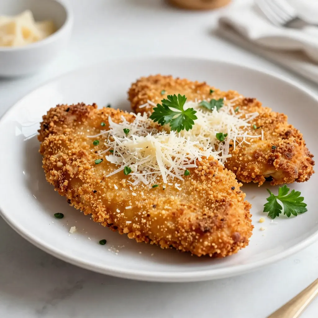 - 4 boneless, skinless chicken cutlets - 1 cup finely grated Parmesan cheese - 1 cup whole-wheat breadcrumbs - 2 large eggs - 1 tablespoon Dijon mustard - 2 teaspoons garlic powder - 1 teaspoon Italian seasoning - Salt and freshly cracked black pepper to taste - 2 tablespoons fresh parsley, chopped - Olive oil or cooking spray for frying The main ingredients for Parmesan crusted chicken cutlets start with fresh chicken. I use boneless, skinless chicken cutlets for a tender bite. Next, I choose finely grated Parmesan cheese. It gives a rich, nutty flavor. Whole-wheat breadcrumbs add a crunchy texture that I love. For the binding, I use eggs mixed with Dijon mustard. This mix helps the coating stick. The egg wash also adds flavor. Now let’s talk about seasoning. I add garlic powder and Italian seasoning to boost the taste. Salt and pepper are key for balance. Fresh parsley makes a pretty garnish and adds a pop of color. I often use olive oil for frying, but cooking spray works well too. This choice can help keep the dish lighter while still achieving that crispy delight we all crave! {{ingredient_image_2}} To start, ensure your chicken cutlets are even. If they are thick, place them between two sheets of plastic wrap. Use a meat mallet or a rolling pin to pound them to about ½ inch thick. This makes them tender and helps them cook evenly. Next, set up your workspace. You will need a clean area to work. Gather your tools, such as bowls for mixing and a skillet for frying. This will help you stay organized and make cooking easier. Now, let’s create our breading stations. In a shallow bowl, whisk together two large eggs and one tablespoon of Dijon mustard. Mix them well until smooth. This mixture helps the breading stick to the chicken. In a second shallow bowl, combine one cup of finely grated Parmesan cheese, one cup of whole-wheat breadcrumbs, two teaspoons of garlic powder, and one teaspoon of Italian seasoning. Add salt and pepper to taste. Mix these ingredients well for an even flavor. Now it’s time to coat the chicken cutlets. Start by dipping each cutlet into the egg mixture. Let any extra egg drip off. Then, transfer the cutlet to the Parmesan-breadcrumb mixture. Press gently to ensure the coating sticks well. Before frying, preheat a large skillet. Add a splash of olive oil over medium heat. If you prefer a lighter option, use cooking spray. Wait until the oil shimmers before adding the cutlets. Carefully place the breaded chicken cutlets into the skillet. Be sure not to crowd them. Fry each cutlet for about 4-5 minutes on each side. They should turn golden brown and reach an internal temperature of 165°F. Use a meat thermometer to check this. Once cooked, remove the cutlets from the skillet. Lay them flat on a paper towel-lined plate to absorb any extra oil. This keeps them nice and crisp. To get that perfect crunch on your Parmesan crusted chicken cutlets, oil temperature is key. Heat your olive oil until it shimmers. This shows it’s ready for frying. If the oil is too cool, the chicken will soak up excess oil. This makes the cutlets soggy instead of crispy. Also, avoid overcrowding your pan. This is vital for even cooking. If you place too many cutlets in at once, they’ll steam rather than fry. Cook in batches to ensure each piece gets enough heat to crisp up perfectly. You can boost flavor by adding more seasonings. Consider mixing in paprika, cayenne pepper, or fresh herbs. These can make your dish pop. You can also try different cheeses, like Romano or Asiago. Each cheese offers a unique taste. For the best results, use a heavy skillet. A cast iron or stainless steel pan heats evenly. This helps get golden, crunchy cutlets every time. If you need gluten-free options, use almond flour or gluten-free breadcrumbs. These work well and still give a nice crunch. For dairy-free options, swap the Parmesan for nutritional yeast. It adds a cheesy flavor without dairy. These adjustments make this dish more inclusive, so everyone can enjoy it. Pro Tips Ensure Even Thickness: Pounding the chicken to an even thickness not only helps with uniform cooking but also ensures a tender bite. Let the Coating Set: After breading, let the cutlets rest for a few minutes before frying. This helps the coating adhere better during cooking. Use a Meat Thermometer: To guarantee perfectly cooked chicken, always check that the internal temperature reaches 165°F (75°C). Experiment with Seasonings: Feel free to add your favorite herbs or spices to the breadcrumb mixture for a personalized flavor twist. {{image_4}} You can add extra flavor to your Parmesan crusted chicken cutlets by mixing in spices or herbs. Try adding paprika for a smoky taste or dried thyme for a hint of earthiness. You can also use fresh herbs like basil or oregano. These additions will make each bite exciting and fresh. Another fun option is to mix in different types of cheese. If you want a creamier taste, try adding mozzarella or cheddar to the breading. You could even use a bit of blue cheese for a bold twist. Each cheese brings its own unique flavor and texture, making your cutlets even more delightful. You can choose different cooking methods for your chicken cutlets. Frying gives you a crispy outside, while baking can be healthier. If you prefer baking, preheat your oven to 400°F (200°C). Place the breaded cutlets on a baking sheet and spray them lightly with cooking spray. Bake for 20-25 minutes, flipping halfway through for even cooking. If you want a quick and healthy option, you can use an air fryer. Set your air fryer to 375°F (190°C) and cook the cutlets for about 12-15 minutes. Make sure to flip them halfway for that perfect crunch. The air fryer makes them crispy without using much oil. When it comes to sides, think fresh and bright. A simple green salad pairs nicely with these cutlets. You can also serve them over a bed of arugula, which adds a peppery bite. Roasted veggies or mashed potatoes are great options too. For plating, arrange the cutlets neatly on a white plate. Add a sprinkle of fresh parsley on top for a pop of color. You can also drizzle a little balsamic glaze around the edges for a fancy touch. This way, your Parmesan crusted chicken cutlets will not only taste amazing but look beautiful, too! To keep your chicken cutlets fresh, refrigerate them right away. Place the cutlets in an airtight container. This helps prevent them from drying out. You can also cover them tightly with plastic wrap. Make sure to eat the leftovers within three days for the best taste. To reheat without losing that yummy crunch, use an oven. Preheat your oven to 375°F (190°C). Place the cutlets on a baking sheet and heat for about 10-15 minutes. If you prefer the microwave, cover the cutlets with a damp paper towel. Heat them for 1-2 minutes, checking often. The microwave may not keep the crunch as well as the oven. You can freeze these tasty cutlets too! First, let them cool completely. Wrap each cutlet in plastic wrap, then place them in a freezer bag. This keeps them safe for about three months. When you're ready to eat, thaw them in the fridge overnight. For cooking, bake them at 375°F (190°C) for about 20-25 minutes. This will give you a nice, crispy finish. For cutlets, boneless chicken breast works best. It cooks quickly and stays juicy. Chicken thighs are another option; they offer more flavor and moisture. Both cuts are easy to pound into thin pieces for even cooking. You can make these cutlets lighter by using whole-wheat breadcrumbs. This adds fiber. You can also skip frying and bake them instead. Spray with cooking oil for a crispy texture without added fat. Use lean chicken and cut down on cheese if needed. These cutlets pair well with fresh salads or steamed veggies. A side of pasta with marinara sauce adds heartiness. You can also serve them on top of a bed of arugula or with a light lemon sauce. Parmesan crusted chicken cutlets are a tasty meal option. We discussed the key ingredients, like chicken, Parmesan cheese, and seasonings. I also outlined step-by-step instructions for preparing and cooking the cutlets. To achieve that perfect crunch, temperature and space matter. Remember to explore variations and storage tips for leftovers. Keep these ideas in mind to create a dish that shines at any meal. Enjoy making your Parmesan cutlets and impressing your family and friends!