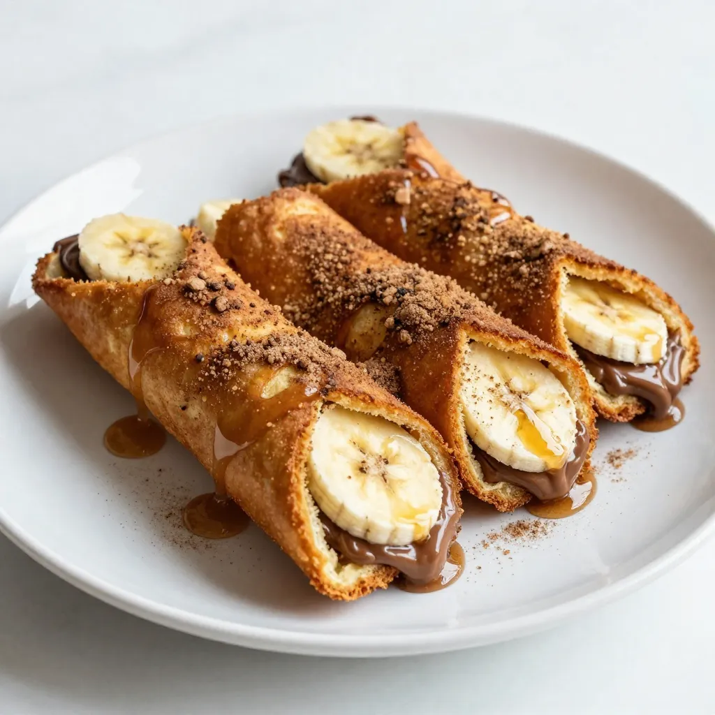 To make these delightful Banana Nutella French Toast Roll-Ups, gather the following ingredients: - 6 thick slices of bread (brioche or Texas toast preferred) - 3 tablespoons Nutella - 1 ripe banana, sliced into thin rounds - 2 large eggs - 1/4 cup milk (whole or almond for a twist) - 1 teaspoon vanilla extract - 1 teaspoon ground cinnamon - 2 tablespoons granulated sugar - Butter (for cooking) - Maple syrup (for drizzling) You can swap some ingredients for a unique taste. Here are a few ideas: - Bread: Use whole wheat or gluten-free bread if preferred. - Nutella: Try almond butter or peanut butter for a different flavor. - Milk: Any plant-based milk works well. Coconut milk adds a nice touch. - Eggs: Use flax eggs for a vegan option. Mix 1 tablespoon of ground flaxseed with 2.5 tablespoons of water and let it sit until thick. - Sugar: You can replace granulated sugar with honey or maple syrup for a natural sweetener. Choosing the right brands can elevate your dish. Here are some reliable options: - Bread: Look for a good-quality brioche from local bakeries or brands like La Boulangerie. - Nutella: The classic Nutella spread is popular, but consider brands like Nocciolata for a healthier alternative. - Milk: Almond Breeze or Silk offer great almond milk options. - Butter: Use unsalted butter for better control over salt levels in your dish. - Maple Syrup: Real maple syrup, such as Grade A or B from Vermont, provides the best flavor. These tips ensure your Banana Nutella French Toast Roll-Ups taste amazing and stand out! {{ingredient_image_2}} Start by trimming the crusts off each slice of bread. This creates flat rectangles. Use a rolling pin to flatten each slice gently. This step makes the bread easier to roll. Take about 1/2 tablespoon of Nutella. Spread it evenly across each rectangular slice of bread. At one end of each slice, add a few thin banana rounds. This adds flavor and sweetness. From the edge with the banana slices, carefully roll the bread. Make it into a tight cylinder shape. Pinch the seam to seal it closed. Repeat this for all bread slices. In a shallow bowl, crack two large eggs. Whisk them together with 1/4 cup milk, 1 teaspoon vanilla extract, 1 teaspoon ground cinnamon, and 2 tablespoons sugar. Mix until the mixture is smooth and uniform. Heat a skillet over medium heat. Add a small pat of butter until it melts. Dip each roll-up into the egg mixture. Make sure it is well coated but not soggy. Place the coated roll-ups seam side down in the skillet. Cook for about 2-3 minutes until golden brown. Carefully turn them to cook all sides. Add more butter to prevent sticking. Once cooked, remove the roll-ups from the skillet. Place them on a serving plate. Drizzle with maple syrup for added sweetness. For a nice touch, sprinkle powdered sugar over the roll-ups. You can also add banana slices or whipped cream on the side. Enjoy them warm! To get that perfect golden color on your roll-ups, use medium heat. If your heat is too high, they may burn. Each roll-up needs about 2-3 minutes on each side. Flip them gently to avoid spilling the filling. Use enough butter to coat the pan well. This helps prevent sticking and adds flavor. Also, don’t overcrowd the skillet; give each roll-up space to cook evenly. If you have leftovers, store them in an airtight container. Keep them in the fridge for up to three days. To reheat, you can use a skillet over low heat. This keeps them crispy. You can also use the oven. Preheat it to 350°F (175°C) and bake for about 10 minutes. If you want a quick fix, a microwave works, but they may lose their crispiness. One common mistake is using bread that is too soft. Choose thicker slices, like brioche or Texas toast, for best results. Another mistake is not sealing the roll-ups well. Make sure to pinch the seams tightly. If not, the filling may leak out while cooking. Lastly, don’t skip the cinnamon in the egg mixture. It adds a warm flavor that makes these roll-ups special. Pro Tips Use Fresh Bananas: Ensure your bananas are ripe but not overripe for the best flavor and texture. Choose the Right Bread: Brioche or Texas toast provides a soft, fluffy texture that holds up well when rolled and cooked. Control the Heat: Keep the skillet on medium heat to prevent burning the roll-ups while ensuring they cook through. Experiment with Toppings: Try adding chopped nuts or chocolate chips inside the roll-ups for extra flavor and crunch. {{image_4}} You can switch things up with different spreads and fruits. Try almond butter or peanut butter for a nutty twist. If you prefer fruit, swap bananas for strawberries or raspberries. Both options add fresh flavors that will surprise your taste buds. You can make these roll-ups vegan or gluten-free. To go vegan, use a plant-based milk and replace eggs with a mixture of flaxseed and water. For gluten-free options, choose gluten-free bread. This way, everyone can enjoy the fun! Toppings can take your roll-ups to a new level. Drizzle chocolate sauce or add whipped cream for a sweet treat. You might also sprinkle nuts or fresh fruit on top. Serve with a side of yogurt or ice cream for a delightful breakfast or dessert. To store leftover roll-ups, let them cool completely. Place them in an airtight container. Keep the container in the fridge. They will stay fresh for up to three days. If you want to enjoy them later, you can freeze them. To freeze your roll-ups, wrap each one tightly in plastic wrap. You can also place them in a freezer bag. Label the bag with the date. These roll-ups can freeze well for up to two months. When you're ready to eat them, just thaw them in the fridge overnight. Reheating is easy! You can use the oven or a skillet. For the oven, preheat it to 350°F (175°C). Place the roll-ups on a baking sheet and cover with foil. Heat for about 10-15 minutes. For a skillet, add a little butter and warm them over medium heat for about 3-4 minutes. This keeps them crispy and delicious! Yes, you can prepare these roll-ups ahead of time. After you roll them up, place them in the fridge. You can keep them there for up to 24 hours. When ready to cook, just dip them in the egg mixture and cook as usual. This saves time for busy mornings! If you want a change from Nutella, try almond butter or peanut butter. Both work well with bananas. You can also use chocolate spread or any nut-free spread. Just ensure it has a smooth texture for easy spreading. Yes, you can easily adjust the sweetness. Use less sugar in the egg mix if you prefer less sweet. You can also choose a less sweet chocolate spread. Adding fresh fruit on top can also enhance flavor without extra sugar. This post covered every step to make delicious roll-ups. You learned about the right ingredients and how to prep them. I shared helpful tips to cook perfectly golden roll-ups. You can also try fun flavor variations and ways to store leftovers. In the end, these roll-ups are quick and tasty. They are great for any meal or snack. Enjoy the process and get creative with your toppings and mix-ins. Happy cooking!
