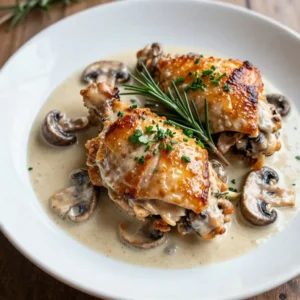 - 4 bone-in, skin-on chicken thighs - 1 tablespoon olive oil - 1 medium onion, finely chopped - 3 cloves garlic, minced - 8 ounces cremini mushrooms, cleaned and sliced - 1 cup heavy cream - 1 cup chicken broth - 1 teaspoon dried thyme - 1 teaspoon dried rosemary - Salt and freshly ground pepper to taste - Fresh parsley, finely chopped - Large, heavy-bottom skillet - Wooden spoon - Plate for resting chicken - Measuring cups - Chopping board - Sharp knife Gather these ingredients and tools before starting. This will make the cooking process smooth. Each item plays a key role in building layers of flavor in the dish. The chicken thighs bring richness, while the mushrooms add depth. The cream ties everything together for a luscious sauce. {{ingredient_image_2}} Start by drying the chicken thighs with paper towels. This step helps make the skin crispy. Season both sides with salt and pepper. Use a good amount of seasoning for flavor. In a large skillet, heat olive oil over medium-high heat. Wait until the oil shimmers. Place the chicken thighs in the skillet, skin-side down. Sear them for about 5-7 minutes. You want the skin to be golden brown and crispy. Then, flip the chicken thighs and cook for another 5 minutes. Once done, take the chicken out and set it aside. In the same skillet, add chopped onion. Saut&eacute; it for about 2-3 minutes until it is soft. Then, add minced garlic and cook for another minute. This will make the kitchen smell great. Next, add sliced cremini mushrooms. Stir them well and saut&eacute; for about 5 minutes. They should turn brown and lose most of their moisture. Pour in the chicken broth. Use a wooden spoon to scrape any bits stuck to the bottom. This adds great flavor. Then, stir in heavy cream, thyme, and rosemary. Let this mixture simmer gently. Now, return the seared chicken thighs to the skillet. Place them skin-side up. Spoon some sauce over the chicken. Cover the skillet with a lid. Lower the heat and let it simmer for 20-25 minutes. This helps the chicken cook through. Make sure it reaches 165&deg;F (75&deg;C) for safety. Taste the sauce once done and add more salt or pepper if needed. To get crispy chicken skin, start by patting the chicken thighs dry. This step removes extra moisture. Season the chicken well with salt and pepper. When cooking, heat the olive oil until it shimmers in the pan. Sear the chicken skin-side down for about 5-7 minutes. This helps form a golden crust. Flip and cook for another 5 minutes. This method locks in flavor and gives you that delightful crunch. To enhance flavor, add fresh herbs like thyme and rosemary. These herbs bring a lovely aroma. You can also mix in some white wine before adding the chicken broth. This adds depth to the sauce. Another tip is to use different mushrooms. Shiitake or portobello can bring unique tastes. Always taste the sauce before serving. Adjust with more salt or pepper as needed for balance. For a creamy sauce, use heavy cream. It gives a rich texture. If the sauce is too thick, add more chicken broth. If it&rsquo;s too thin, let it simmer longer. This helps it thicken naturally. Stir the sauce frequently to avoid burning. Lastly, spoon some sauce over the chicken before serving. This makes the dish look inviting and appetizing. Pro Tips Pat Dry for Crispiness: Always pat your chicken thighs dry with paper towels before seasoning and cooking. This step ensures that the skin gets crispy during the searing process, enhancing the texture of the dish. Quality Ingredients Matter: Use high-quality chicken broth and heavy cream for a richer flavor in the sauce. The better the ingredients, the more delicious your final dish will be. Simmering Time is Key: Be patient during the simmering stage. Allowing the chicken to cook slowly in the creamy sauce ensures it becomes tender and absorbs all the flavors from the herbs and mushrooms. Garnish for Presentation: Don&rsquo;t skip the fresh parsley garnish! It adds a vibrant color contrast and a fresh flavor that brightens up the rich creamy sauce, making your dish visually appealing and more delicious. {{image_4}} You can use various mushrooms in this dish. Cremini mushrooms add rich flavor, but you can try others too. Button mushrooms are mild and work well. Shiitake mushrooms have a deep taste that enriches the sauce. For a unique twist, use portobello mushrooms. Just chop them up and follow the same steps. Each type brings its own flavor, so feel free to mix them! Boneless chicken thighs are a great option if you want less fat. They cook faster and are easier to eat. Simply sear the boneless thighs for about 4-5 minutes on each side. Then, follow the same steps for making the sauce. You will still get a creamy texture and tasty meal. Heavy cream gives a rich taste, but you have choices. For a lighter version, use half-and-half. This still keeps the sauce creamy but cuts some calories. If you want a dairy-free option, try coconut milk. It adds a subtle sweetness and a unique flavor. You can also use cashew cream for a nutty twist. Adjust the seasoning to balance the flavors, and enjoy! To keep your creamy mushroom chicken thighs fresh, store them in an airtight container. This helps prevent any unwanted smells and keeps the dish tasty. Make sure the dish is cool before sealing. You can store it in the fridge for up to three days. Always label the container with the date to keep track of freshness. If you want to save this dish for later, freezing is a great option. First, let the chicken cool completely. Then, place it in a freezer-safe bag or container. Remove as much air as possible to avoid freezer burn. You can freeze the chicken for up to three months. Remember, the cream sauce may change texture but will still taste great when reheated. When you&rsquo;re ready to enjoy your chicken again, reheating it right is key. Thaw the chicken in the fridge overnight if frozen. You can reheat it in a skillet over low heat, adding a splash of chicken broth to keep it moist. Stir occasionally until it&rsquo;s warmed through. You can also use the microwave, but be cautious to avoid overcooking. Enjoy your creamy mushroom chicken thighs just like the first time! You can serve this dish with many tasty sides. Here are some great options: - Mashed potatoes - Fluffy rice - Steamed green beans - Roasted vegetables - Garlic bread These sides soak up the creamy sauce. They add color and nutrition to your meal. Yes, you can make this recipe dairy-free! Use coconut cream or almond milk. You can also try cashew cream. These options will keep it creamy without dairy. Just adjust seasonings to your taste. Check the chicken's internal temperature. It should reach 165&deg;F (75&deg;C). You can use a meat thermometer for an accurate reading. The meat should also be opaque and juices should run clear. You can prepare this dish ahead of time! Cook the chicken and sauce, then store them separately. Refrigerate for up to 2 days. Reheat gently before serving to keep the chicken tender. This blog post covers the essentials for making Creamy Mushroom Chicken Thighs. We explored the key ingredients, step-by-step instructions, and helpful tips. You learned how to make crispy chicken skin and enhance flavor. We discussed variations, storage, and answered common questions. In summary, this dish is easy to make and fun to customize. Enjoy your meal!
