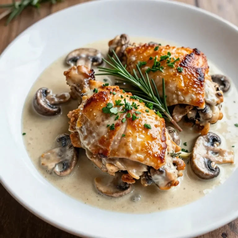 - 4 bone-in, skin-on chicken thighs - 1 tablespoon olive oil - 1 medium onion, finely chopped - 3 cloves garlic, minced - 8 ounces cremini mushrooms, cleaned and sliced - 1 cup heavy cream - 1 cup chicken broth - 1 teaspoon dried thyme - 1 teaspoon dried rosemary - Salt and freshly ground pepper to taste - Fresh parsley, finely chopped - Large, heavy-bottom skillet - Wooden spoon - Plate for resting chicken - Measuring cups - Chopping board - Sharp knife Gather these ingredients and tools before starting. This will make the cooking process smooth. Each item plays a key role in building layers of flavor in the dish. The chicken thighs bring richness, while the mushrooms add depth. The cream ties everything together for a luscious sauce. {{ingredient_image_2}} Start by drying the chicken thighs with paper towels. This step helps make the skin crispy. Season both sides with salt and pepper. Use a good amount of seasoning for flavor. In a large skillet, heat olive oil over medium-high heat. Wait until the oil shimmers. Place the chicken thighs in the skillet, skin-side down. Sear them for about 5-7 minutes. You want the skin to be golden brown and crispy. Then, flip the chicken thighs and cook for another 5 minutes. Once done, take the chicken out and set it aside. In the same skillet, add chopped onion. Sauté it for about 2-3 minutes until it is soft. Then, add minced garlic and cook for another minute. This will make the kitchen smell great. Next, add sliced cremini mushrooms. Stir them well and sauté for about 5 minutes. They should turn brown and lose most of their moisture. Pour in the chicken broth. Use a wooden spoon to scrape any bits stuck to the bottom. This adds great flavor. Then, stir in heavy cream, thyme, and rosemary. Let this mixture simmer gently. Now, return the seared chicken thighs to the skillet. Place them skin-side up. Spoon some sauce over the chicken. Cover the skillet with a lid. Lower the heat and let it simmer for 20-25 minutes. This helps the chicken cook through. Make sure it reaches 165°F (75°C) for safety. Taste the sauce once done and add more salt or pepper if needed. To get crispy chicken skin, start by patting the chicken thighs dry. This step removes extra moisture. Season the chicken well with salt and pepper. When cooking, heat the olive oil until it shimmers in the pan. Sear the chicken skin-side down for about 5-7 minutes. This helps form a golden crust. Flip and cook for another 5 minutes. This method locks in flavor and gives you that delightful crunch. To enhance flavor, add fresh herbs like thyme and rosemary. These herbs bring a lovely aroma. You can also mix in some white wine before adding the chicken broth. This adds depth to the sauce. Another tip is to use different mushrooms. Shiitake or portobello can bring unique tastes. Always taste the sauce before serving. Adjust with more salt or pepper as needed for balance. For a creamy sauce, use heavy cream. It gives a rich texture. If the sauce is too thick, add more chicken broth. If it’s too thin, let it simmer longer. This helps it thicken naturally. Stir the sauce frequently to avoid burning. Lastly, spoon some sauce over the chicken before serving. This makes the dish look inviting and appetizing. Pro Tips Pat Dry for Crispiness: Always pat your chicken thighs dry with paper towels before seasoning and cooking. This step ensures that the skin gets crispy during the searing process, enhancing the texture of the dish. Quality Ingredients Matter: Use high-quality chicken broth and heavy cream for a richer flavor in the sauce. The better the ingredients, the more delicious your final dish will be. Simmering Time is Key: Be patient during the simmering stage. Allowing the chicken to cook slowly in the creamy sauce ensures it becomes tender and absorbs all the flavors from the herbs and mushrooms. Garnish for Presentation: Don’t skip the fresh parsley garnish! It adds a vibrant color contrast and a fresh flavor that brightens up the rich creamy sauce, making your dish visually appealing and more delicious. {{image_4}} You can use various mushrooms in this dish. Cremini mushrooms add rich flavor, but you can try others too. Button mushrooms are mild and work well. Shiitake mushrooms have a deep taste that enriches the sauce. For a unique twist, use portobello mushrooms. Just chop them up and follow the same steps. Each type brings its own flavor, so feel free to mix them! Boneless chicken thighs are a great option if you want less fat. They cook faster and are easier to eat. Simply sear the boneless thighs for about 4-5 minutes on each side. Then, follow the same steps for making the sauce. You will still get a creamy texture and tasty meal. Heavy cream gives a rich taste, but you have choices. For a lighter version, use half-and-half. This still keeps the sauce creamy but cuts some calories. If you want a dairy-free option, try coconut milk. It adds a subtle sweetness and a unique flavor. You can also use cashew cream for a nutty twist. Adjust the seasoning to balance the flavors, and enjoy! To keep your creamy mushroom chicken thighs fresh, store them in an airtight container. This helps prevent any unwanted smells and keeps the dish tasty. Make sure the dish is cool before sealing. You can store it in the fridge for up to three days. Always label the container with the date to keep track of freshness. If you want to save this dish for later, freezing is a great option. First, let the chicken cool completely. Then, place it in a freezer-safe bag or container. Remove as much air as possible to avoid freezer burn. You can freeze the chicken for up to three months. Remember, the cream sauce may change texture but will still taste great when reheated. When you’re ready to enjoy your chicken again, reheating it right is key. Thaw the chicken in the fridge overnight if frozen. You can reheat it in a skillet over low heat, adding a splash of chicken broth to keep it moist. Stir occasionally until it’s warmed through. You can also use the microwave, but be cautious to avoid overcooking. Enjoy your creamy mushroom chicken thighs just like the first time! You can serve this dish with many tasty sides. Here are some great options: - Mashed potatoes - Fluffy rice - Steamed green beans - Roasted vegetables - Garlic bread These sides soak up the creamy sauce. They add color and nutrition to your meal. Yes, you can make this recipe dairy-free! Use coconut cream or almond milk. You can also try cashew cream. These options will keep it creamy without dairy. Just adjust seasonings to your taste. Check the chicken's internal temperature. It should reach 165°F (75°C). You can use a meat thermometer for an accurate reading. The meat should also be opaque and juices should run clear. You can prepare this dish ahead of time! Cook the chicken and sauce, then store them separately. Refrigerate for up to 2 days. Reheat gently before serving to keep the chicken tender. This blog post covers the essentials for making Creamy Mushroom Chicken Thighs. We explored the key ingredients, step-by-step instructions, and helpful tips. You learned how to make crispy chicken skin and enhance flavor. We discussed variations, storage, and answered common questions. In summary, this dish is easy to make and fun to customize. Enjoy your meal!