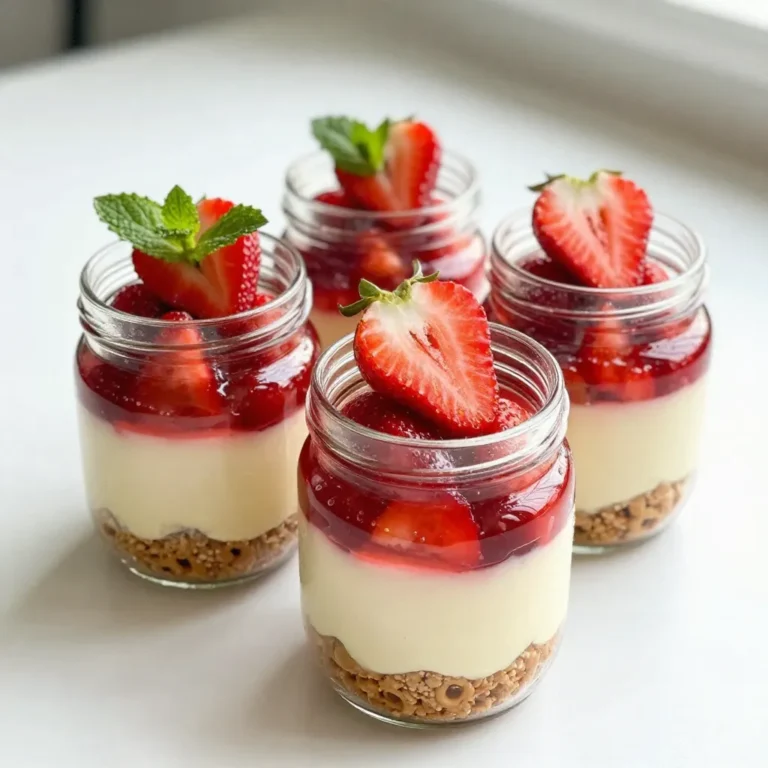 To make Strawberry Pretzel Salad Jars, you need the following ingredients: - 2 cups crushed pretzels - 1/2 cup unsalted butter, melted - 1/4 cup granulated sugar - 8 oz cream cheese, softened - 1 cup powdered sugar - 1 cup whipped topping (like Cool Whip) - 2 cups fresh strawberries, hulled and sliced - 1/2 cup granulated sugar (for strawberries) - 1 cup strawberry-flavored gelatin (Jell-O) - 2 cups boiling water If you need to swap out some ingredients, here are some options: - Use gluten-free pretzels for a gluten-free version. - Swap cream cheese with Greek yogurt for a lighter option. - Try using a sugar substitute if you want to cut down on sugar. - Use fresh raspberries or blueberries instead of strawberries for a different flavor. When picking strawberries, look for these signs: - Choose berries that are bright red and firm. - Avoid any with green or white spots. - The leaves should be green and fresh, not wilted. - Smell the strawberries; they should have a sweet scent. - If possible, buy local strawberries for the best flavor. These tips will help you enjoy the best Strawberry Pretzel Salad Jars. {{ingredient_image_2}} To start, preheat your oven to 350°F (175°C). This gets it ready for the crust. Next, grab a mixing bowl. Combine 2 cups of crushed pretzels, 1/2 cup of melted unsalted butter, and 1/4 cup of granulated sugar. Mix these together well. You want to coat all the pretzel pieces. Then, spread the pretzel mix into a greased 9x13-inch baking dish. Press it down firmly. Bake for 10 minutes and let it cool. This forms a crisp crust. While the pretzel crust cools, prepare the cream cheese layer. In a separate bowl, beat 8 ounces of softened cream cheese and 1 cup of powdered sugar with an electric mixer. Mix until smooth and creamy. Next, gently fold in 1 cup of whipped topping. Be careful not to deflate the mixture. You want it fluffy and light. Once done, set this aside for later. Now, let's prepare the strawberry gelatin. In a small bowl, dissolve 1 cup of strawberry-flavored gelatin in 2 cups of boiling water. Stir continuously until it fully dissolves. Let the mixture cool for a few minutes. While it cools, toss 2 cups of hulled and sliced strawberries with 1/2 cup of granulated sugar. Let them sit for about 10 minutes. This helps the strawberries release their juices and enhances their sweetness. Once the gelatin cools slightly, mix in the macerated strawberries and their juices. Now, it’s time to assemble the jars. Start by spreading the cream cheese layer evenly over the cooled pretzel crust in the baking dish. Smooth it out with a spatula. Next, pour the strawberry and gelatin mixture gently over the cream cheese layer. Make sure it’s evenly distributed. Cover the dish with plastic wrap and refrigerate for at least 2 to 4 hours. This lets the gelatin set and firm up. When ready, you can cut the dessert into squares or layer it into individual jars. For a fun touch, top each jar with a fresh strawberry half and a mint leaf. Enjoy this refreshing treat! To get a great crust, use fresh pretzels. Crush them well but not too fine. Mix them with melted butter and sugar. Spread this mix in a greased dish. Press it down firmly. Bake at 350°F for just 10 minutes. Let it cool completely. This step is key for a nice, crispy base. When you whip the cream cheese, it should be at room temperature. This helps it blend smoothly. Beat it with powdered sugar until creamy. Then gently fold in the whipped topping. Use a spatula to keep it light and fluffy. This layer gives a rich taste and texture. Chill the jars for at least 2 to 4 hours. This helps the gelatin set correctly. You can serve it in clear jars for a pretty look. Layer the crust, cream cheese, and strawberries. Top with a strawberry half and a mint leaf. This adds color and freshness to each jar. Pro Tips Chill the Cream Cheese: For a smoother cream cheese mixture, ensure that the cream cheese is at room temperature before mixing. This will help achieve a light and fluffy texture. Perfect Pretzel Crust: Press the pretzel mixture firmly into the baking dish to create a stable base. This will prevent it from crumbling when you cut into the final dessert. Macerate the Strawberries: Allow the strawberries to sit with sugar for at least 10 minutes. This process enhances their flavor and ensures they release their natural juices, making the dessert even more delicious. Layering in Jars: For individual jars, layer the ingredients carefully to showcase the beautiful colors and textures. Use a piping bag for the cream cheese mixture for cleaner layers. {{image_4}} You can change the fruit in your Strawberry Pretzel Salad Jars. Use blueberries, raspberries, or peaches. Each fruit brings its own flavor. Blueberries add a sweet and tart taste. Raspberries give a nice pop of color. Peaches offer a juicy, summer vibe. Mix and match to find your favorite combo! Don’t feel stuck with strawberry gelatin. Try other flavors like raspberry, peach, or lemon. Each flavor will change the taste of your dessert. Raspberry adds a lovely berry twist. Lemon gives a refreshing zing. Just remember to match your fruit to the gelatin for the best flavor mix! If you need a gluten-free option, use gluten-free pretzels. They work just like regular ones. Crush them the same way and mix with melted butter and sugar. You’ll still get that crunchy crust. Your guests won’t miss the gluten at all! This way, everyone can enjoy this tasty treat. To keep your Strawberry Pretzel Salad Jars fresh, cover them tightly with plastic wrap or a lid. This helps prevent air from getting in. Store them in the fridge where they will stay good for about three days. If you plan to eat them later, this is a great way to save them. You can enjoy the layers just as they are. You can freeze these jars, but they may not taste as fresh. To freeze, remove any toppings like strawberries or whipped cream. Seal the jars tightly. They can last about a month in the freezer. When ready to eat, thaw them in the fridge overnight. After thawing, add fresh toppings to make them look nice again. The individual ingredients have their own shelf lives. Fresh strawberries last about 3 to 7 days in the fridge. Cream cheese is good for about two weeks after opening. Once your jars are assembled, eat them within three days for the best taste. If you store them properly, you can enjoy this treat for days! Yes, you can prepare Strawberry Pretzel Salad Jars a day in advance. This treat tastes even better after sitting. The flavors meld together, making each bite delightful. Just keep them covered in the fridge. This keeps them fresh and ready to serve. If you don’t have Cool Whip, you can use heavy cream instead. Whip the heavy cream until it forms soft peaks. Then, fold it into the cream cheese mixture. This gives a light and fluffy texture. You can also use any non-dairy whipped topping if needed. To adjust sweetness, you can change the sugar amounts. If you prefer a less sweet dish, reduce the granulated sugar in the strawberries. You can also use a sugar substitute for a healthier option. Just taste as you go to find your perfect balance! In this post, we covered how to make delicious Strawberry Pretzel Salad Jars. We explored the ingredients, offered substitutions, and gave tips on picking fresh strawberries. I provided step-by-step instructions for the crust, cream cheese layer, and the gelatin mixture. You learned tricks for perfecting the recipe, plus variations and storage advice. Remember, this dessert is flexible and fun. Don't hesitate to experiment with different fruits or flavors. Enjoy creating your own twist on this classic treat!