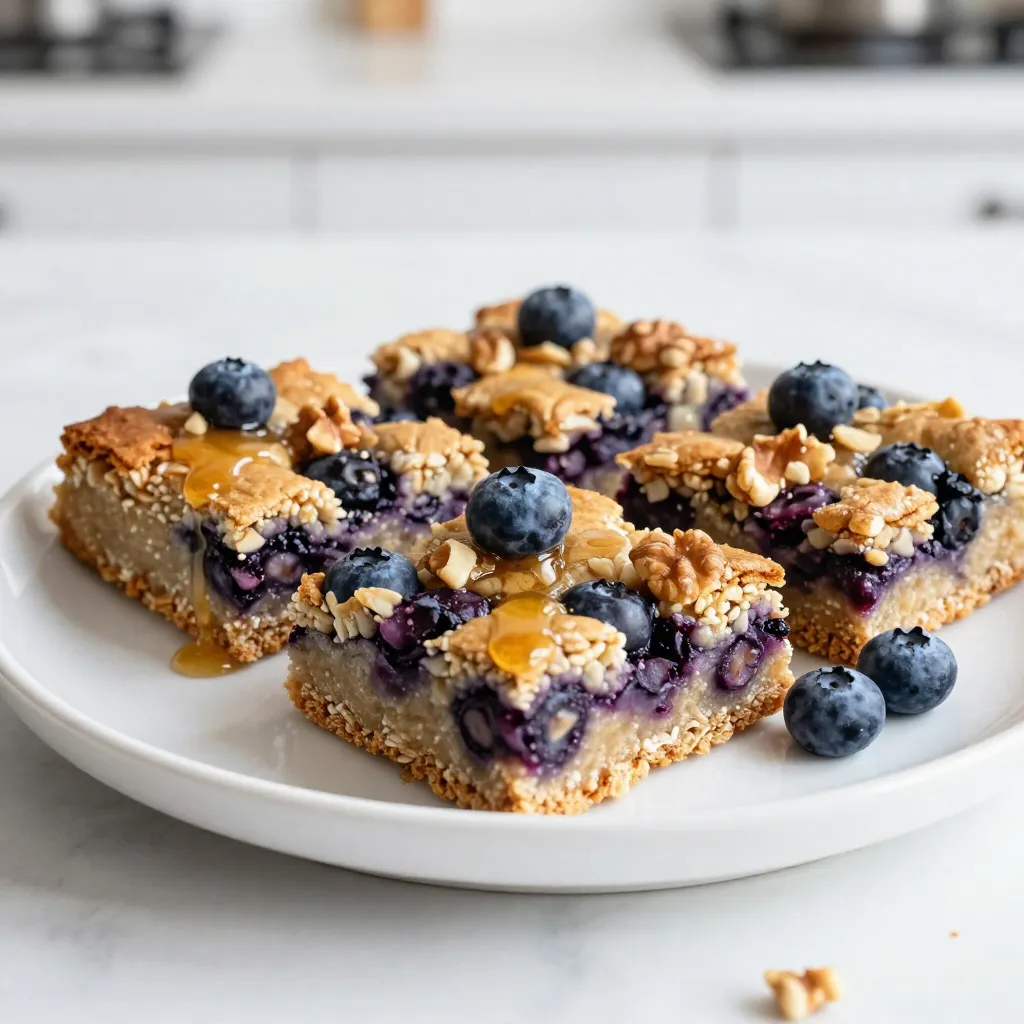 - 2 cups rolled oats - 1 cup fresh blueberries (or frozen, thawed) - 1/4 cup honey or maple syrup - 1/2 cup almond butter (or any nut butter of your choice) - 1/2 teaspoon vanilla extract - 1/2 teaspoon baking powder - 1/4 teaspoon salt - 1/2 teaspoon ground cinnamon - 1/4 cup chopped nuts (such as walnuts or almonds) - 1/4 cup chocolate chips or your favorite dried fruits When making blueberry oat breakfast bars, I love using simple ingredients. The rolled oats form the base. They provide fiber and keep you full. I use fresh blueberries for a pop of flavor. If they're not in season, frozen works well too. Honey or maple syrup adds sweetness without being too much. Almond butter gives the bars a rich, nutty taste. If you want to switch it up, any nut butter works. I add vanilla extract for warmth. Baking powder helps the bars rise just a bit. A pinch of salt brings out all the flavors, while ground cinnamon adds a lovely spice. For a fun twist, you can include chopped nuts. Walnuts or almonds add crunch. If you’re feeling indulgent, chocolate chips or dried fruits work wonders too. They make these bars even more special. These ingredients come together to create a tasty and nutritious breakfast or snack. {{ingredient_image_2}} - Preheat your oven to 350°F (175°C). - Prepare an 8x8 inch baking dish with parchment paper. Start by heating your oven. This step helps the bars bake evenly. Line the baking dish with parchment paper. This makes it easy to lift the bars out later. - Combine rolled oats, baking powder, salt, and cinnamon. In a large bowl, mix the dry ingredients. Use a whisk to blend the oats, baking powder, salt, and cinnamon well. This step ensures every bite has the same great flavor. - Whisk together almond butter, honey (or maple syrup), and vanilla extract. In a separate bowl, combine the wet ingredients. Whisk the almond butter, honey, and vanilla until smooth. This mixture will add moisture and sweetness to the bars. - Stir together wet and dry mixtures until just combined. Pour the wet mixture into the dry bowl. Use a spatula to gently stir until everything is combined. Don't overmix; some lumps are okay. - Fold in blueberries and chopped nuts, plus optional chocolate chips or dried fruits. Now it’s time to add the fun stuff! Gently fold in the blueberries and nuts. If you like, toss in chocolate chips or dried fruits. This adds extra flavor and texture to your bars. - Transfer to baking dish and bake for 20-25 minutes until golden brown. Spread the mixture in the prepared dish. Press it down firmly to pack it tight. Now, place it in the oven. Bake for about 20 to 25 minutes. Look for a golden-brown edge to know they are ready. - Cool in pan, then on wire rack before cutting into squares. Once baked, take the dish out of the oven. Let it cool in the pan for about 10 minutes. Use the parchment paper to lift the bars out. Place them on a wire rack to cool completely. Once cool, cut into squares. Enjoy your delicious blueberry oat breakfast bars! To make the best blueberry oat breakfast bars, focus on consistency. You want a thick mixture that holds together well. If it feels too dry, add a splash of water or milk. If it's too wet, add a bit more oats. Packing the mixture tightly is key. Use a spatula or your hands to press it down hard in the baking dish. This helps the bars hold their shape after baking. If you want to switch nut butter, try peanut or cashew butter. Each adds a unique flavor. For sweeteners, honey or maple syrup works great, but you can also use agave syrup or brown sugar. These bars taste amazing with yogurt or fresh fruit. Top them with a dollop of yogurt or slice up bananas for extra goodness. For fun toppings, consider adding a sprinkle of cinnamon or some chopped nuts. These little touches make your bars even better! Pro Tips Use Fresh Ingredients: Whenever possible, opt for fresh blueberries and high-quality nut butter to enhance the flavor and nutrition of your bars. Customize Your Nuts: Feel free to experiment with different nuts or seeds to find your perfect combination. Each type adds a unique flavor and texture. Storage Tips: Store the bars in an airtight container in the fridge for up to a week, or freeze them for longer shelf life. Just make sure to separate them with parchment paper. Make It Your Own: Add spices like nutmeg or cardamom for extra flavor, or include protein powder to boost the nutritional value of your breakfast bars. {{image_4}} You can easily change the fruit in these bars. Try using strawberries, raspberries, or apples. Each fruit adds its unique taste and texture. Strawberries bring a sweet, juicy punch. Raspberries offer a tart contrast. Apples give a nice crunch. Just chop them up and fold them in as you would with blueberries. Want to spice things up? Add some nutmeg or ginger to your mix. A little nutmeg adds warmth, while ginger gives a zesty kick. Both enhance the flavor without being overpowering. You can also mix in protein powder for a boost. This is great if you want a filling breakfast or snack. If you need nut-free bars, substitute almond butter with sunflower seed butter or pumpkin seed butter. Both are great choices that still give a creamy texture. For sweeteners, use agave syrup or date syrup instead of honey. These options keep the bars tasty and suitable for vegan diets. To keep your blueberry oat breakfast bars fresh, store them in an airtight container. Make sure the container is sealed well. This helps prevent moisture from getting in. It also keeps the bars from drying out. You can place parchment paper between layers to avoid sticking. If you want to save the bars for later, freezing is a great option. Cut the bars into squares first. Wrap each square tightly in plastic wrap. Then place the wrapped bars in a freezer-safe bag. This way, they stay fresh for up to three months. When you're ready to eat, thaw them in the fridge overnight. You can also use the microwave for a quick thaw. At room temperature, the bars stay fresh for about three days. If you place them in the fridge, they can last up to a week. Keeping them in the fridge helps them stay moist and tasty. Just remember to use an airtight container, so they don’t absorb any odors from the fridge. Yes, you can use frozen blueberries. They work well in this recipe. Just thaw them first. Frozen blueberries can make the bars a bit moister. You might notice a slight change in texture, but the flavor stays great. To make these bars gluten-free, use certified gluten-free oats. You can swap the almond butter for sunflower seed butter to avoid nuts. Maple syrup is a safe sweetener too. Always check labels on ingredients for hidden gluten. These bars are packed with nutrients. They provide fiber from oats and antioxidants from blueberries. Each bar has about 150 calories, depending on your ingredients. The healthy fats from nut butter help keep you full longer. They make a great breakfast or snack. Yes, you can easily adjust the recipe. To make fewer bars, cut the ingredients in half. Use a smaller baking dish, like a 6x6 inch one. Keep an eye on the baking time; it may be less than the full recipe. Check for a golden brown edge. You can also insert a toothpick; it should come out clean. If the bars look soft in the middle, they need more time. Bake them a few extra minutes if needed. These homemade bars are simple and tasty. We started with oats, blueberries, and nut butter, then added some spices and optional extras. Baking them takes just 20-25 minutes. Remember, you can customize these bars with different fruits or nuts. Whether you enjoy them as a snack or breakfast, they will not disappoint. Good luck making your perfect batch!