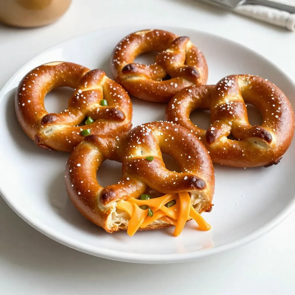 - 2 ¼ teaspoons active dry yeast - 1 cup warm water (about 110°F) - 2 tablespoons granulated sugar - 4 cups all-purpose flour - 2 teaspoons salt - ½ cup sharp cheddar cheese, shredded - 2-3 fresh jalapeño peppers, finely chopped - ¼ cup baking soda (for boiling) - 1 egg, beaten (for egg wash) - Coarse sea salt (for topping) The active dry yeast must be fresh. This ensures the dough rises well. If you don't have granulated sugar, you can use brown sugar. It will add a slight caramel flavor. For flour, all-purpose works best, but you can also use bread flour for a chewier pretzel. If you want, you can swap sharp cheddar with a milder cheese. Gouda or Monterey Jack works well too. If you like it spicy, add more jalapeños or try serrano peppers. For cheese, sharp cheddar gives a strong flavor. Look for a good-quality block cheese. Shred it yourself for better melting. Pre-shredded cheese often has anti-caking agents that can affect texture. When it comes to jalapeños, choose firm peppers. They should be bright green and free of soft spots. Adjust the heat by removing seeds. This can make your pretzel knots less spicy if that’s your goal. {{ingredient_image_2}} Start by getting your warm water ready. Measure 1 cup and make sure it is about 110°F. Then, add 2 tablespoons of sugar into the water. Stir it gently to mix. Now, sprinkle 2 ¼ teaspoons of active dry yeast on top. Let this sit for 5 to 10 minutes. The mixture will foam up, showing the yeast is working. Grab a large mixing bowl and add 4 cups of all-purpose flour and 2 teaspoons of salt. Mix these well. Once your yeast mixture is foamy, pour it into the flour bowl. Next, add ½ cup of shredded sharp cheddar cheese and 2-3 finely chopped jalapeños. Use a wooden spoon to mix until a dough starts to form. Now it's time to knead! Place the dough on a lightly floured surface. Knead it for about 5 to 7 minutes. You want it to feel smooth and elastic. If it sticks to your hands, sprinkle in a bit more flour. After kneading, grease a bowl lightly with oil. Put the dough in, coating the top with oil. Cover the bowl with a damp cloth. Let it rise in a warm spot for about 1 hour, or until it doubles in size. Once the dough has risen, gently punch it down to let out the air. Divide the dough into 10 to 12 equal pieces. Roll each piece into a 10-inch long rope. Now twist each rope into a knot shape. Tuck the ends underneath. In a large pot, bring about 8 cups of water to a gentle simmer. Carefully stir in ¼ cup of baking soda. Be careful; it will bubble! Drop the pretzel knots in batches into the water. Boil each knot for about 30 seconds. Use a slotted spoon to remove them and place them on a baking sheet lined with parchment paper. Brush each knot with a beaten egg for a shine. Sprinkle coarse sea salt on top. Bake in a preheated oven at 425°F for 12 to 15 minutes. They should look puffed and golden brown. Let them cool for a few minutes before serving. To get the right heat, start with 2 jalapeños. If you want more spice, add another. For a milder taste, remove the seeds and membranes. The cheese adds richness, so use sharp cheddar for a bold flavor. You can also mix in a mild cheese like Monterey Jack. This blend gives you the best of both worlds. A great pretzel crust starts with boiling the knots in a baking soda solution. This step helps create that shiny, golden exterior. Make sure your water simmers gently; boiling too hard can break the knots. After boiling, brush each knot with beaten egg for an extra shiny finish. Don’t skip the coarse sea salt on top; it’s key for flavor. One common mistake is not letting the dough rise enough. Always let it double in size for the best texture. Another issue is over-kneading the dough. Knead just until smooth and elastic, which should take about 5–7 minutes. Lastly, avoid crowding the pot when boiling. Boil in batches to ensure each knot cooks evenly. Pro Tips Activate Your Yeast Properly: Make sure your water is at the right temperature (about 110°F) to activate the yeast effectively. If it’s too hot, it can kill the yeast, and if it’s too cold, the yeast won’t activate. Knead for Texture: Kneading the dough for 5–7 minutes is crucial for developing gluten, which gives your pretzel knots their chewy texture. Don’t rush this step! Boil for Color: Boiling the pretzel knots in baking soda water before baking not only enhances their color but also adds to their distinctive pretzel flavor. Make sure to keep the water at a gentle simmer. Egg Wash for Shine: Applying an egg wash before baking will give your pretzel knots a beautiful golden-brown finish. Be generous with it for the best results. {{image_4}} You can switch up the cheese in your pretzel knots. Try using mozzarella for a stretchy texture. Pepper jack will add a spicy kick. Cream cheese can give a rich and creamy taste. Experiment with whatever cheese you enjoy. Just keep in mind the flavor balance. You want cheese that melts well to create a gooey center. Want to boost the flavor? Consider adding spices to the dough. Garlic powder or onion powder can add depth. For a zesty touch, mix in some smoked paprika or cumin. You can also top the pretzel knots with seeds. Try sesame seeds or poppy seeds for added crunch. These flavors can really enhance your snack experience. Don't forget about dessert! You can make sweet pretzel knots too. Use cinnamon and sugar in the dough for a sweet twist. After baking, brush them with melted butter. Then coat them in a cinnamon-sugar mix for a treat. Serve with a side of chocolate or caramel sauce. This sweet variation is a fun way to enjoy pretzels. To keep your Jalapeño Cheddar Pretzel Knots fresh, store them in an airtight container. Make sure they cool completely before sealing. You can also wrap them in plastic wrap for extra protection. Place the wrapped knots in the container. This method keeps them soft and tasty for about 2-3 days at room temperature. When reheating, avoid the microwave. It makes the pretzels chewy. Instead, use the oven. Preheat it to 350°F (175°C). Place the knots on a baking sheet and heat for about 5-7 minutes. This helps revive their crispy outside and soft inside. You can also spritz a bit of water on them before reheating. This adds moisture and enhances flavor. Freezing pretzel knots is easy for later snacks. First, let them cool completely. Then, wrap each knot in plastic wrap. After that, place them in a freezer-safe bag or container. Label it with the date. They can last up to 3 months in the freezer. When you're ready to enjoy, thaw them in the fridge overnight. Reheat as mentioned above to restore their fresh taste. Jalapeño Cheddar Pretzel Knots last about 3 to 4 days when stored in an airtight container. You can keep them at room temperature. If you want to enjoy them longer, consider freezing them. They can last up to 3 months in the freezer. Yes, you can make these pretzel knots in advance. You can prepare the dough, shape the knots, and then refrigerate them. Just cover them well to keep them from drying out. When you are ready, let them rise at room temperature before boiling and baking. These pretzel knots pair well with many dips. You can serve them with creamy cheese dip, spicy mustard, or even a zesty salsa. They also go nicely with a fresh green salad for a light meal. Absolutely! A stand mixer makes the dough process easier. Use the dough hook attachment to mix and knead the ingredients until smooth. Just keep an eye on the texture, ensuring it is elastic and not too sticky. Jalapeño Cheddar Pretzel Knots are fun and tasty to make. We covered the right ingredients, step-by-step instructions, and helpful tips. You learned how to adjust flavors and avoid mistakes. Don't forget to try different cheeses or spices for a twist. Store leftovers properly and enjoy them later. These knots are perfect for snacks or gatherings. Now get cooking and share your delicious results with friends!