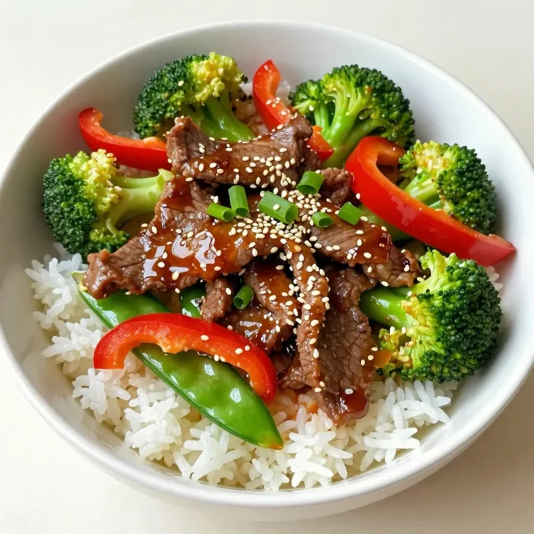 - 1 lb flank steak, thinly sliced against the grain - 1 tablespoon fresh ginger, finely grated - 3 cloves garlic, minced - 2 cups broccoli florets - 1 red bell pepper, julienned - 1 cup snap peas, trimmed - 3 tablespoons soy sauce - 2 tablespoons honey - 1 tablespoon rice vinegar - 1 teaspoon cornstarch mixed with 2 tablespoons cold water - Sesame seeds for garnish - Sliced green onions for garnish In this savory sesame ginger beef stir fry, the main ingredients create a balanced dish. The flank steak offers a tender and juicy base, while the ginger and garlic add a warm depth. Fresh vegetables like broccoli, bell pepper, and snap peas bring color and crunch. For the sauce, we blend soy sauce, honey, and rice vinegar. This mix gives the dish a sweet, tangy flavor. The cornstarch slurry helps thicken the sauce, making it cling to the beef and veggies perfectly. Finally, the garnishes—sesame seeds and green onions—add a nice crunch and a pop of color. These simple ingredients come together to create a fast and tasty meal. Enjoy cooking! {{ingredient_image_2}} To start, you need to marinate the beef. Take 1 pound of flank steak and slice it thinly against the grain. This helps make it tender. In a large mixing bowl, combine the sliced beef with 1 tablespoon of sesame oil, 1 tablespoon of fresh ginger, and 3 cloves of minced garlic. Mix well to coat the beef evenly. Cover the bowl and let it rest for at least 15 minutes. This time allows the flavors to blend into the meat. Next, heat the remaining 1 tablespoon of sesame oil in a large wok or skillet. Set the heat to medium-high. Wait until the oil shimmers. Then, add the marinated beef to the pan in an even layer. Sear the beef for 1 to 2 minutes on each side. You want it to turn golden brown and just cook through. Once done, carefully remove the beef from the pan and set it aside on a plate. Now, it’s time for the veggies! In the same pan, add 2 cups of broccoli florets, 1 julienned red bell pepper, and 1 cup of trimmed snap peas. Stir-fry these vegetables for about 3 to 4 minutes. Toss them often to ensure they cook evenly. You want them vibrant and tender-crisp, not mushy. Once the veggies are ready, return the seared beef to the wok. In a small bowl, whisk together 3 tablespoons of soy sauce, 2 tablespoons of honey, 1 tablespoon of rice vinegar, and a cornstarch slurry made from 1 teaspoon cornstarch mixed with 2 tablespoons cold water. Pour this sauce over the beef and veggies. Toss continuously for 1 to 2 minutes until the sauce thickens. This will coat everything well and bring all the flavors together. To get the best flavor, avoid overcooking the vegetables. Cook them just until they are bright and crisp. This keeps them sweet and healthy. Stir-fry them quickly on high heat. It takes about 3-4 minutes. For a good sear on the beef, use high heat and a hot pan. Make sure the beef is in a single layer. Don’t crowd the pan. This helps create a nice brown crust. Sear for 1-2 minutes on each side. Remove the beef when it is golden. If you can’t find flank steak, use sirloin or ribeye instead. These cuts are tender and cook well in stir-fries. You can also try chicken or tofu for a different taste. Feel free to change up the vegetables too. Try carrots, bell peppers, or bok choy. Mix and match to your taste. Just keep the cooking time in mind so everything cooks evenly. Pair this stir-fry with rice or quinoa for a filling meal. Jasmine rice is a great choice and adds a nice touch. You can also serve it on top of noodles for a fun twist. For an eye-catching presentation, serve it in big bowls. Place a fluffy scoop of rice or quinoa at the bottom. Top with the stir-fry and sprinkle extra sesame seeds and green onions on top. This makes it look beautiful and tastes great! Pro Tips Marinating Matters: Allow the beef to marinate for at least 30 minutes for deeper flavor infusion, or overnight for maximum tenderness. High Heat is Key: Always stir-fry over high heat to achieve that signature sear and keep the vegetables crisp. Fresh Ingredients: Use fresh vegetables for the best texture and taste; frozen alternatives may become mushy. Customize Your Veggies: Feel free to mix and match your favorite vegetables, such as carrots or bell peppers, to suit your taste! {{image_4}} Gluten-free options You can easily make this dish gluten-free. Use tamari instead of soy sauce. Tamari has a similar taste but does not contain wheat. Check your honey to ensure it is gluten-free. Vegetarian version For a vegetarian option, swap the flank steak for tofu or tempeh. Press the tofu to remove excess water and cut it into cubes. Marinate it just like the beef. Stir-fry until crispy for a tasty, meat-free meal. Adding spice with chili flakes If you like heat, add chili flakes. Sprinkle them into the stir-fry while cooking. Start with a pinch and adjust to your taste. This will give your dish a delightful kick. Experimenting with different sauces Feel free to change the sauce. Try adding hoisin sauce or oyster sauce for depth. You can also mix in a splash of sriracha for extra zest. Each sauce will give a new twist to your stir-fry. To store your savory sesame ginger beef stir fry, let it cool first. Place the leftovers in an airtight container. This keeps the flavors fresh and prevents leaks. You can enjoy the stir fry for up to three days in the fridge. Make sure to label the container with the date. This helps you know when to eat it. If you want to store it longer, freezing is a great option. First, let the stir fry cool completely. Then, place it in a freezer-safe container or bag. Remove as much air as possible to avoid freezer burn. You can freeze it for up to three months. When you're ready to eat, thaw it overnight in the fridge. For reheating, you can use a skillet on medium heat. Stir frequently until hot. You can also microwave it in short bursts, stirring in between. This way, your stir fry stays tasty and ready to enjoy! How can I make this recipe spicier? You can add red pepper flakes or fresh chopped chili. Start with a small amount. Adjust to your taste. Another option is to use hot sauce in the sauce mix. Adding these will give your dish a nice kick. What can I use instead of sesame oil? If you don't have sesame oil, you can use vegetable oil or peanut oil. These oils have a high smoke point and work well for stir-frying. While they won't have the same flavor, your dish will still taste great. What is the total cooking time for this dish? The total cooking time for Sesame Ginger Beef Stir Fry is about 30 minutes. This includes 15 minutes for prep and 15 minutes for cooking. It’s quick and perfect for a busy weeknight dinner. Is Sesame Ginger Beef Stir Fry healthy? Yes, this stir fry is healthy. It has lean beef, fresh vegetables, and a flavorful sauce. The broccoli, bell pepper, and snap peas add vitamins and minerals. You can adjust the honey to reduce sugar if needed. This blog post covered how to make a tasty Sesame Ginger Beef Stir Fry. We talked about key ingredients like flank steak, fresh veggies, and a delicious sauce. You learned the step-by-step process for marinating and cooking. I shared helpful tips for perfecting your dish and offered variations for different diets. Remember, keeping your vegetables crisp and experimenting with flavors can really enhance your stir fry. Enjoy making this meal, and feel free to customize it to suit your taste!