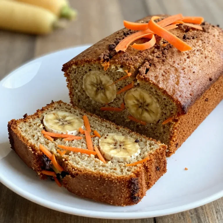 - 2 ripe bananas, thoroughly mashed - 1 cup fresh carrots, finely grated - 1/2 cup brown sugar, packed - 1/2 cup granulated sugar - 1/2 cup neutral vegetable oil - 2 large eggs, beaten - 1 teaspoon pure vanilla extract - 1 1/2 cups all-purpose flour, sifted - 1 teaspoon baking soda - 1 teaspoon baking powder - 1 teaspoon ground cinnamon - 1/2 teaspoon ground nutmeg - 1/4 teaspoon salt - 1/2 cup chopped walnuts or pecans (optional) - 1/2 cup raisins or currants (optional) Gathering the right ingredients is key to making this carrot cake banana bread. I start with two ripe bananas. They should be very soft for the best flavor. Next, I use one cup of finely grated fresh carrots. They add moisture and sweetness. I mix in half a cup each of brown sugar and granulated sugar. The brown sugar gives depth, while the granulated sugar adds sweetness. I then use half a cup of neutral vegetable oil for moisture. Two large eggs help bind everything together, and one teaspoon of pure vanilla extract adds a nice aroma. For the dry mix, I sift one and a half cups of all-purpose flour. I add one teaspoon each of baking soda and baking powder for lift. One teaspoon of ground cinnamon and half a teaspoon of ground nutmeg bring warmth and spice. Finally, I sprinkle in a quarter teaspoon of salt to balance the flavors. If I want extra texture, I can fold in half a cup of chopped walnuts or pecans. For a sweet surprise, I also add half a cup of raisins or currants. These ingredients create a delightful blend, making each bite enjoyable. {{ingredient_image_2}} - Preheat your oven to 350°F (175°C). - Prepare a 9x5-inch loaf pan by greasing it well. - In a bowl, mix the wet ingredients: mashed bananas, grated carrots, brown sugar, granulated sugar, vegetable oil, eggs, and vanilla extract. Blend them until smooth. - In another bowl, whisk together the dry ingredients: flour, baking soda, baking powder, ground cinnamon, ground nutmeg, and salt. - Gradually mix the dry ingredients with the wet ingredients. Use a spatula or spoon. Stir until just combined. Don't overmix; this keeps the bread tender. - If you want, fold in the optional nuts and raisins or currants for extra flavor and texture. - Pour the batter into your prepared loaf pan. Smooth the top with a spatula. - Bake your bread for 50 to 60 minutes. Check with a toothpick; it should come out clean. - After baking, let the bread cool in the pan for 10 minutes. Then transfer it to a wire rack to cool completely. How do I know when it’s fully baked? To check if your banana bread is done, insert a toothpick into the center. If it comes out clean, your bread is ready. If there’s batter on the toothpick, bake for a few more minutes. What are some tips for a moist texture? To keep your banana bread moist, use ripe bananas. The riper, the better! You can also add an extra egg or a bit more oil. Avoid overmixing the batter to keep it tender. What are some alternatives for sugar and oils? You can use coconut sugar instead of brown and granulated sugar. For oils, try applesauce for a healthier option. It keeps the bread moist and adds a hint of sweetness. Are there dairy-free options for eggs? Yes! You can use flaxseed meal or chia seeds mixed with water. Combine one tablespoon of seeds with three tablespoons of water. Let it sit until it thickens. How can I add spices or extracts? You can add a pinch of ginger or allspice for extra warmth. Vanilla extract adds a nice depth. Just a bit of nutmeg can elevate the flavor as well. What are the best nuts and fruits to complement the recipe? Walnuts and pecans are great for crunch. You can also add raisins or dried cranberries for added sweetness. They mix well with the carrots and bananas. Pro Tips Use Overripe Bananas: The riper the bananas, the sweeter and more flavorful your bread will be. Look for bananas with brown spots for optimal sweetness. Grate Carrots Finely: Finely grated carrots will blend seamlessly into the batter and help maintain a moist texture without large chunks. Don’t Overmix: Mix the batter until just combined. Overmixing can lead to a dense loaf, so be gentle when incorporating the dry ingredients. Cool Before Slicing: Allow the bread to cool completely before slicing to ensure clean cuts and to prevent it from falling apart. {{image_4}} You can make your carrot cake banana bread even more fun with add-ins. Try adding chocolate chips or butterscotch chips. They give a sweet surprise in every bite. Shredded coconut adds a tropical twist too. It brings in a chewy texture that contrasts nicely with the softness of the bread. If you need a gluten-free option, you can swap regular flour for almond or coconut flour. These flours work well but may need extra moisture. You might also need to add a binding agent like xanthan gum. This keeps your banana bread from crumbling apart. You can change this recipe with the seasons. In the fall, add canned pumpkin for a rich flavor. Grated zucchini is great in summer. It keeps the bread moist and adds nutrients. Seasonal spices like ginger or cardamom can elevate the flavor. They bring warmth and a lovely aroma to your baking. To keep your carrot cake banana bread fresh, store it in an airtight container. This helps prevent it from drying out. If you don't have a container, wrap it in plastic wrap or aluminum foil. Place it in a cool, dry spot. Avoid direct sunlight or heat. A bread box works well too. For extra freshness, add a slice of bread in the container. This will help maintain moisture. You can freeze your carrot cake banana bread for later enjoyment. For uncooked bread, pour the batter into a loaf pan. Cover it tightly with plastic wrap and then foil. You can freeze it for up to three months. For cooked bread, let it cool completely first. Then, wrap it well in plastic wrap or foil. Place it in a freezer bag for added protection. When you're ready to eat, thaw it in the fridge overnight. For reheating, slice and warm it in the oven or microwave. At room temperature, your carrot cake banana bread lasts about three to four days. Keep it in the airtight container for best results. If you see any mold or smell a sour scent, it's time to toss it. Always check for dryness or changes in texture. These signs mean your bread is past its prime. Can I use frozen bananas in this recipe? Yes, you can use frozen bananas. Just thaw them first. The bananas will be soft and easy to mash. This will add moisture and sweetness to your bread. How can I make this recipe vegan? To make this recipe vegan, replace eggs with flax eggs. Mix one tablespoon of flaxseed meal with three tablespoons of water for each egg. Also, use plant-based oil instead of vegetable oil. What do I do if my batter is too thick? If your batter is too thick, add a little milk or water. Start with a tablespoon at a time. This helps the batter mix well without being too runny. Can I double the recipe? Yes, you can double the recipe. Just make sure your mixing bowl is large enough. You may need to bake it longer if you use a larger pan. What to serve with carrot cake banana bread? This bread pairs well with cream cheese. You can also serve it with butter or a scoop of ice cream. A sprinkle of cinnamon on top adds a nice touch. Is it good for breakfast or dessert? It is great for both! Enjoy it warm for breakfast or as a sweet treat after dinner. The flavors are perfect any time of day. In this post, we covered how to make tasty carrot cake banana bread. You learned the ingredients and followed step-by-step instructions. I also shared tips for perfect texture and flavor. You discovered fun variations and storage advice. This recipe is not only easy but also lets you be creative. Try it out and enjoy every bite. Happy baking!