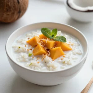 To make Coconut Mango Rice Pudding, gather these simple ingredients: - 1 cup jasmine rice - 2 cups coconut milk - 1 cup water - 1/2 cup granulated sugar (adjust to taste) - 1/4 teaspoon fine sea salt - 1 ripe mango, diced into small pieces - 1 teaspoon pure vanilla extract - Zest of 1 lime (about 1 teaspoon) - Toasted coconut flakes for garnish - Fresh mint leaves for garnish These ingredients create a creamy and sweet dish. The jasmine rice gives a nice texture. The coconut milk adds a rich flavor. The mango brings a refreshing taste. For the best flavor, I recommend using a high-quality coconut milk. Some great brands include: - Thai Kitchen - Aroy-D - Chaokoh These brands provide a rich and creamy texture. Look for cans without additives or preservatives. This ensures a pure coconut taste. If you need to make swaps, here are some good options: - Jasmine rice can be replaced with Arborio or sticky rice. - Coconut milk can be swapped for almond or oat milk for a lighter taste. - Sugar can be replaced with honey or maple syrup for a natural sweetener. These substitutions can change the flavor but will still give you a delicious pudding. Feel free to experiment based on your taste and needs. {{ingredient_image_2}} Start by rinsing the jasmine rice. Use cold water and let it run until it&rsquo;s clear. This step removes extra starch. Once rinsed, drain the rice well in a fine-mesh sieve. The rice should be clean before cooking. Now, grab a medium pot. Combine the rinsed rice, coconut milk, water, sugar, and salt. Stir the mix well to dissolve the sugar. Place the pot over medium heat. Bring it to a gentle boil, stirring occasionally. When it boils, reduce the heat to low. Cover the pot with a lid and let it simmer for 15 to 20 minutes. The rice should be tender when most of the liquid is absorbed. After cooking, remove the pot from the heat. Stir in the vanilla extract and lime zest. Mix until everything is well combined. Allow it to sit for about 10 minutes. This will help the pudding thicken a bit. Next, gently fold in the diced mango. Be careful not to mash the pieces. If you want, save a few mango chunks for a nice garnish. To serve, spoon the rice pudding into bowls. You can serve it warm or chilled. For a beautiful touch, sprinkle toasted coconut flakes on top. Add a few fresh mint leaves for color and flavor. This dessert looks as good as it tastes! To make your rice pudding creamy, use jasmine rice. Its starch content helps create a thick texture. Rinse the rice well before cooking. This step removes excess starch and prevents clumping. Cook the rice in coconut milk and water for the best flavor. Stir the mixture often while it cooks. This keeps the rice from sticking to the bottom of the pot. Adding vanilla extract and lime zest enhances the creaminess. You can serve coconut mango rice pudding warm or chilled. If you serve it warm, let it rest for ten minutes after cooking. This helps it thicken and cool slightly. If you prefer it chilled, let it cool to room temperature. Then, place it in the fridge for about an hour. Chilled pudding has a firmer texture, while warm pudding is softer and creamier. Avoid using too much water. This can make your pudding too runny. Stick to the recipe&rsquo;s liquid amounts for the best results. Don&rsquo;t skip rinsing the rice. This step is key for achieving the right texture. Also, be careful when folding in the mango. Gently mix it in to keep the pieces intact. Lastly, remember to adjust the sugar. Taste as you go to find the perfect sweetness for you. Pro Tips Rinse the Rice: Always rinse the jasmine rice until the water runs clear to remove excess starch. This helps achieve a less sticky and more fluffy texture. Adjust Sweetness: Taste the pudding before serving and adjust the sweetness by adding more sugar if desired. Remember that the sweetness can vary based on the ripeness of the mango. Chill for Flavor: For a refreshing dessert, consider chilling the rice pudding in the refrigerator for a couple of hours before serving. The flavors meld beautifully when chilled. Garnish Creatively: Experiment with different garnishes such as lime zest, toasted nuts, or additional fresh fruits to enhance the presentation and flavor of your dish. {{image_4}} You can easily make this dessert vegan and dairy-free. Just use coconut milk as your only liquid. This milk is rich and creamy, giving you the same taste. You can also swap sugar for a plant-based sweetener, like maple syrup or agave nectar. These options keep your pudding tasty and healthy. Want to boost the flavor? Try adding spices like cinnamon or nutmeg. These spices bring warmth and depth. You can also mix in other fruits. Pineapple or passion fruit work well with mango. They add a new layer of taste. If you feel adventurous, a splash of rum can give a fun kick. This rice pudding fits many occasions. For a casual get-together, serve it in small bowls. Top with toasted coconut and mint for a fresh look. If it's a party, layer it in clear cups. This way, everyone can see the beautiful colors. For special events, drizzle some fruit puree on top for a fancy touch. You can also serve it warm in the winter or chilled in the summer. To keep leftover rice pudding fresh, let it cool to room temperature. Then, transfer it to an airtight container. Make sure to seal it tightly to prevent air from getting in. This will help keep the pudding creamy and tasty. Store it in the fridge for up to three days. If you want to enjoy it later, consider freezing it. When you are ready to eat your rice pudding again, take it out of the fridge. You can reheat it on the stove or in the microwave. If using the stove, place it in a pot over low heat. Stir gently and add a splash of coconut milk or water if it is too thick. If using the microwave, heat it in short bursts of 30 seconds. Stir in between each burst until warm. The rice pudding can last in the fridge for about three days. If you want to freeze it, pour it into a freezer-safe container. Make sure to leave space at the top for expansion. It can be frozen for up to two months. When you want to eat it, thaw it in the fridge overnight. Reheat it as you like before serving. Yes, you can make Coconut Mango Rice Pudding ahead of time. Prepare the pudding and let it cool. Store it in an airtight container in the fridge for up to three days. This makes it easy for a quick dessert later. Reheat it gently on the stove or in the microwave before serving. If you want, add a splash of coconut milk to restore the creamy texture. While jasmine rice is best for this recipe, you can use other types too. Arborio rice works well for a creamier pudding. Sushi rice can also be a good choice. Both types absorb liquid nicely, giving you a great texture. Avoid using long grain rice, as it won't provide the same creaminess. To adjust the sweetness, simply change the amount of sugar you use. Start with the 1/2 cup listed in the recipe. Taste it as you mix. If you want it sweeter, add more sugar, one tablespoon at a time. For less sweetness, reduce the sugar gradually until it meets your taste. You can also use sweet toppings like ripe mango or coconut flakes for natural sweetness. You now know how to make Coconut Mango Rice Pudding. We covered essential ingredients, preparation steps, and helpful tips. Remember the ways to make it creamy and avoid common mistakes. Explore vegan options and flavor boosts to change it up. You can store leftovers and reheat them easily. Enjoy your delicious dessert for any occasion. I hope you feel ready to try this fun recipe. Cooking can be a joy with a little practice and creativity.