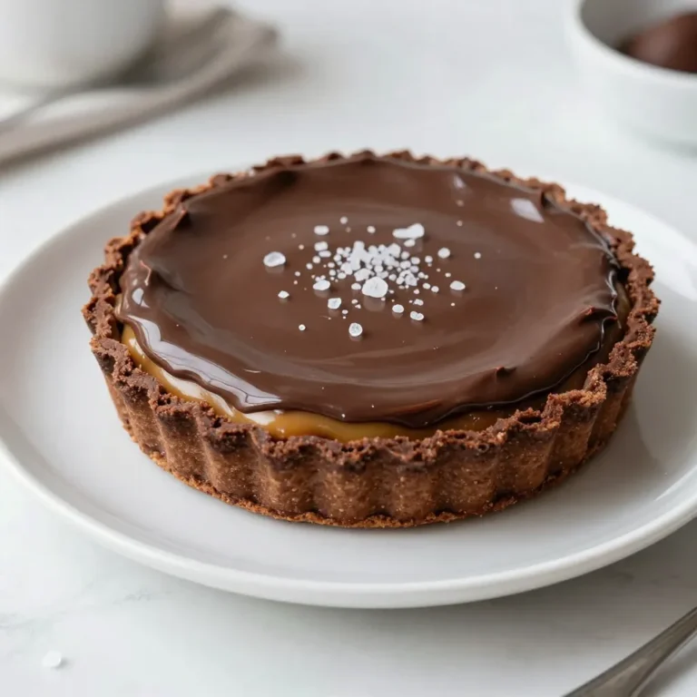 - 1 ½ cups all-purpose flour - ½ cup unsweetened cocoa powder - ½ cup powdered sugar - ½ cup unsalted butter, softened - 1 large egg yolk - 1 tablespoon cold water - 1 cup granulated sugar - 6 tablespoons unsalted butter, cubed - ½ cup heavy cream (room temperature) - 1 teaspoon sea salt - 1 cup semi-sweet chocolate chips - ½ cup heavy cream The ingredients are simple but rich. Start with the crust. You need flour, cocoa powder, and powdered sugar for a sweet base. Softened butter gives it a nice texture. Adding an egg yolk helps bind everything together, while cold water ensures it stays smooth. For the salted caramel filling, granulated sugar is key. You melt it to get that deep amber color. The cubed butter makes it creamy. Room temperature heavy cream adds richness, and sea salt gives that perfect salty flavor. The chocolate ganache is made with semi-sweet chocolate chips and heavy cream. This mix creates a smooth, shiny topping for your tart. Each layer brings its own taste and texture. When combined, they create a dessert that is truly delightful. Enjoy the process of gathering these ingredients; they are the building blocks of your rich chocolate salted caramel tart. {{ingredient_image_2}} 1. In a medium bowl, mix the flour, cocoa powder, and powdered sugar. Stir until combined. 2. Add the softened butter to the bowl. Use a fork to blend until it looks like crumbs. 3. Next, add the egg yolk and cold water. Mix until a smooth dough forms. If it’s too crumbly, add more water slowly. 4. Press the dough into a 9-inch tart pan. Use your fingers to spread it evenly. Prick the bottom with a fork to avoid bubbles. 5. Chill the crust in the fridge for 30 minutes. Preheat the oven to 350°F (175°C) while it chills. 6. After chilling, bake the crust for 15 minutes. Let it cool completely in the pan. 1. In a medium saucepan, add the granulated sugar. Heat on medium, stirring constantly. 2. Watch the sugar carefully as it melts. Cook until it turns a deep amber color. 3. Quickly whisk in the cubed butter until it melts completely. 4. Gradually pour in the heavy cream while stirring. Be careful, as it may bubble. 5. Stir in the sea salt. Remove from heat and let the caramel cool for about 10 minutes. 1. In a small saucepan, heat the heavy cream over medium heat until it just starts to simmer. Don’t let it boil. 2. Remove the pan from the heat. Add the semi-sweet chocolate chips. 3. Stir gently until the chocolate melts and the mixture is smooth and shiny. 4. Carefully pour the ganache over the cooled salted caramel layer in the tart. Spread it evenly to cover the whole tart. 1. Place the tart back in the refrigerator. Let it chill for at least 2 hours or until firm. 2. Once set, slice into wedges and serve chilled. For added flavor, sprinkle extra sea salt on top before serving. - Use room temperature ingredients. This helps the dough mix well and bake evenly. - A digital thermometer is key for caramel. It helps you find the perfect amber color. - Chill the tart between layers. This makes cutting clean slices much easier. - Garnish with chocolate shavings. It adds a nice touch and makes it look fancy. - Drizzle caramel sauce over the top. This boosts flavor and makes it more appealing. - Serve with whipped cream. This adds creaminess that pairs well with the tart. - Avoid overcooking the caramel. It can turn bitter and ruin the taste. - Chill the tart long enough. Insufficient chilling leads to messy slices. - Don't skip pricking the crust. This prevents bubbles and keeps it flat. Pro Tips Chill the Dough: Allowing the tart crust to chill for at least 30 minutes before baking helps prevent shrinkage and results in a flakier texture. Control the Heat: When making the salted caramel, use medium heat and stir constantly to avoid burning the sugar. Patience is key! Room Temperature Cream: Ensure the heavy cream for the ganache is at room temperature to help it blend smoothly with the chocolate for a silky finish. Finishing Touch: For an elegant presentation, add a sprinkle of flaky sea salt on top of the chocolate ganache just before serving. {{image_4}} To make a vegan version, swap the butter for coconut oil. Use agave syrup in place of granulated sugar. For the cream, choose coconut cream. This change keeps the tart rich and creamy while being plant-based. For a gluten-free tart, use almond flour or a gluten-free flour blend. These options give a nice texture. You may need to adjust the baking time, as gluten-free flours can bake differently. Keep an eye on it as it cooks. You can change the flavor of your tart to make it special. Adding espresso powder to the ganache gives a nice coffee kick. If you love nuts, try mixing in hazelnuts for a crunchy crust. These small tweaks make a big difference in taste. To keep your chocolate salted caramel tart fresh, store it in an airtight container. This will help maintain its rich flavor and texture. You can refrigerate it for up to 5 days. Make sure it’s covered well to prevent it from drying out or absorbing other flavors in the fridge. If you want to save some tart for later, freezing is a great option. For the best results, freeze the tart before adding the ganache. Wrap it tightly in plastic wrap and then in foil. This double wrap helps prevent freezer burn. You can freeze it for up to three months. When you're ready to enjoy your frozen tart, thaw it in the refrigerator overnight. This slow thawing helps keep its texture nice and smooth. Avoid thawing it at room temperature, as this can make the tart too soft and affect its layers. To check the caramel, look for a deep amber color. This shows the sugar has melted perfectly. If you want, you can use a candy thermometer. Aim for a temperature of about 350°F (175°C). This helps ensure the caramel is just right. Stir constantly as you cook it. Sugar can burn quickly, so stay focused. Yes, you can make the tart ahead of time. It can be made up to a day in advance. Just remember to chill it well. This keeps the flavors fresh and allows the tart to set properly. Make sure to cover it to keep it from absorbing other smells in the fridge. You have many options for serving. Ice cream is a classic choice that pairs well with the tart. Whipped cream adds a nice creaminess too. Fresh berries give a burst of flavor and balance the sweetness. Feel free to mix and match these toppings for a treat that suits your taste! This blog post covered how to create a delicious chocolate salted caramel tart. You learned about the key ingredients and step-by-step instructions for making the tart crust, salted caramel filling, and chocolate ganache. I shared tips to perfect your tart and avoid common mistakes. Variations for vegan or gluten-free options were also discussed. In the end, this tart promises to impress at any gathering. Enjoy each bite with your favorite additions!