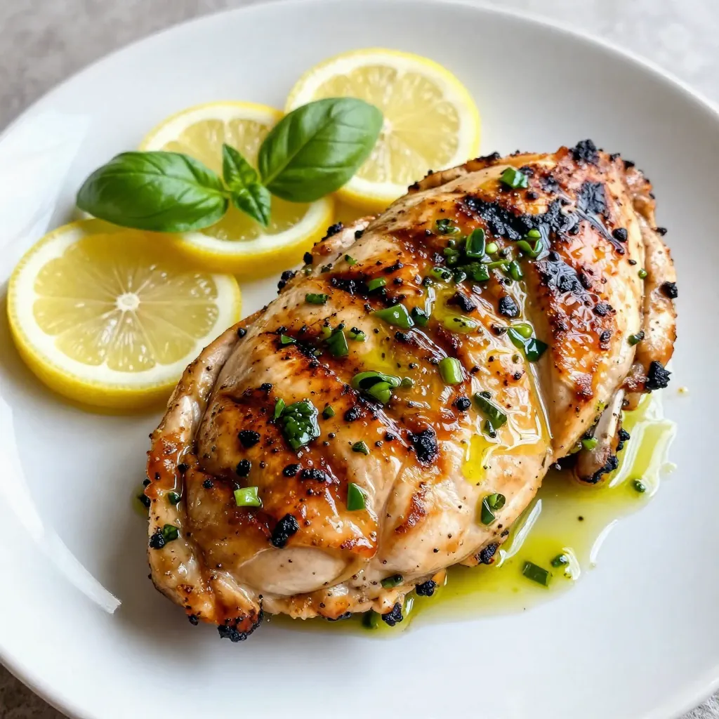 - 4 boneless, skinless chicken breasts - 2 lemons (for zesting and juicing) - 1/4 cup extra virgin olive oil - 1/4 cup fresh basil, finely chopped - 4 cloves garlic, finely minced - 1 teaspoon natural honey - Salt and freshly ground black pepper, to taste - Do choose fresh lemons. Fresh zest and juice give the best flavor. - Do use fresh basil. Dried basil lacks the bright taste you need. - Don’t skip the honey. It balances the tartness of the lemon. - Don’t use pre-minced garlic. Fresh garlic has a stronger, better taste. - If you don't have fresh basil, try using parsley for a different taste. - You can replace olive oil with avocado oil for a unique flavor. - If you want sweetness, agave syrup can substitute honey. - For a lemony twist, use lime juice instead of lemon juice. {{ingredient_image_2}} To start, gather your ingredients. You will need lemon zest, lemon juice, olive oil, chopped basil, minced garlic, honey, salt, and pepper. In a medium bowl, mix the lemon zest and juice. Add the olive oil, basil, garlic, honey, and a pinch of salt and pepper. Whisk everything together. This creates a bright and tasty marinade that brings the flavors alive. Next, take your chicken breasts. Place them in a resealable plastic bag or a shallow dish. Pour the lemon basil marinade over the chicken. Make sure each piece is coated well. Seal the bag tightly or cover the dish with plastic wrap. Now, put it in the fridge. Let it marinate for at least 30 minutes. If you want more flavor, you can marinate for up to 4 hours. When you are ready to grill, preheat your grill to medium-high heat. Lightly brush the grill grates with olive oil. This step keeps the chicken from sticking. Take the chicken out of the marinade and let the extra drip off. Discard the leftover marinade. Place the chicken on the heated grill. Grill each side for about 6-7 minutes. The chicken should reach 165°F (75°C) and have nice grill marks. After grilling, let the chicken rest on a cutting board for about 5 minutes. This helps keep it juicy. When ready, slice the chicken and serve it with extra basil and lemon slices for a fresh touch. To get the best flavor, always marinate your chicken for at least 30 minutes. If you have time, let it sit for up to 4 hours. This extra time allows the flavors to soak in deeply. Use a plastic bag or a shallow dish for easy coating. Make sure the chicken is well-covered with the marinade. This ensures every piece gets that bright lemon and fresh basil taste. To achieve those perfect grill marks, heat your grill to medium-high before adding the chicken. Brush the grates lightly with olive oil to prevent sticking. Place the chicken on the grill and resist the urge to move it around. Let it cook for 6-7 minutes on one side before flipping. This allows the grill to create those nice lines. Flip only once to keep the juices inside. After grilling, let the chicken rest for about 5 minutes. This step helps keep the meat juicy. When ready to serve, slice the chicken and add a touch of fresh basil and lemon slices for a bright look. This not only enhances the presentation but also adds extra flavor. Enjoy your meal with a side salad or grilled veggies for a complete dish. Pro Tips Marinate Longer for Depth of Flavor: For the best results, marinate the chicken for at least 4 hours, or even overnight. This allows the flavors to penetrate deeper into the meat, making it more flavorful and tender. Check Grill Temperature: Make sure your grill is preheated to medium-high heat before placing the chicken on it. This ensures a nice sear and prevents sticking. Use a Meat Thermometer: To ensure perfectly cooked chicken, use an instant-read meat thermometer. The chicken is done when it reaches an internal temperature of 165°F (75°C). Let it Rest: Always let your grilled chicken rest for about 5 minutes after grilling. This allows the juices to redistribute throughout the meat, keeping it moist and flavorful. {{image_4}} You can switch up the flavor by using different herbs. Try parsley or cilantro for a fresh twist. Dill brings a nice brightness, while thyme adds a warm touch. Each herb changes the vibe of the dish. Experiment with what you like best! Feel free to add your own spin to the marinade. Swap lemon juice for lime juice for a zesty kick. Add a splash of soy sauce for a savory depth. A dash of red pepper flakes can give it a spicy boost. Honey can be replaced with maple syrup for a different sweetness. The options are endless! Grilling gives a smoky taste that many love. However, oven-baking is easy and still yields tasty chicken. To bake, set your oven to 400°F (200°C). Place the marinated chicken on a baking sheet. Bake for about 20-25 minutes, or until cooked through. Both methods work well, so choose what fits your schedule! Store leftover Lemon Basil Grilled Chicken in an airtight container. Make sure to cool it first. Place it in the fridge for up to four days. You can also wrap it tightly in plastic wrap. This helps keep it fresh and juicy. To reheat the chicken, use the oven or microwave. If using the oven, set it to 350°F (175°C). Place the chicken on a baking sheet. Heat for about 15 minutes, or until warm. In the microwave, cover it with a damp paper towel. Heat in short bursts of 30 seconds. Check to avoid overcooking. To freeze, ensure the chicken is completely cool. Wrap each piece tightly in plastic wrap. Then, place them in a freezer-safe bag. Remove as much air as possible to prevent freezer burn. This chicken can last for up to three months in the freezer. To thaw, move it to the fridge overnight before reheating. You can marinate the chicken for at least 30 minutes. This time allows the flavors to soak in. If you want a deeper flavor, marinate for up to 4 hours. But don't go over 24 hours. The meat can become mushy if marinated too long. Grilled chicken should reach an internal temperature of 165°F (75°C). Use a meat thermometer to check. This ensures the chicken is safe to eat and juicy. Let it rest for 5 minutes after grilling. This helps keep the moisture in. Yes, you can use chicken thighs instead of breasts. Thighs are richer in flavor and stay moist while cooking. They may need a slightly longer grill time. Adjust your cooking time to ensure they reach the right temperature. Enjoy the different taste! To grill chicken that is both tasty and tender, follow our steps closely. We covered key ingredients, marinade methods, and grilling techniques. Remember to choose fresh ingredients and consider substitutes if needed. Rest your chicken after grilling for the best flavor. You can also explore variations to keep things exciting. Finally, store leftovers properly to enjoy them later. With these tips, you can create a delicious meal every time. Happy grilling!