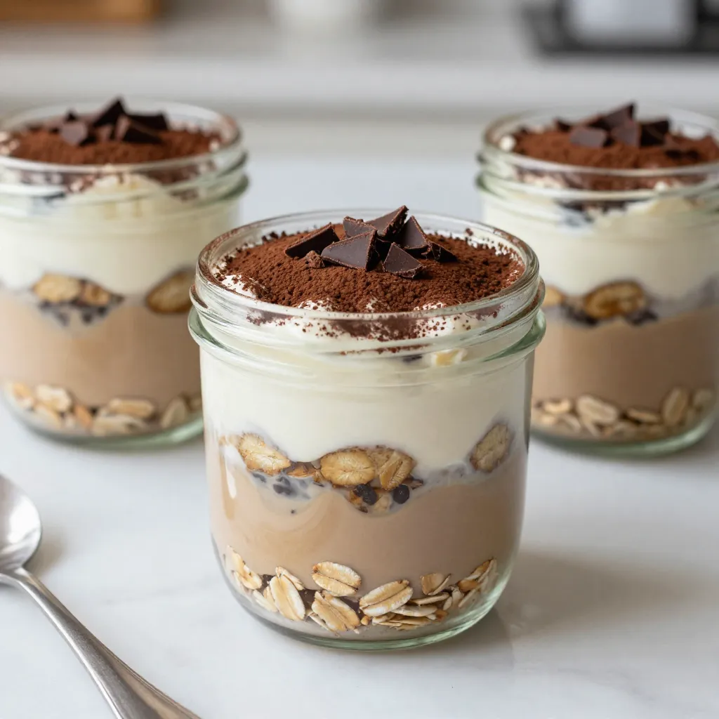 To make Tiramisu Overnight Oats, you need a few key ingredients. Here’s what you will need: - 1 cup rolled oats - 1 cup unsweetened almond milk (or your preferred milk) - 1 tablespoon chia seeds - 1 tablespoon pure maple syrup or honey - 1 teaspoon pure vanilla extract - 2 tablespoons brewed coffee (cooled, or espresso) - 1/2 cup mascarpone cheese (or Greek yogurt for a lighter alternative) - 2 tablespoons cocoa powder (for dusting atop) - Dark chocolate shavings or chocolate flakes (for luxurious garnishing) These ingredients come together to create a delicious breakfast treat that resembles classic tiramisu. Sometimes, you might not have all the ingredients on hand. Here are some easy swaps: - For almond milk, use any milk you like, such as oat or soy. - If you lack chia seeds, you can omit them or use flaxseeds instead. - Maple syrup can be replaced with honey, agave, or a sugar-free sweetener. - If you don’t have mascarpone cheese, Greek yogurt or cream cheese works well. These substitutes still keep your oats tasty and satisfying. Each ingredient adds value to your Tiramisu Overnight Oats. Here’s a quick look at what they offer: - Rolled oats: Full of fiber, good for digestion. - Almond milk: Low in calories, dairy-free option. - Chia seeds: Packed with omega-3s and protein. - Maple syrup: Natural sweetener with antioxidants. - Vanilla extract: Adds flavor without calories. - Coffee: Boosts energy and enhances flavor. - Mascarpone cheese: Creamy texture, adds richness. - Cocoa powder: Contains flavonoids, great for heart health. This mix not only tastes great but also fuels your day with good nutrition. {{ingredient_image_2}} To start, gather your ingredients. In a medium mixing bowl, combine these items: - 1 cup rolled oats - 1 cup unsweetened almond milk (or your preferred milk) - 1 tablespoon chia seeds - 1 tablespoon pure maple syrup or honey - 1 teaspoon pure vanilla extract - 2 tablespoons brewed coffee (cooled, or espresso) Mix these ingredients well. Use a whisk or spoon to stir. Make sure the oats are coated well. This step gives the oats a great flavor and texture. Next, grab your jars or a large glass container. Layer the oat mixture in each jar. Start by adding a layer of oats to the bottom. Press down gently to form a good base. Then, add a generous dollop of mascarpone cheese on top. If you prefer Greek yogurt, use it here. Repeat this layering. Keep adding oat mixture and mascarpone until the jars are nearly full. Finish with a layer of mascarpone cheese. This looks nice and tastes great. Once your jars are ready, cover them with lids or plastic wrap. Place them in the fridge. Let them chill overnight or for at least 4 hours. This time lets the oats soak up flavors and become plump. When you’re ready to eat, take them out of the fridge. Dust the tops with cocoa powder for that classic tiramisu taste. For a nice touch, add dark chocolate shavings or flakes. Serve your Tiramisu Overnight Oats chilled or at room temperature. Enjoy this delicious breakfast or dessert treat! To get the best texture for your Tiramisu Overnight Oats, start with rolled oats. They soak up liquid well and soften nicely. Combine the oats with almond milk, chia seeds, and coffee. Stir everything well so the oats absorb the flavors. Let the mixture sit for a few minutes before layering. This helps the oats plump up nicely. You can make your oats even more special! Try adding a dash of cinnamon or nutmeg for warmth. For a sweeter taste, mix in more maple syrup or honey. If you like a coffee kick, add an extra splash of brewed coffee. You can also switch the cocoa powder for matcha powder for a fun twist. Don't be afraid to experiment! If you have any leftovers, store them in the fridge. Tiramisu Overnight Oats will stay fresh for up to three days. Just keep them in airtight jars. You can enjoy them cold or let them sit at room temperature for a bit before eating. If you want to reuse jars, wash them well and keep them ready for your next batch. Pro Tips Chill for Best Flavor: Allowing the overnight oats to chill overnight not only enhances the flavors but also gives the oats a perfect creamy texture. Experiment with Sweeteners: Feel free to adjust the sweetness to your liking by using different sweeteners like agave syrup or coconut sugar in place of maple syrup or honey. Make Ahead for Busy Mornings: Prepare multiple jars at once and store them in the fridge for a quick grab-and-go breakfast that’s both delicious and fulfilling. Layer Creatively: Get creative with your layers by adding fresh fruits or nuts between the layers for added texture and flavor contrast. {{image_4}} You can easily make this dish vegan. Swap out the mascarpone cheese for silken tofu. Blend it with a bit of maple syrup for sweetness. Use coconut yogurt as another creamy option. Choose plant-based milk like oat or soy. This keeps the recipe rich and creamy without dairy. Fruits can add a fresh twist. Consider adding bananas or berries. They pair well with coffee and cocoa. Nuts also bring great taste and texture. Try chopped almonds or walnuts. Adding nuts boosts protein and healthy fats too. Just sprinkle them on top before serving for a nice crunch. If you want to cut calories, use Greek yogurt instead of mascarpone. It has fewer calories and more protein. You can also reduce the maple syrup to adjust the sweetness. Use unsweetened almond milk to keep it light. These simple swaps keep the taste while making it healthier. To keep Tiramisu Overnight Oats fresh, store them in covered jars. Glass jars work best. They keep the oats safe from odors and moisture. If you use plastic, ensure it's BPA-free. Always label your jars with the date you made them. This helps you track freshness. Tiramisu Overnight Oats can last up to five days in the fridge. The oats soak up flavors and stay tasty. However, the texture might change as they sit. To enjoy the best taste, eat them within three days. That way, they stay creamy and delicious. You can enjoy Tiramisu Overnight Oats cold or at room temperature. Just take a jar out of the fridge and dig in. If you prefer warm oats, microwave them for about 30 seconds. Avoid overheating, as it can change the texture. Always stir before eating to mix the layers. Yes, you can make Tiramisu Overnight Oats ahead of time. In fact, this dish tastes better after resting in the fridge. Prepare your jars the night before or up to three days ahead. Store them in the fridge, and they will be ready when you are. This is a perfect meal for busy mornings. If you do not have mascarpone cheese, you can use Greek yogurt. Greek yogurt provides a lighter option and still gives a creamy texture. It also adds a nice tang. You can also try ricotta cheese for a different taste. Both substitutes work well in this recipe. To make Tiramisu Overnight Oats without added sugar, skip the maple syrup or honey. You can use ripe bananas or unsweetened applesauce for sweetness. You can also add a bit more vanilla extract to enhance the flavors. This way, you can enjoy a tasty treat without the extra sugar. Tiramisu Overnight Oats offer a tasty twist on a classic. We covered key ingredients, tasty substitutes, and nutrition facts. I provided detailed steps for making and layering your oats, plus tips for perfect texture and flavor. Variations let you enjoy vegan, fruity, or low-calorie options. Finally, I shared storage tips to keep your oats fresh. Overall, this recipe is fun and easy. You can enjoy a deliciously unique breakfast with simple steps and swaps. Dive in and make it your own!