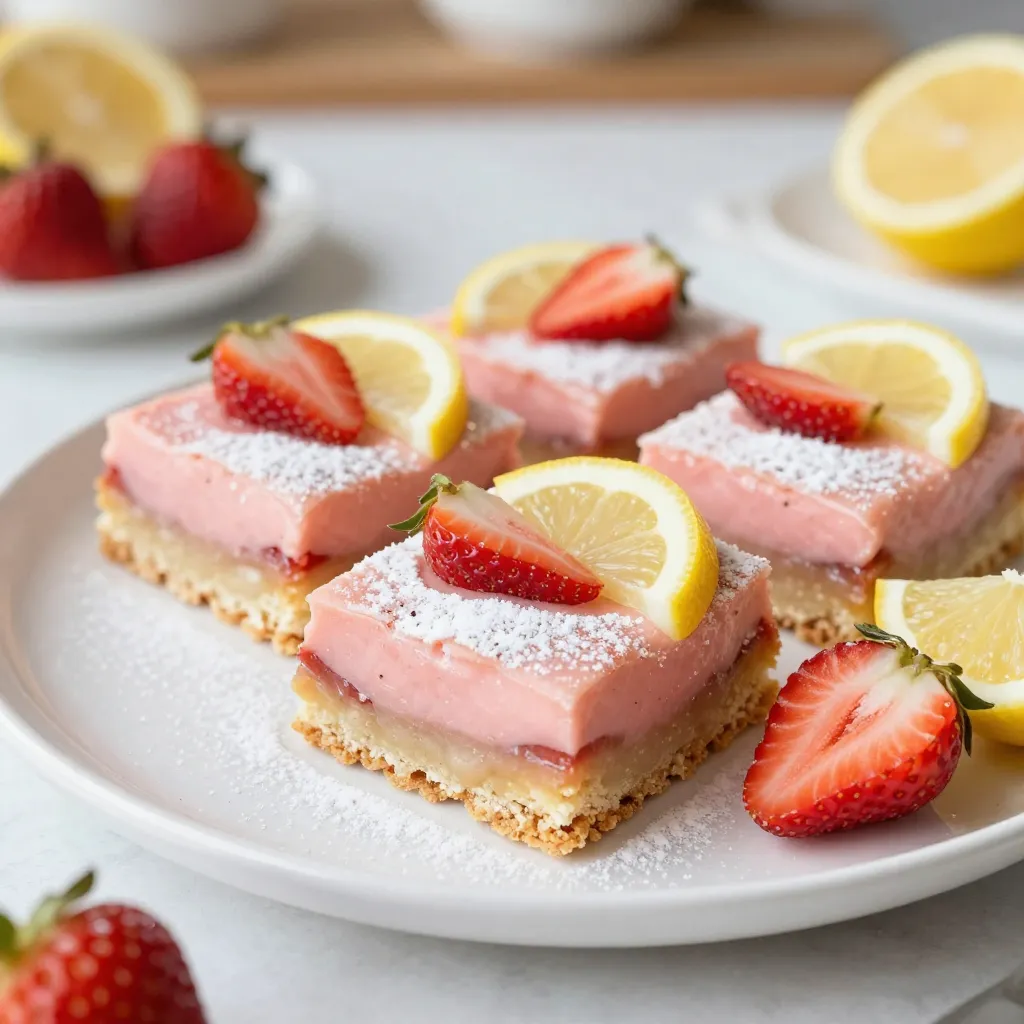 - 1 cup all-purpose flour - 1/2 cup powdered sugar - 1/2 cup unsalted butter, softened to room temperature - 1 teaspoon pure vanilla extract - 2 large eggs, at room temperature - 1 cup fresh strawberries, pureed - 1/2 cup freshly squeezed lemon juice - 1 teaspoon finely grated lemon zest - 1/2 cup granulated sugar - 1/4 teaspoon baking powder - A pinch of salt - Fresh strawberries and lemon slices for garnish - All-purpose flour: This is the base for our crust. It gives structure and holds everything together. - Powdered sugar: This sugar adds sweetness and helps create a smooth texture in the crust. - Unsalted butter: Softened butter gives richness and moisture to the crust. It blends well with sugar. - Pure vanilla extract: This adds a warm and fragrant flavor that enhances the bars. - Eggs: They provide structure and help bind the batter. Room temperature eggs mix better. - Fresh strawberries: Pureed strawberries bring vibrant color and fruity flavor to the filling. - Freshly squeezed lemon juice: This adds a zesty kick to balance the sweetness. - Lemon zest: Finely grated zest adds intense lemon flavor without extra liquid. - Granulated sugar: This sugar sweetens the filling, making it deliciously balanced. - Baking powder: It helps the bars rise and gives a light texture. - Salt: A pinch of salt enhances the flavors in both the crust and filling. - Fresh strawberries and lemon slices: These garnishes add a pop of color and freshness when serving. - Strawberries: Look for bright red berries with a sweet scent. Avoid any with bruises or mold. - Lemons: Choose firm lemons with smooth skin. They should feel heavy for their size, indicating juiciness. - Butter: Make sure to use high-quality unsalted butter for the best flavor. - Eggs: Look for eggs that are clean and free from cracks. Fresh eggs make a difference in texture. - Flour: Check the expiration date. Fresh flour ensures the best results in your baking. When you select fresh ingredients, you set the stage for tasty strawberry lemonade bars. Fresh flavors make every bite exciting! {{ingredient_image_2}} First, preheat your oven to 350&deg;F (175&deg;C). Grab an 8x8 inch baking pan. Lightly grease it with butter or cooking spray. Next, line it with parchment paper. Make sure the paper hangs over the edges. This helps you lift the bars out later. In a mixing bowl, combine 1 cup of all-purpose flour and 1/2 cup of powdered sugar. Add in 1/2 cup of softened unsalted butter and 1 teaspoon of pure vanilla extract. Use a fork or pastry cutter to mix everything together. Keep mixing until it looks crumbly. This crumb mixture forms the crust. Press it firmly into the bottom of your baking pan. Bake it for 15 minutes, until it turns a light golden brown. Let it cool slightly after baking. In another bowl, whisk together 2 large eggs until they look frothy. Add 1 cup of pureed fresh strawberries, 1/2 cup of freshly squeezed lemon juice, and 1 teaspoon of finely grated lemon zest. Include 1/2 cup of granulated sugar, 1/4 teaspoon of baking powder, and a pinch of salt. Mix it all together until smooth and well combined. This batter will be vibrant and full of flavor. Carefully pour your strawberry-lemon batter over the cooled crust. Use a spatula to spread it evenly. Bake the pan again for 20 to 25 minutes. Look for the top to be set and the edges to be slightly golden. Once done, remove the pan from the oven. Let the bars cool completely in the pan. When they are cool, lift them out using the parchment paper. Cut them into squares and enjoy! Baking is both a science and an art. Here are some tips to help you succeed: - Use Room Temperature Ingredients: Make sure your butter and eggs are at room temperature. This helps them mix well and create a smooth batter. - Measure Accurately: Use a kitchen scale for precision. This ensures the right texture and flavor. - Don&rsquo;t Overmix: When combining the batter, mix just until smooth. Overmixing can make your bars tough. The texture of your bars is key to their success. Here&rsquo;s how to get it just right: - Crispy Crust: Bake your crust until it is lightly golden. This adds a nice crunch to balance the soft filling. - Set Filling: Bake the bars until the top is set. A gentle jiggle in the center is normal, but it shouldn&rsquo;t be runny. - Cool Completely: Allow the bars to cool in the pan. This helps them firm up and makes cutting easier. Want to take your strawberry lemonade bars to the next level? Here are some ideas: - Fresh Garnishes: Top with fresh strawberry slices and lemon wedges. This adds color and freshness. - Powdered Sugar Dusting: A light dusting of powdered sugar gives a beautiful finish and enhances sweetness. - Zest It Up: Add more lemon zest for an extra zing. It brightens the flavors and makes them pop. Pro Tips Use Fresh Strawberries: For the best flavor, use ripe, fresh strawberries when making your puree. They will enhance the taste of the bars significantly. Room Temperature Ingredients: Ensure your eggs and butter are at room temperature to guarantee a smooth batter and evenly baked bars. Cool Completely: Allow the bars to cool completely before cutting to achieve clean, even squares without crumbling. Serving Suggestions: Serve your strawberry lemonade bars chilled for a refreshing treat, and consider pairing them with a scoop of vanilla ice cream for a delightful dessert. {{image_4}} You can mix up the flavor of these bars easily. Try using raspberries instead of strawberries for a tart twist. Blueberries work well too, bringing a sweet burst to each bite. If you want a tropical vibe, use mango puree and lime juice. Each fruit gives a new taste and keeps things exciting. If you need a gluten-free version, you can swap the all-purpose flour. Use a gluten-free flour blend instead. Make sure it has xanthan gum for better texture. This small change allows everyone to enjoy these tasty bars without worry. Seasonal fruits make these bars even better. In spring, use fresh peaches or cherries. In fall, swap in apples or pears for a cozy flavor. Each season brings new fruits that can change the bars' taste. Just remember to keep the balance of liquids so the texture stays right. Enjoy experimenting with what&rsquo;s fresh and available! To keep your strawberry lemonade bars fresh, store them in an airtight container. You can place parchment paper between layers to prevent sticking. This method helps the bars stay soft and tasty. Keep them in the fridge if you plan to eat them later. They can last up to a week when stored correctly. Freezing is a great way to save extra bars for later. First, cut the bars into squares. Wrap each square tightly in plastic wrap. Then, place them in a freezer-safe bag or container. Label the bag with the date. When frozen, they can last for up to three months. To enjoy, just thaw them in the fridge overnight. Usually, strawberry lemonade bars last about a week in the fridge. If they start to look dry or hard, that&rsquo;s a sign they might be past their best. You may also notice an off smell or mold. If any of these signs appear, it&rsquo;s best to throw them away. Always trust your senses! Yes, you can make Strawberry Lemonade Bars ahead of time. They taste great when chilled. I recommend making them a day in advance. Just store them in the fridge once they cool. This allows the flavors to mix well. You can serve them cold or at room temperature. Absolutely! You can substitute a few ingredients if needed. For gluten-free bars, use a gluten-free flour blend. Instead of fresh strawberries, you can use frozen ones. Just make sure to thaw and drain them first. You can also swap lemon juice for lime juice for a twist. Each change may alter the taste slightly, but they will still be delicious! Serve these bars chilled for the best taste. You can garnish them with fresh strawberry slices and lemon wedges. A dusting of powdered sugar adds a nice touch. For a fun presentation, arrange them on a colorful platter. Pair them with a cold glass of lemonade or iced tea. This makes the perfect summer treat for any gathering! In this blog post, we discussed how to make delicious Strawberry Lemonade Bars. We covered essential ingredients, preparation steps, and tips for perfect texture. I shared various flavor options and storage advice to keep your treats fresh. Remember, fresh ingredients make a big difference in taste. Try out these tips and variations to create your own unique bars. Now, enjoy baking and share your tasty results with friends!