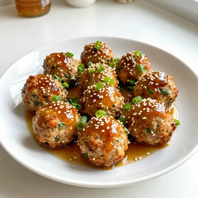 Gather these ingredients to make Honey Garlic Chicken Meatballs. Each item plays a key role in flavor and texture. - 1 lb ground chicken - 1/4 cup breadcrumbs (preferably panko for extra crunch) - 1/4 cup freshly grated Parmesan cheese - 1/4 cup fresh parsley, finely chopped - 2 cloves garlic, minced - 1 large egg, beaten - 1/2 teaspoon salt - 1/4 teaspoon freshly cracked black pepper - 1/4 teaspoon red pepper flakes (optional, for a hint of heat) - 1/3 cup honey (preferably raw for better flavor) - 2 tablespoons soy sauce (or tamari for a gluten-free option) - 1 tablespoon apple cider vinegar - 1 tablespoon sesame oil - Sesame seeds, for garnish - Green onions, thinly sliced, for garnish Each ingredient adds its unique taste. The ground chicken is the base, while the breadcrumbs help with binding. The Parmesan cheese adds a rich flavor. Fresh parsley and garlic bring freshness and aroma. The egg acts as a binder to hold the meatballs together. The honey gives sweetness, while soy sauce adds umami depth. Apple cider vinegar balances the flavors, and sesame oil adds a nutty note. Optional red pepper flakes can spice things up if you like heat. For garnish, sesame seeds and green onions enhance the dish's visual appeal and flavor. Make sure to use fresh ingredients for the best taste. With these items ready, you will create a delicious dish that everyone will love. {{ingredient_image_2}} Start by preheating your oven to 400°F (200°C). This helps the meatballs cook evenly. Line a baking sheet with parchment paper. This keeps the meatballs from sticking and makes cleanup easy. In a large bowl, combine the ground chicken, breadcrumbs, grated Parmesan, chopped parsley, minced garlic, beaten egg, salt, black pepper, and red pepper flakes if you want some heat. Use your hands or a spoon to mix everything. Be careful not to overmix; this can make the meatballs tough. Now, with clean hands, shape the mixture into meatballs. Aim for about 1.5 inches in diameter, which is roughly the size of a golf ball. Place them on the baking sheet, making sure to space them evenly. This allows air to circulate and helps them cook well. While the meatballs bake, let's make the sauce. In a small saucepan, mix honey, soy sauce (or tamari), apple cider vinegar, and sesame oil. Heat this over medium heat until it starts to bubble. Then reduce the heat to low. Let it simmer for about 3-5 minutes. This thickens the sauce and makes the flavors stronger. Stir it occasionally to keep it from sticking. Once the meatballs are done baking (they should be golden and cooked through), take them out of the oven. Carefully transfer them to a large mixing bowl. Drizzle the honey garlic sauce over them. Gently toss the meatballs in the sauce until they are well-coated and shiny. To serve, arrange the honey garlic chicken meatballs on a platter or individual plates. For a nice touch, sprinkle sesame seeds and sliced green onions on top. This adds color and flavor. You can also drizzle a bit more honey on top for extra sweetness. Enjoy your meal with steamed rice or a fresh salad for a complete feast! To get the best meatballs, avoid overmixing. When you combine the ground chicken with the other ingredients, mix just until they come together. If you mix too much, your meatballs can turn tough. Aim for a light touch. Use your hands to blend gently. This keeps them tender and juicy. You can change the flavor of the sauce easily. Try adding different spices or herbs. For a sweeter sauce, add more honey. If you like it spicy, use more red pepper flakes or try hot sauce. You can even mix in fresh ginger for a nice twist. Experiment with flavors until you find your favorite! You can bake or fry the meatballs. Baking is easier and less messy. Preheat your oven to 400°F (200°C) for baking. Bake for 18-20 minutes. They should be golden and cooked through. If you fry, use a hot pan with a little oil. Check doneness by using a meat thermometer. The inside should reach 165°F (75°C). This ensures they are safe and tasty! Pro Tips Use Cold Ingredients: Starting with cold ground chicken helps the meatballs maintain their shape while baking. It prevents them from becoming too soft and ensures a firmer texture. Don’t Overmix: When combining the meatball mixture, mix just until combined. Overmixing can lead to tough meatballs, so be gentle! Adjust Sweetness: Depending on your preference for sweetness, feel free to adjust the amount of honey in the sauce. Start with less and add to taste. Serve with a Side: These meatballs pair wonderfully with steamed rice or fresh salad. Consider adding a dipping sauce for an extra burst of flavor! {{image_4}} To make these meatballs gluten-free, swap soy sauce for tamari. Tamari offers the same salty flavor without gluten. Use gluten-free breadcrumbs instead of regular ones. Panko works well for a nice crunch. This way, you keep all the flavor while making them safe for everyone. Adding veggies to your meatballs packs in more flavor and nutrition. You can mix in finely chopped onions, bell peppers, or carrots. These add color and taste. You could even try ground turkey or pork. This gives a fun twist to the classic chicken meatballs. If you like heat, adjust the spice level! You can use different pepper types for varied heat. Add jalapeños for a kick or sriracha for some zing. You can also double the red pepper flakes in the recipe. This makes every bite a flavor adventure. Once you finish your meal, let the meatballs cool down. Place the leftovers in an airtight container. This helps keep them fresh. Store them in the fridge for up to 3 days. When you want to reheat, just pop them in the microwave or oven until warm. If you like, add a little honey sauce on top for extra flavor. Freezing meatballs is simple and smart. First, let them cool completely. Next, arrange them on a baking sheet in a single layer. Freeze for about an hour. Once they are firm, transfer them to a freezer-safe bag. This stops them from sticking to each other. You can keep them frozen for up to 3 months. When ready to eat, thaw them overnight in the fridge. Reheat in the oven or microwave. Heat until they reach 165°F (75°C) for safety. In the fridge, your honey garlic chicken meatballs stay fresh for about 3 days. If you freeze them, they can last for about 3 months. Always check for any signs of spoilage before eating. If they smell off or look strange, it’s best to toss them out. Enjoy your delicious meatballs safely! Yes, you can make these meatballs ahead of time! To prepare them in advance, follow these steps: - Prep the meatballs: Make the meatballs and arrange them on a baking sheet. - Refrigerate: Cover the baking sheet with plastic wrap. Store in the fridge for up to 24 hours. - Cook later: When ready, bake them straight from the fridge. You may need to add a few extra minutes to the baking time. If you want to freeze them, do this: - Freeze before baking: Place the shaped meatballs on a baking sheet and freeze until solid. - Transfer to a bag: Once frozen, put them in a freezer-safe bag. They will last up to three months. - Cook from frozen: Bake them directly from the freezer. Add about 5-10 minutes to the cooking time. These meatballs are tasty and versatile. Here are some great sides: - Steamed rice: White or brown rice works well to soak up the sauce. - Noodles: Serve over cooked noodles for a hearty meal. - Fresh salad: A crisp salad adds a nice crunch and balances the dish. - Vegetable stir-fry: Pair with colorful veggies for a healthy option. - Mashed potatoes: Creamy potatoes complement the sweet and savory meatballs. Feel free to mix and match these sides based on what you like! To check if the meatballs are safe to eat, use a meat thermometer. The internal temperature should reach 165°F (75°C). Here’s how to do it: - Insert the thermometer: Place it in the center of a meatball. - Look for the right temp: If it reads 165°F, they are done. - Check multiple meatballs: It’s a good idea to check a few to be sure. If you don’t have a thermometer, cut one open. The meat should be white and no pink should be visible. Enjoy your perfectly cooked meatballs! In this post, we explored how to make delicious Honey Garlic Chicken Meatballs. We covered the key ingredients, step-by-step instructions, and helpful tips to perfect your meatballs. Remember to mix well, but not too much, to keep the texture just right. You can also customize them by adding veggies or adjusting the spice level. Whether you store them in the fridge or freezer, they stay fresh for days. Enjoy making these tasty meatballs; they are sure to impress your family and friends!