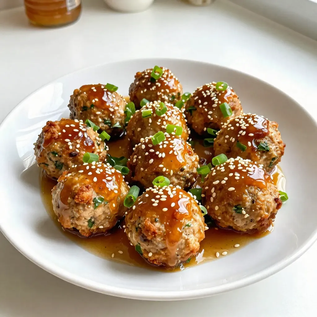Gather these ingredients to make Honey Garlic Chicken Meatballs. Each item plays a key role in flavor and texture. - 1 lb ground chicken - 1/4 cup breadcrumbs (preferably panko for extra crunch) - 1/4 cup freshly grated Parmesan cheese - 1/4 cup fresh parsley, finely chopped - 2 cloves garlic, minced - 1 large egg, beaten - 1/2 teaspoon salt - 1/4 teaspoon freshly cracked black pepper - 1/4 teaspoon red pepper flakes (optional, for a hint of heat) - 1/3 cup honey (preferably raw for better flavor) - 2 tablespoons soy sauce (or tamari for a gluten-free option) - 1 tablespoon apple cider vinegar - 1 tablespoon sesame oil - Sesame seeds, for garnish - Green onions, thinly sliced, for garnish Each ingredient adds its unique taste. The ground chicken is the base, while the breadcrumbs help with binding. The Parmesan cheese adds a rich flavor. Fresh parsley and garlic bring freshness and aroma. The egg acts as a binder to hold the meatballs together. The honey gives sweetness, while soy sauce adds umami depth. Apple cider vinegar balances the flavors, and sesame oil adds a nutty note. Optional red pepper flakes can spice things up if you like heat. For garnish, sesame seeds and green onions enhance the dish's visual appeal and flavor. Make sure to use fresh ingredients for the best taste. With these items ready, you will create a delicious dish that everyone will love. {{ingredient_image_2}} Start by preheating your oven to 400°F (200°C). This helps the meatballs cook evenly. Line a baking sheet with parchment paper. This keeps the meatballs from sticking and makes cleanup easy. In a large bowl, combine the ground chicken, breadcrumbs, grated Parmesan, chopped parsley, minced garlic, beaten egg, salt, black pepper, and red pepper flakes if you want some heat. Use your hands or a spoon to mix everything. Be careful not to overmix; this can make the meatballs tough. Now, with clean hands, shape the mixture into meatballs. Aim for about 1.5 inches in diameter, which is roughly the size of a golf ball. Place them on the baking sheet, making sure to space them evenly. This allows air to circulate and helps them cook well. While the meatballs bake, let's make the sauce. In a small saucepan, mix honey, soy sauce (or tamari), apple cider vinegar, and sesame oil. Heat this over medium heat until it starts to bubble. Then reduce the heat to low. Let it simmer for about 3-5 minutes. This thickens the sauce and makes the flavors stronger. Stir it occasionally to keep it from sticking. Once the meatballs are done baking (they should be golden and cooked through), take them out of the oven. Carefully transfer them to a large mixing bowl. Drizzle the honey garlic sauce over them. Gently toss the meatballs in the sauce until they are well-coated and shiny. To serve, arrange the honey garlic chicken meatballs on a platter or individual plates. For a nice touch, sprinkle sesame seeds and sliced green onions on top. This adds color and flavor. You can also drizzle a bit more honey on top for extra sweetness. Enjoy your meal with steamed rice or a fresh salad for a complete feast! To get the best meatballs, avoid overmixing. When you combine the ground chicken with the other ingredients, mix just until they come together. If you mix too much, your meatballs can turn tough. Aim for a light touch. Use your hands to blend gently. This keeps them tender and juicy. You can change the flavor of the sauce easily. Try adding different spices or herbs. For a sweeter sauce, add more honey. If you like it spicy, use more red pepper flakes or try hot sauce. You can even mix in fresh ginger for a nice twist. Experiment with flavors until you find your favorite! You can bake or fry the meatballs. Baking is easier and less messy. Preheat your oven to 400°F (200°C) for baking. Bake for 18-20 minutes. They should be golden and cooked through. If you fry, use a hot pan with a little oil. Check doneness by using a meat thermometer. The inside should reach 165°F (75°C). This ensures they are safe and tasty! Pro Tips Use Cold Ingredients: Starting with cold ground chicken helps the meatballs maintain their shape while baking. It prevents them from becoming too soft and ensures a firmer texture. Don’t Overmix: When combining the meatball mixture, mix just until combined. Overmixing can lead to tough meatballs, so be gentle! Adjust Sweetness: Depending on your preference for sweetness, feel free to adjust the amount of honey in the sauce. Start with less and add to taste. Serve with a Side: These meatballs pair wonderfully with steamed rice or fresh salad. Consider adding a dipping sauce for an extra burst of flavor! {{image_4}} To make these meatballs gluten-free, swap soy sauce for tamari. Tamari offers the same salty flavor without gluten. Use gluten-free breadcrumbs instead of regular ones. Panko works well for a nice crunch. This way, you keep all the flavor while making them safe for everyone. Adding veggies to your meatballs packs in more flavor and nutrition. You can mix in finely chopped onions, bell peppers, or carrots. These add color and taste. You could even try ground turkey or pork. This gives a fun twist to the classic chicken meatballs. If you like heat, adjust the spice level! You can use different pepper types for varied heat. Add jalapeños for a kick or sriracha for some zing. You can also double the red pepper flakes in the recipe. This makes every bite a flavor adventure. Once you finish your meal, let the meatballs cool down. Place the leftovers in an airtight container. This helps keep them fresh. Store them in the fridge for up to 3 days. When you want to reheat, just pop them in the microwave or oven until warm. If you like, add a little honey sauce on top for extra flavor. Freezing meatballs is simple and smart. First, let them cool completely. Next, arrange them on a baking sheet in a single layer. Freeze for about an hour. Once they are firm, transfer them to a freezer-safe bag. This stops them from sticking to each other. You can keep them frozen for up to 3 months. When ready to eat, thaw them overnight in the fridge. Reheat in the oven or microwave. Heat until they reach 165°F (75°C) for safety. In the fridge, your honey garlic chicken meatballs stay fresh for about 3 days. If you freeze them, they can last for about 3 months. Always check for any signs of spoilage before eating. If they smell off or look strange, it’s best to toss them out. Enjoy your delicious meatballs safely! Yes, you can make these meatballs ahead of time! To prepare them in advance, follow these steps: - Prep the meatballs: Make the meatballs and arrange them on a baking sheet. - Refrigerate: Cover the baking sheet with plastic wrap. Store in the fridge for up to 24 hours. - Cook later: When ready, bake them straight from the fridge. You may need to add a few extra minutes to the baking time. If you want to freeze them, do this: - Freeze before baking: Place the shaped meatballs on a baking sheet and freeze until solid. - Transfer to a bag: Once frozen, put them in a freezer-safe bag. They will last up to three months. - Cook from frozen: Bake them directly from the freezer. Add about 5-10 minutes to the cooking time. These meatballs are tasty and versatile. Here are some great sides: - Steamed rice: White or brown rice works well to soak up the sauce. - Noodles: Serve over cooked noodles for a hearty meal. - Fresh salad: A crisp salad adds a nice crunch and balances the dish. - Vegetable stir-fry: Pair with colorful veggies for a healthy option. - Mashed potatoes: Creamy potatoes complement the sweet and savory meatballs. Feel free to mix and match these sides based on what you like! To check if the meatballs are safe to eat, use a meat thermometer. The internal temperature should reach 165°F (75°C). Here’s how to do it: - Insert the thermometer: Place it in the center of a meatball. - Look for the right temp: If it reads 165°F, they are done. - Check multiple meatballs: It’s a good idea to check a few to be sure. If you don’t have a thermometer, cut one open. The meat should be white and no pink should be visible. Enjoy your perfectly cooked meatballs! In this post, we explored how to make delicious Honey Garlic Chicken Meatballs. We covered the key ingredients, step-by-step instructions, and helpful tips to perfect your meatballs. Remember to mix well, but not too much, to keep the texture just right. You can also customize them by adding veggies or adjusting the spice level. Whether you store them in the fridge or freezer, they stay fresh for days. Enjoy making these tasty meatballs; they are sure to impress your family and friends!