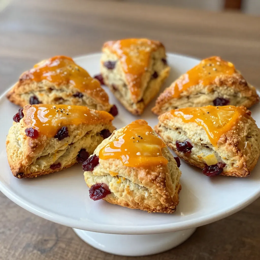 - 2 cups all-purpose flour - 1/3 cup granulated sugar - 1 tablespoon baking powder - 1/2 teaspoon salt - 1/4 cup cold unsalted butter, cut into small cubes - 1/2 cup dried cranberries - Zest from 1 medium orange - 1/2 cup heavy cream - 1 large egg - 1 teaspoon pure vanilla extract For the glaze: - 1 cup powdered sugar - 2 tablespoons freshly squeezed orange juice - 1 teaspoon additional orange zest Each ingredient plays a key role in making these scones great. - All-purpose flour provides the structure. It forms the base of the scone. - Granulated sugar adds sweetness. It helps balance the tart cranberries. - Baking powder acts as a leavening agent. It makes the scones rise and become fluffy. - Salt enhances the flavors. A little salt makes everything taste better. - Cold unsalted butter adds richness. It helps create a tender texture. - Dried cranberries bring tartness and chewiness. They add bursts of flavor. - Orange zest gives a fresh, citrusy note. It brightens the entire scone. - Heavy cream adds moisture. It keeps the scones soft and rich. - Egg binds everything together. It helps with structure and color. - Vanilla extract adds a warm, sweet flavor. It enriches the taste. For the glaze, powdered sugar sweetens. Freshly squeezed orange juice adds a zesty kick. Additional orange zest makes the glaze pop with flavor. You can easily modify this recipe for different diets. - Gluten-free flour can replace all-purpose flour. Use a 1:1 blend for the best results. - Coconut sugar or maple sugar can substitute granulated sugar. They add a unique flavor. - Dairy-free butter works instead of unsalted butter. Be sure to use a cold version. - Non-dairy cream can replace heavy cream. Use coconut cream or almond milk for a lighter option. - Flax egg can replace the large egg. Mix 1 tablespoon of ground flaxseed with 2.5 tablespoons of water to bind. These substitutions keep the flavors and textures close to the original. Enjoy your baking! {{ingredient_image_2}} To start, gather your ingredients. You need flour, sugar, baking powder, salt, cold butter, dried cranberries, and orange zest. First, preheat your oven to 400&deg;F (200&deg;C). Then, grab a large bowl. In this bowl, whisk together 2 cups of all-purpose flour, 1/3 cup of granulated sugar, 1 tablespoon of baking powder, and 1/2 teaspoon of salt. This mix ensures even flavor in every bite. Next, take 1/4 cup of cold, cubed butter and add it to the bowl. Use your fingers or a pastry cutter to mix it in. You want the mix to look like coarse crumbs. It&rsquo;s okay if some butter pieces are still visible. Now fold in 1/2 cup of dried cranberries and the zest from 1 medium orange. This adds a wonderful bright flavor. In a separate bowl, whisk together 1/2 cup of heavy cream, 1 large egg, and 1 teaspoon of pure vanilla extract. When combined, pour this into the dry mix. Stir gently until just combined. Don&rsquo;t overmix. The dough should be slightly sticky. Turn the dough onto a floured surface. Pat it down into a circle about 1 inch thick. Cut this circle into 8 wedges and place them on a baking sheet lined with parchment paper. Place the baking sheet in your preheated oven. Bake for 15-20 minutes. Keep an eye on them! You want them golden brown on top. A toothpick should come out clean when inserted into the center of a scone. When they are done, take them out and let them cool for about 5 minutes on the pan. The aroma will be amazing! While the scones cool, make the glaze. In a small bowl, combine 1 cup of powdered sugar, 2 tablespoons of freshly squeezed orange juice, and 1 teaspoon of additional orange zest. Whisk until smooth. This glaze will add a sweet and tangy finish to your scones. Once the scones are slightly cool, drizzle the glaze over them. Serve warm for the best taste. Enjoy your delightful treat! To get soft and flaky scones, you must handle the dough gently. Mix the dry ingredients well first. When adding butter, work it in until you see pea-sized pieces. This helps create those lovely layers. Don&rsquo;t overmix the dough when you add wet ingredients. A few lumps are okay! The dough should feel a bit sticky, not dry. Shaping the dough into a circle helps scones rise evenly. Cut them into wedges, and don't forget to space them apart on the baking sheet. This keeps them from sticking together while baking. If you have leftover scones, store them in an airtight container. This keeps them fresh for up to three days. You can also wrap them in plastic wrap. For longer storage, freeze them. Just make sure to let them cool completely first. To reheat, pop them in the oven for about 10 minutes at 350&deg;F (175&deg;C). They will taste almost like fresh-baked scones. Serve your scones warm for the best taste. Drizzle the orange glaze just before serving. This adds a sweet, tangy kick. Pair them with a cup of tea or coffee to bring out all the flavors. For a fun twist, add a sprinkle of fresh orange zest on top. You can also garnish with mint leaves for a pop of color. Enjoy these treats at breakfast or as an afternoon snack! Pro Tips Use Cold Butter: Ensure your butter is very cold to achieve flaky scones. This helps create steam during baking, resulting in a light texture. Don&rsquo;t Overmix: Mix the dough just until combined. Overmixing can lead to tough scones. It's okay if the dough is a bit sticky. Customize Your Add-Ins: Feel free to swap dried cranberries for other dried fruits like cherries or apricots, or even add nuts for extra crunch. Glazing Tips: Drizzle the glaze over warm scones for better adhesion. You can add more orange juice to the glaze for a thinner consistency if desired. {{image_4}} You can change the flavor of these scones easily. Instead of cranberries, try using dried cherries or blueberries. For a tropical twist, add chopped pineapple or mango. You can also swap out the orange zest for lemon or lime zest. This change will give your scones a fresh taste. If you like nuts, add chopped walnuts or pecans for a nice crunch. Each change brings a new experience to your palate. For special occasions, you can make these scones festive. During fall, add pumpkin spice to the dough. You can also mix in chopped apples or pears for a cozy flavor. In winter, try adding peppermint extract to the glaze or dough for a holiday vibe. To make them extra special for Easter, add colorful sprinkles on top of the glaze. These seasonal twists make your scones perfect for any holiday gathering. You can easily adapt this recipe for gluten-free diets. Use a gluten-free all-purpose flour blend in place of regular flour. Make sure the blend has xanthan gum for the right texture. For a vegan option, replace the egg with a flax egg made from ground flaxseed and water. Substitute heavy cream with coconut cream or almond milk. These changes help everyone enjoy the deliciousness of scones without worry. To keep your orange glazed cranberry scones fresh, store them in an airtight container. Avoid stacking them too high to prevent squishing. You can leave them at room temperature for up to two days. For longer storage, the fridge works well, but it may slightly change their texture. Freezing scones is a great way to enjoy them later. First, let the scones cool completely. Then, wrap each scone tightly in plastic wrap. Place the wrapped scones in a freezer-safe bag or container. They can last in the freezer for up to three months. When you&rsquo;re ready to enjoy them, just thaw them overnight in the fridge. To reheat scones, preheat your oven to 350&deg;F (175&deg;C). Place the scones on a baking sheet and cover them gently with foil. Heat for about 10-15 minutes until warm. This method helps restore their crispness. If you prefer, you can microwave them for about 15-20 seconds, but this may make them softer. Enjoy the warm scones with a fresh drizzle of glaze for a delightful treat! You can serve these scones with many tasty items. A cup of tea or coffee pairs well. You might also try clotted cream or butter for a rich taste. Fresh fruit or a fruit spread adds color and flavor. For a special touch, add a sprinkle of extra orange zest on top. Serve them warm for the best experience! The scones are done when they turn golden brown on top. A toothpick inserted in the center should come out clean. If the toothpick has wet dough, bake them a bit longer. Keep an eye on them during the last few minutes. This helps you avoid overbaking and keeps them soft. Yes, you can make the dough ahead of time! After mixing, wrap it tightly in plastic wrap. You can store it in the fridge for up to 24 hours. When you're ready to bake, just shape and cut the scones. This can save you time on busy mornings! We explored how to make delicious Orange Glazed Cranberry Scones. You now know the key ingredients and their roles. I shared tips for perfect texture and ways to store leftovers. You can also try fun variations to suit your taste. Remember, baking is about creativity. Use these steps to impress your family and friends. Enjoy every bite of your tasty scones!