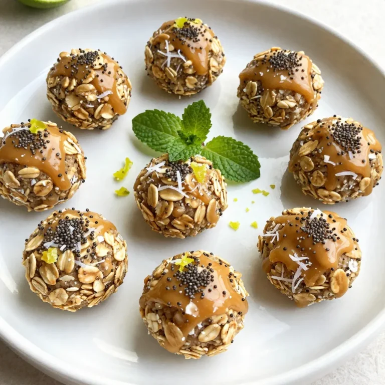 - 1 cup rolled oats - 1/2 cup unsweetened shredded coconut - 1/2 cup almond butter (or your favorite nut butter) - 1/4 cup honey or maple syrup - Zest of 2 limes - 2 tablespoons fresh lime juice - 1/4 cup ground chia seeds - 1/4 teaspoon sea salt - Optional: 1/4 cup dark chocolate chips or cacao nibs To make Coconut Lime Energy Bites, you need simple and fresh ingredients. Rolled oats form the base. They give fiber and texture. Unsweetened shredded coconut adds a tropical feel. Almond butter offers healthy fats and creaminess. You can swap this for any nut butter you love. For sweetness, you can use honey or maple syrup. Both work well. Lime zest and juice provide a bright, tangy flavor. Ground chia seeds add a nutritious punch and help bind the mixture. Sea salt enhances all the flavors in these bites. You can boost sweetness and texture with optional dark chocolate chips or cacao nibs. They add a fun twist to the bites. Gather all these ingredients, and you’re ready to create a tasty snack. {{ingredient_image_2}} To start, grab a large mixing bowl. Add 1 cup of rolled oats, 1/2 cup of unsweetened shredded coconut, 1/4 cup of ground chia seeds, and 1/4 teaspoon of sea salt. Stir well until all these dry ingredients mix together. This step helps to ensure even flavor in every bite. In a medium bowl, combine 1/2 cup of almond butter, 1/4 cup of honey or maple syrup, the zest of 2 limes, and 2 tablespoons of fresh lime juice. Whisk this mixture until it is smooth and well blended. The lime will give your bites a nice zing. Now it’s time to bring everything together. Carefully pour the wet mixture into the bowl with your dry ingredients. Use a spatula or wooden spoon to mix until everything is combined. If you like, fold in 1/4 cup of dark chocolate chips or cacao nibs for a touch of sweetness. Next, take about a tablespoon of this mixture and roll it into a ball in your hands. Place each formed energy bite onto a lined baking sheet or large plate. Keep rolling until all the mixture is shaped into bites. Once you finish shaping the bites, place them in the refrigerator. Chill them for at least 30 minutes. This will help them firm up and hold their shape better. Enjoy your refreshing and easy snack! To boost the taste of your Coconut Lime Energy Bites, try using different sweeteners. Agave syrup or brown sugar can add a unique twist. You can also mix in nuts or seeds for crunch. Chopped almonds or pumpkin seeds give a great bite and pair well with coconut. You can easily increase their nutrition. Adding protein powder is a simple way to do this. Look for plant-based options if you want a vegan choice. Superfoods like spirulina or maca powder can also enhance the health benefits. Presentation matters when serving these bites. Use a decorative plate to make them pop. Garnish with a sprig of fresh mint for color. A light sprinkle of lime zest adds a fun touch and brightens up the look. These small steps will impress your guests! Pro Tips Chill for Best Texture: Refrigerating the energy bites for at least 30 minutes helps them firm up, making them easier to handle and enhancing their chewy texture. Customize Your Sweetness: Adjust the amount of honey or maple syrup according to your taste preference. You can also use date syrup for a different flavor profile. Boost Nutritional Value: Add in a scoop of protein powder or some flaxseed meal for an extra boost of nutrients and fiber. Experiment with Flavors: Feel free to substitute lime with lemon or add a hint of ginger for a zesty variation. {{image_4}} You can switch up the nut butter in this recipe. Try using peanut butter or cashew butter. Each choice brings a new flavor and twist. For zest, consider using lemon or orange. Both add a fun and bright taste to the bites. If you're vegan, use maple syrup instead of honey. Almond butter is also a great vegan choice. For a gluten-free option, make sure to use certified gluten-free oats. This way, everyone can enjoy these tasty bites without worry. Want to make these bites even more fun? You can add dark chocolate or cacao nibs. Both options give a sweet crunch that pairs well with coconut and lime. Dried fruits like cranberries or apricots can also add sweetness and chewiness. To keep your Coconut Lime Energy Bites fresh, use airtight containers. Glass or plastic containers work well. Make sure the lid seals tightly. This prevents air from getting inside and keeps them tasty. Store them in the fridge at all times. The cool temperature helps maintain their texture and flavor. If you want to save some for later, freezing is a great option. First, roll the bites into balls and place them on a baking sheet. Freeze them for about an hour. Once firm, transfer the bites to a freezer-safe bag or container. Squeeze out excess air to prevent freezer burn. When you’re ready to enjoy, take out the desired amount. Let them thaw in the fridge for a few hours. In the fridge, these energy bites stay fresh for about a week. After that, they may lose some flavor and texture. If they look or smell off, it’s best to toss them. Always check for signs of spoilage before enjoying your snacks. Coconut Lime Energy Bites stay fresh for about a week in the fridge. Use an airtight container to keep them safe from moisture and odors. They can also become firmer and more flavorful as they chill. Yes, you can swap almond butter for any nut butter you like. Peanut butter or cashew butter works great too. Just make sure the substitute is smooth to mix well with the other ingredients. Absolutely! These energy bites are a great snack for kids. They are packed with healthy ingredients and offer a good balance of energy. Just keep an eye on portion sizes, especially if your kids are sensitive to sugar. These energy bites use wholesome ingredients. Rolled oats give you fiber and energy. Shredded coconut adds healthy fats. Lime juice boosts vitamin C, while chia seeds provide omega-3s. Honey is a natural sweetener that also offers antioxidants. Yes, you can easily make them nut-free. Replace almond butter with sunflower seed butter or pumpkin seed butter. These options provide similar texture and taste without nuts, making them safe for those with allergies. You learned how to make Coconut Lime Energy Bites using simple, healthy ingredients. We mixed dry and wet elements and shaped them into tasty bites. You can customize flavors and enhance nutrition based on your needs. Remember to store them well to keep them fresh. These energy bites offer a great snack for everyone. Try different variations and enjoy the fun of creating your own recipes!