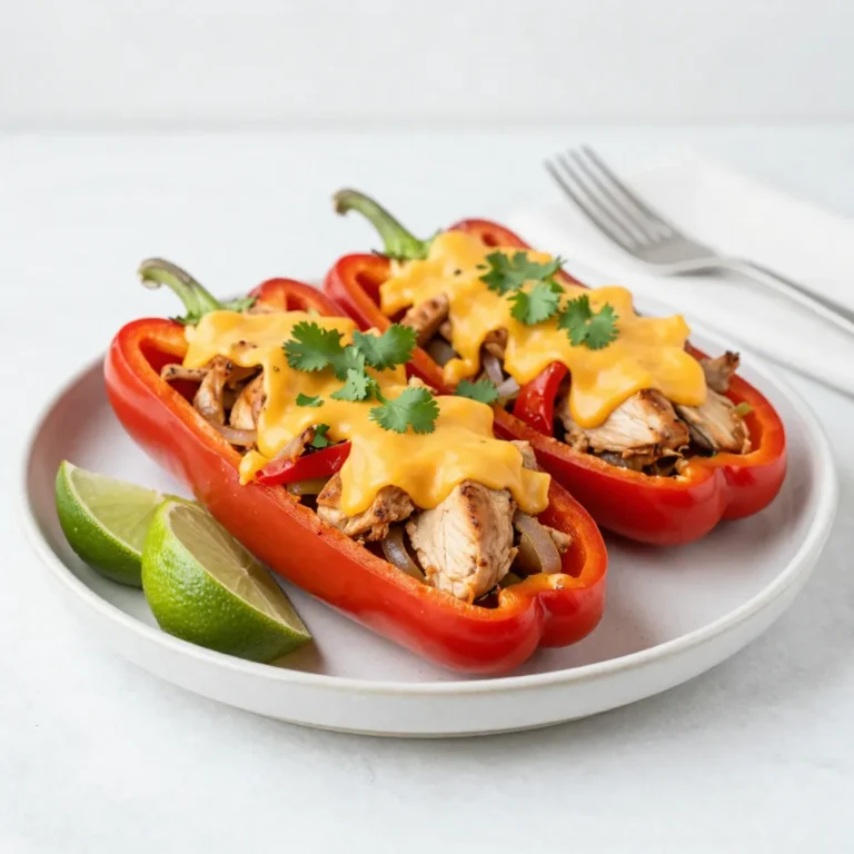- 4 large bell peppers (any vibrant color: red, green, yellow, or orange) - 1 lb boneless, skinless chicken breast, cubed - 1 tablespoon olive oil - 1 medium onion, thinly sliced - 1 red bell pepper, thinly sliced - 1 green bell pepper, thinly sliced - 2 cloves garlic, minced - 1 tablespoon chili powder - 1 teaspoon ground cumin - 1 teaspoon smoked paprika - Salt and black pepper to taste - 1 cup corn kernels - 1 cup black beans, rinsed - 1 cup shredded cheddar cheese - Fresh cilantro, chopped - Lime wedges for serving For the best taste, choose firm bell peppers with bright colors. They should feel heavy for their size. Always pick chicken that is fresh and has no odor. When using spices, check their freshness by smelling them. Fresh spices give better flavor. If using canned corn and beans, rinse them well to wash away excess sodium. If you need a lower-carb option, try using zucchini instead of bell peppers. For a vegetarian meal, use cooked lentils or quinoa in place of chicken. You can replace cheddar cheese with dairy-free cheese for a vegan version. If you are avoiding gluten, check that your spices and beans are certified gluten-free. {{ingredient_image_2}} First, you need to preheat your oven to 375°F (190°C). This step makes sure your peppers bake perfectly. Next, take your large bell peppers and slice the tops off. Use a spoon to remove the seeds and membranes inside. Make sure the peppers can stand upright in your baking dish. This helps them hold all that tasty filling. In a big skillet over medium heat, pour in one tablespoon of olive oil. Wait until the oil is hot, then add one pound of cubed chicken breast. Season the chicken with salt, pepper, chili powder, ground cumin, and smoked paprika. Cook this for about 5-7 minutes. Stir often until the chicken turns brown and is fully cooked. Now, add one sliced onion and two types of sliced bell peppers to the skillet. Keep cooking for another 5 minutes until the veggies soften. Finally, stir in two minced garlic cloves for flavor. Cook for one more minute until the garlic smells great. Mix in one cup of corn and one cup of black beans. Stir everything together well. Take the skillet off the heat. Using a spoon, fill each pepper with the chicken mixture. Pack it tightly to fit all that goodness inside. Then, sprinkle a generous amount of shredded cheddar cheese on top of each pepper. Cover the baking dish with aluminum foil. Bake in the oven for 25 minutes. After that, take off the foil and bake for another 10 minutes until the cheese is golden and bubbly. Once baked, carefully remove the stuffed peppers from the oven. Let them cool for a few minutes. Garnish with fresh cilantro and serve with lime wedges. Squeezing the lime over the top adds a delicious twist! To cook chicken perfectly, start with fresh, high-quality pieces. Cut the chicken into small, even cubes. This helps ensure even cooking. Use a medium heat to avoid burning. Cook the chicken until it reaches a safe internal temperature of 165°F (75°C). This will keep it juicy and tasty. When it comes to cheese, I love using cheddar. It melts well and adds great flavor. Other good options include Monterey Jack and pepper jack for a spicy kick. You can try a blend for more depth. Just make sure to sprinkle enough on top for that delicious cheesy crust. To boost flavor, add fresh herbs like cilantro before serving. A squeeze of lime juice brightens the dish. For extra heat, toss in jalapeños or use spicy chili powder. You can also try different spices like oregano or a dash of hot sauce in the chicken mix. Experimenting makes each meal unique! Pro Tips Choose the Right Peppers: Select bell peppers that are firm and vibrant in color for the best presentation and taste. Add Extra Vegetables: Feel free to add other vegetables like zucchini or corn for added flavor and nutrition. Spice It Up: Adjust the amount of chili powder to your preferred spice level, or add jalapeños for an extra kick. Cheese Variation: Experiment with different types of cheese such as pepper jack or Monterey Jack for a unique twist on flavor. {{image_4}} You can make a tasty vegetarian version of these stuffed peppers. Simply skip the chicken and use hearty veggies. I recommend adding black beans, corn, and diced zucchini. This mix keeps the flavors bold and satisfying. For a lighter dish, swap the chicken for quinoa or cauliflower rice. Cook the quinoa according to package directions. If using cauliflower rice, sauté it briefly before mixing it with your spices and veggies. This adds great texture and keeps your meal healthy. Feel free to play with spices to match your taste. Try adding cayenne for heat or oregano for an herbal touch. You can also mix in diced tomatoes or jalapeños for extra flavor. Each tweak can make your stuffed peppers unique and fun to eat. After enjoying your Chicken Fajita Stuffed Peppers, store leftovers in an airtight container. Let them cool down before sealing. This helps keep the flavors fresh. Place the container in the fridge. Your leftovers should stay good for about 3 to 4 days. You can freeze stuffed peppers for future meals. First, let them cool completely. Wrap each pepper in plastic wrap, then place them in a freezer-safe bag. This helps prevent freezer burn. They can last in the freezer for up to 3 months. When you’re ready to eat, simply thaw them overnight in the fridge. To reheat your stuffed peppers, preheat your oven to 350°F (175°C). Place the peppers in a baking dish. Cover them with foil to keep them moist. Heat for about 20-25 minutes, or until they are hot all the way through. You can also microwave them for quick meals, but the oven keeps the texture nice. Enjoy! Yes, you can prepare these stuffed peppers ahead of time. Cook the filling and stuff the peppers. Then, cover them and store them in the fridge for up to 24 hours. When you are ready to cook, just bake them as directed. This saves time and makes for a quick meal. Chicken Fajita Stuffed Peppers pair well with several sides. Here are some great options: - Rice: A simple cilantro lime rice works well. - Salad: A fresh green salad adds crunch. - Guacamole and Chips: This adds a creamy, tasty touch. - Sour Cream or Greek Yogurt: Perfect for a rich dip. These sides enhance your meal and make it more enjoyable. You’ll know the stuffed peppers are done when the cheese is melted and bubbly. The peppers should be tender but still hold their shape. You can check with a fork; it should pierce the peppers easily. If you like them softer, bake for a few extra minutes. Enjoy the delicious flavors and textures! In this blog post, I covered how to make tasty Chicken Fajita Stuffed Peppers. We discussed the necessary ingredients and tips for freshness. I provided steps for preparation and cooking, plus advice on ensuring perfect chicken. You also learned variations and storage methods. Now, you have everything to make these stuffed peppers a hit! Enjoy the fun of cooking with flavors you love.
