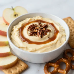 - 8 oz cream cheese, softened to room temperature - 1 cup powdered sugar, sifted for smoothness - 1 tsp pure vanilla extract - 1 cup whipped topping (such as Cool Whip) - 1/2 cup caramel sauce, plus additional for drizzling - 1/2 cup pecans, toasted and finely chopped - 1/4 tsp flaky sea salt To make the Caramel Pecan Cheesecake Dip, start with cream cheese. It should be soft. This helps it mix well. Next, add powdered sugar. Sift it first for a smooth dip. Pure vanilla extract adds flavor. Whipped topping gives the dip a light texture. Caramel sauce adds sweetness. Chopped pecans bring crunch. A pinch of flaky sea salt balances the sweetness. - Apple slices - Graham crackers - Pretzels The dippers are just as fun! Apple slices add freshness. Graham crackers offer a sweet crunch. Pretzels give a salty bite. You can use all three or mix and match. They make the dip even more enjoyable. Dipping is half the fun! {{ingredient_image_2}} - Beat cream cheese until smooth: Start with 8 oz of softened cream cheese. Use a mixer and beat until it is creamy. This step makes your dip velvety. - Incorporate powdered sugar: Gradually add 1 cup of sifted powdered sugar. Mix on low speed. This helps everything blend well. - Add vanilla extract and sea salt: Pour in 1 tsp of pure vanilla extract. Then add 1/4 tsp of flaky sea salt. Mix until all flavors combine nicely. - Fold in whipped topping: Take 1 cup of whipped topping and gently fold it into the cream cheese mix. Use a spatula to keep it light and airy. - Mix in caramel sauce: Pour in 1/2 cup of caramel sauce. Gently fold it into the mixture. Watch for swirls that look beautiful. - Add toasted pecans: Mix in 1/2 cup of finely chopped toasted pecans. Save a handful for later to sprinkle on top. - Transfer to serving bowl: Carefully spoon the dip into a serving bowl. Make sure it looks nice and inviting. - Drizzle with caramel: Take extra caramel sauce and drizzle it over the top. This adds a sweet touch. - Sprinkle with reserved pecans: Finally, sprinkle the reserved pecans on top. This adds a nice crunch and a pretty look. Now, your caramel pecan cheesecake dip is ready to enjoy! Serve it with apple slices, graham crackers, or pretzels for a tasty treat. Softened cream cheese is key for this dip. It blends smoothly with other ingredients. If your cream cheese is cold, it won&rsquo;t mix well. Let it sit at room temperature for about 30 minutes before you start. This helps create a creamy base. To mix, use an electric mixer on low speed. Start slow to avoid a sugar cloud. Once the sugar blends in, you can increase the speed. This method ensures a fluffy dip that is not dense. Want to boost the flavor? You can add a splash of almond extract or a hint of cinnamon. Both options pair well with caramel and pecans. For fun toppings, try mini chocolate chips or a sprinkle of toffee bits. These add texture and extra sweetness. Serving your dip can be fun! Use a colorful bowl to catch the eye. Drizzle caramel on top to make it look inviting. Sprinkle the reserved pecans for an added crunch. Arrange dippers like apple slices, graham crackers, and pretzels around the bowl. This creates a beautiful display for your guests. Pro Tips Use room temperature cream cheese: Ensuring your cream cheese is at room temperature allows it to blend more smoothly, resulting in a creamier dip. Toast your pecans: Lightly toasting your pecans enhances their flavor and adds a delightful crunch to your dip. Chill before serving: For an even better flavor, let your dip chill in the fridge for about 30 minutes before serving; this allows the flavors to meld beautifully. Customize your dippers: Experiment with different dippers like pretzel crisps, vanilla wafers, or even strawberries for diverse flavor combinations. {{image_4}} You can easily change the taste of your dip. Here are two fun ideas: - Chocolate caramel pecan dip: Just add 1/4 cup of cocoa powder to the cream cheese mix. This gives a rich chocolate flavor that pairs well with caramel and pecans. It adds a lovely twist for chocolate lovers. - Pumpkin spice version: Add 1/2 cup of pumpkin puree and 1 tsp of pumpkin pie spice. This creates a warm, fall flavor. It&rsquo;s perfect for gatherings during autumn or Thanksgiving. Making your dip fit different diets is simple. Consider these options: - Gluten-free options for dippers: Use rice cakes, fruit slices, or gluten-free crackers. These dippers taste great and keep the dip gluten-free. - Vegan alternatives for ingredients: Replace cream cheese with a vegan cream cheese. Use maple syrup instead of caramel sauce and coconut whipped cream for the topping. These swaps make the dip vegan-friendly without losing flavor. To keep your Caramel Pecan Cheesecake Dip fresh, store it in the fridge. Use an airtight container to prevent it from absorbing other smells. A glass or plastic container works well. Make sure to cover it tightly. This helps maintain its creamy texture and rich taste. Your dip will stay fresh for about three to four days in the fridge. After that, it might lose flavor and texture. Look for signs of spoilage. If the dip smells off or has a watery layer on top, it's time to toss it. Always trust your senses when it comes to food safety. Making this dip is quick and easy. It takes just 15 minutes to prep. The total time is also 15 minutes. You can whip this up in no time for a tasty treat. Yes, you can make the dip ahead of time. Just prepare it and store it in the fridge. It stays fresh for up to two days. Be sure to cover it well to keep it tasty. Before serving, give it a quick stir. You can add more caramel sauce on top for extra flair. You have many fun options for dippers. Here are some of my favorites: - Apple slices - Graham crackers - Pretzels Each of these adds a nice crunch and flavor. The sweet and salty mix works great with the dip. Enjoy exploring different dippers to find your favorite! This blog post covered how to make a creamy, sweet caramel pecan cheesecake dip. We talked about the main ingredients, step-by-step instructions, and tips to perfect the texture and flavor. You can even switch it up with different flavors or dippers. Remember to store leftovers properly for the best taste. This dip is fun and easy for any snack time or party. Give it a try, and enjoy every last bite!