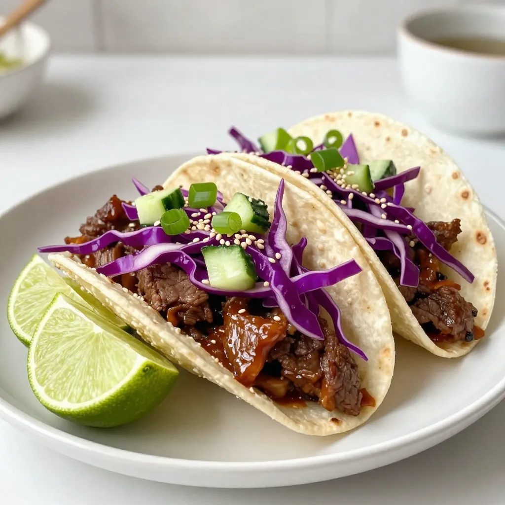 - Beef sirloin: Use 1 lb, thinly sliced against the grain. - Marinade ingredients: Combine 1/4 cup low-sodium soy sauce, 2 tablespoons sesame oil, 2 tablespoons brown sugar, 1 tablespoon fresh grated ginger, 3 cloves minced garlic, 1 teaspoon black pepper, and 1 tablespoon gochujang. - Tortilla options: Soft flour tortillas work best; you&rsquo;ll need 8 small ones. - Shredded cabbage: Use 1 cup of shredded purple cabbage for crunch and color. - Diced cucumber: Add 1/2 cup of diced cucumber for freshness. - Chopped green onions: Use 1/4 cup of chopped green onions to enhance the flavor. - Sesame seeds: Sprinkle 1 tablespoon of sesame seeds on top for a nutty touch. - Lime wedges: Serve fresh lime wedges for a zesty finish. These ingredients come together to create a delightful mix of flavors and textures in your tacos. Each bite bursts with umami from the beef, freshness from the toppings, and a hint of brightness from the lime. {{ingredient_image_2}} Preparing the marinade To start, grab a medium mixing bowl. In it, mix 1/4 cup of low-sodium soy sauce, 2 tablespoons of sesame oil, and 2 tablespoons of brown sugar. Add 1 tablespoon of fresh grated ginger, 3 cloves of minced garlic, and 1 teaspoon of black pepper. Finally, stir in 1 tablespoon of gochujang. Whisk everything until the brown sugar dissolves. Marinating time recommendations Next, add your thinly sliced beef sirloin to the marinade. Make sure each piece is coated well. Cover the bowl with plastic wrap and place it in the fridge. For the best flavor, let it marinate for 1 to 2 hours. If you're short on time, 30 minutes will still work. Preheating the skillet Now it's time to cook! Preheat a large skillet or wok over medium-high heat. The pan should be hot before you add the beef. Saut&eacute;ing the beef Remove the beef from the marinade, letting any excess drip off. Add the beef to the skillet in batches. Avoid overcrowding the pan to ensure even cooking. Saut&eacute; for about 3 to 4 minutes, stirring occasionally, until the beef is browned and cooked through. Warming the tortillas While the beef cooks, warm your soft flour tortillas. You can do this in a dry skillet for 20 to 30 seconds on each side or microwave them for about 15 to 20 seconds. They should be soft and easy to fold. Layering the ingredients To assemble your tacos, place a good amount of cooked beef in the center of a warm tortilla. Top it with a handful of shredded purple cabbage, diced cucumber, and chopped green onions. For the final touch, sprinkle sesame seeds on top and add a squeeze of fresh lime juice. Enjoy! For the best flavor, marinate the beef for at least 30 minutes. If you can, go for two hours. This time helps the beef soak in the marinade. Each piece of beef should be well-coated. Stir it gently in the bowl to ensure even flavor. Do not overcrowd the pan when cooking. If you add too much beef at once, it steams instead of browning. Cook in batches for the best results. This way, each piece gets a nice sear. Aim for about 3-4 minutes of cooking per batch. You want a rich, brown color for perfect flavor. When it comes to presentation, arrange the tacos on a colorful platter. Add lime wedges for a fresh look. For those who like heat, serve extra gochujang on the side. You can also pair these tacos with crunchy cucumber salad or a refreshing drink like iced tea. Pro Tips Marinate Longer for Deeper Flavor: If time permits, marinate the beef for up to 2 hours or overnight. This allows the flavors to penetrate the meat more thoroughly, resulting in a more flavorful dish. Use High Heat for Searing: Ensure your skillet or wok is hot before adding the beef. Searing at high heat helps to caramelize the meat, creating a delicious crust while keeping it tender inside. Customize Your Toppings: Feel free to experiment with additional toppings such as avocado slices, pickled radish, or even spicy kimchi to elevate your tacos and add more texture and flavor. Serve Immediately for Best Texture: Assemble the tacos just before serving to prevent the tortillas from getting soggy. Enjoy them while they're warm and fresh for the best experience. {{image_4}} You can change the protein in these tacos. Try chicken or tofu for a twist. Both options work well with the marinade. Just slice them thinly like the beef. The flavor will still shine through. You can also switch up the tortillas. Corn tortillas give a nice crunch. Whole wheat adds a healthy touch. Each type brings its own taste to the dish. Adjust the spice level to suit your taste. If you like it spicy, add more gochujang. For a milder flavor, cut back on the chili paste. You can also add some fresh jalape&ntilde;os for a kick. Experiment with toppings for a fun twist. Try adding sliced radishes or avocado. You can also use cilantro for a fresh touch. Each topping can change the flavor and look of your tacos. Making a taco bar is a fun way to serve these. Set up bowls with beef, toppings, and sauces. Let everyone build their own tacos. This makes for a lively meal. You can also serve the tacos on a platter. Arrange them neatly and add lime wedges. For a lighter option, turn them into a salad. Just lay the ingredients on a bed of greens. This way, you still get all the great flavors! When you have leftover Korean beef bulgogi tacos, store them in the fridge. Place the beef, tortillas, and toppings in separate airtight containers. This keeps everything fresh. - Refrigeration guidelines: Store leftovers within two hours after cooking. They should last about 3-4 days in the fridge. - Freezing options: If you want to save them longer, you can freeze the beef. Place it in a freezer-safe bag or container. It can last up to three months in the freezer, but freeze it without the tortillas and toppings. Reheating beef bulgogi properly keeps its great taste. - Best methods for reheating beef: Use a skillet over medium heat. Add a little water or oil to keep it moist. Stir for 3-5 minutes until hot. You can also use a microwave, heating it in short bursts. - Prepping tortillas for leftovers: When reheating tortillas, warm them briefly in a dry skillet. This makes them soft and nice. You can also wrap them in a damp paper towel and microwave for about 15 seconds. Knowing how long your leftovers last is key to food safety. - How long can leftovers last?: In the fridge, eat leftovers within 3-4 days. If frozen, use them within three months for best taste. - Signs of spoilage: Watch for off smells or changes in color. If the beef feels slimy, it&rsquo;s time to throw it out. Always trust your senses when it comes to food safety. Korean beef bulgogi is a popular dish made with thin slices of beef. You marinate the beef in a mix of soy sauce, sesame oil, brown sugar, ginger, garlic, black pepper, and gochujang. This marinade gives the beef a sweet and spicy flavor. After marinating, you cook the beef quickly in a hot skillet until it&rsquo;s tender and juicy. It's often served with rice, but I love using it in tacos for a fun twist. Yes, you can use other cuts of beef. Flank steak or ribeye work well too. Just make sure to slice the meat against the grain. This helps keep the beef tender. If you're looking for a leaner option, you can also try using chicken or pork. Marinating is key for great flavor. It helps the meat soak up the marinade and become tender. I recommend marinating for at least 30 minutes. For the best taste, let it sit for up to 2 hours. If you&rsquo;re short on time, even a quick 15-minute soak can help. Yes, you can prep some parts ahead. You can marinate the beef a day in advance. Cook the beef just before serving for the best taste. You can also chop the veggies and warm the tortillas ahead of time. Just keep everything in the fridge until you're ready to eat. These tacos pair well with many sides. Try serving them with a fresh salad, like cucumber or coleslaw. A side of rice or kimchi also enhances the meal. For drinks, I suggest a light beer or iced tea to balance the flavors. Don't forget lime wedges for extra zing! Korean beef bulgogi tacos mix rich flavors and fun. We covered the key ingredients, from sirloin to fresh toppings. I shared simple steps for marinating and cooking the beef, plus tips for perfect assembly. You can play with variations and serving styles to suit your taste. Remember to store leftovers properly and reheat them well. Enjoy making these tacos and customizing them for your next meal. Dive into this delicious fusion dish and make it yours!