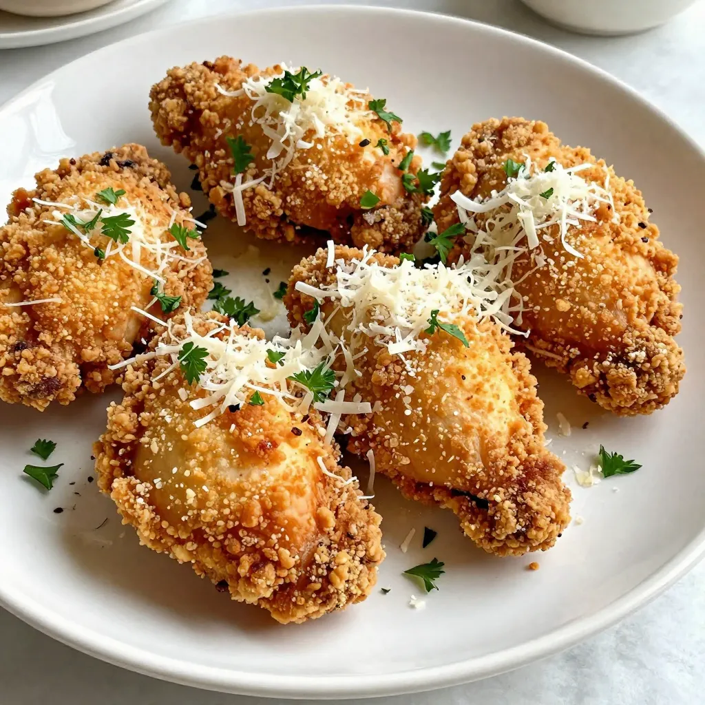 - 4 boneless, skinless chicken breasts - 1 cup grated Parmesan cheese - 1 cup panko breadcrumbs - 1 tablespoon Italian seasoning - 1 teaspoon garlic powder - ½ teaspoon onion powder - Salt and pepper to taste - 2 large eggs - 1 tablespoon Dijon mustard - Olive oil spray - Fresh parsley, chopped (for garnish) When you gather your ingredients, quality matters. Use fresh chicken for the best texture. Parmesan cheese adds rich flavor. Panko breadcrumbs create that perfect crunch. Fresh parsley brightens the dish. If you want to switch things up, here are some ideas: - Use Pecorino Romano instead of Parmesan for a sharper taste. - Substitute chicken thighs for juicier meat. - Try gluten-free breadcrumbs for a similar texture. These swaps can keep your dish exciting while meeting different needs. Want to boost flavor? Here are some ideas: - Add paprika for a smoky kick. - Mix in dried basil or oregano for an herb boost. - A pinch of cayenne can bring heat. Experiment with spices you love. Customizing this dish can make it uniquely yours! {{ingredient_image_2}} - Preheat oven to 400°F (200°C). - Prepare the sheet pan with parchment paper. Start by heating your oven. This step is key for a crispy finish. While the oven warms up, grab a large sheet pan. Line it with parchment paper. This makes cleanup easy. - Whisking eggs and Dijon mustard - Combining breadcrumb mixture In a shallow bowl, crack the eggs. Add the Dijon mustard and whisk them together. You want a smooth mix. In another bowl, combine the grated Parmesan, panko breadcrumbs, Italian seasoning, garlic powder, onion powder, salt, and pepper. Mix these dry ingredients well to blend the flavors. Now, take each chicken breast. Dip it in the egg mix. Make sure it gets fully coated. Let any extra egg drip back into the bowl. Then, move the chicken to the breadcrumb mix. Press down firmly on both sides. This helps the crumbs stick. Place each coated chicken breast on the sheet pan. Leave space between each piece. - Arranging chicken on the sheet pan - Using olive oil spray for crispiness - Baking until done Once all the chicken is on the pan, lightly spray the tops with olive oil spray. This step is important. It helps create a golden and crispy crust. Now, slide the pan into the preheated oven. Bake for 25-30 minutes. Check that the chicken reaches 165°F (75°C). The breadcrumb topping should look golden and crispy. After baking, pull the pan from the oven. Let the chicken rest for at least 5 minutes. This helps keep it juicy. Just before serving, sprinkle fresh parsley on top. It adds color and flavor. Enjoy your crispy masterpiece! To get that crispy crust, olive oil spray is key. It helps the breadcrumbs turn golden brown. Without it, you may end up with a soggy coating. I always spray the tops of the chicken after coating them. This little step makes a big difference. For even cooking, space the chicken breasts apart on the sheet pan. This allows hot air to circulate. Also, flipping the chicken halfway through baking ensures that both sides get crispy. If your oven has hot spots, rotate the pan. This simple move helps all pieces cook evenly. Pair your Parmesan crusted chicken with roasted vegetables. They add color and nutrition to the plate. Try carrots, zucchini, or bell peppers. They roast well and complement the chicken's flavor. When serving, arrange the chicken on a large platter. Add a sprinkle of fresh parsley on top. This not only looks great but also enhances the taste. You can also serve a light salad on the side. A simple green salad works wonders to balance the meal. You can prepare the chicken in advance for busy nights. After coating the chicken, cover it with plastic wrap. Store it in the fridge for up to 24 hours. This saves time on cooking day. If you have leftovers, freezing is easy. Wrap each piece in plastic wrap, then place them in a freezer-safe bag. They can last up to three months. When you want to enjoy them, thaw in the fridge overnight. Reheat in the oven to keep them crispy. Pro Tips Use Fresh Ingredients: Always opt for fresh parsley and high-quality Parmesan cheese for the best flavor. Customize Your Coating: Feel free to add your favorite herbs or spices to the breadcrumb mixture for a unique twist. Ensure Even Cooking: Pound the chicken breasts to an even thickness for uniform cooking and tenderness. Let It Rest: Allow the chicken to rest after baking to keep it juicy and enhance the flavor. {{image_4}} You can mix up the flavor by adding different cheeses. Try mozzarella or cheddar for a milder taste. For a stronger flavor, consider using aged Gouda or blue cheese. Each cheese offers a unique twist on the classic dish. You can also introduce spices to boost the taste. Add paprika for a little heat. Or try smoked paprika for a rich, deep flavor. You might even add a pinch of cayenne for extra kick. Experimenting with spices is a fun way to make this chicken your own. Roasting vegetables alongside the chicken can add color and nutrition. Best choices include broccoli, carrots, and bell peppers. These veggies cook well and soak up the chicken's flavors. When cooking on a sheet pan, ensure the veggies are cut evenly. This helps them cook at the same rate as the chicken. Toss the vegetables in olive oil and seasonings before placing them on the pan. If you're looking for keto-friendly options, use almond flour instead of breadcrumbs. This keeps the dish low in carbs while still offering a nice crunch. For a vegan version, substitute chicken with firm tofu or cauliflower. Use plant-based cheese and breadcrumbs made from nuts. This gives you a tasty meal without animal products. To keep your leftover chicken fresh, place it in an airtight container. Make sure to cool it first. This helps avoid moisture build-up. Glass or BPA-free plastic containers work best. They seal well and make it easy to see what’s inside. To reheat chicken, use an oven or toaster oven. Set it to 350°F (175°C). Place the chicken on a baking sheet. Cover it with foil to keep moisture in. Heat for about 10-15 minutes. If you want crispy skin, remove the foil in the last few minutes. This step helps maintain crispiness. In the fridge, your chicken lasts for about 3-4 days. Always check for signs of spoilage before eating. If you want to keep it longer, freeze it. Properly stored, it will last for up to 4 months in the freezer. Just remember to label your container with the date for easy tracking. Look for a few signs to know your chicken is done. First, the juices should run clear, not pink. Second, the outside should be golden brown and crispy. Most importantly, use a meat thermometer. The chicken should reach an internal temperature of 165°F (75°C). This ensures it is safe to eat. Yes, you can use skin-on chicken. It will add more flavor and fat, which can help keep the chicken moist. However, cooking time may vary. Skin-on chicken may take a bit longer to cook. Keep an eye on it and check the internal temperature to be sure. Many side dishes pair well with Parmesan crusted chicken. Roasted vegetables like broccoli or carrots complement the dish nicely. You can also serve it with mashed potatoes or a fresh green salad. A simple salad with mixed greens and a light vinaigrette adds balance and flavor. Yes, you can prep this recipe in advance. You can coat the chicken and store it in the fridge for a few hours. Just cover it well to keep it fresh. If you want to store it longer, freeze the coated chicken. Before baking, let it thaw in the fridge overnight. This way, it will be ready to cook when you are. This article covers a tasty Parmesan crusted chicken recipe, with tips for success. You learned about key ingredients, easy substitutions, and new flavor ideas. I shared step-by-step instructions and storage tips. To make this meal a hit, try different spices and serve with your favorite sides. Enjoy creating a fun dish that your family will love. Cooking can be simple and rewarding!