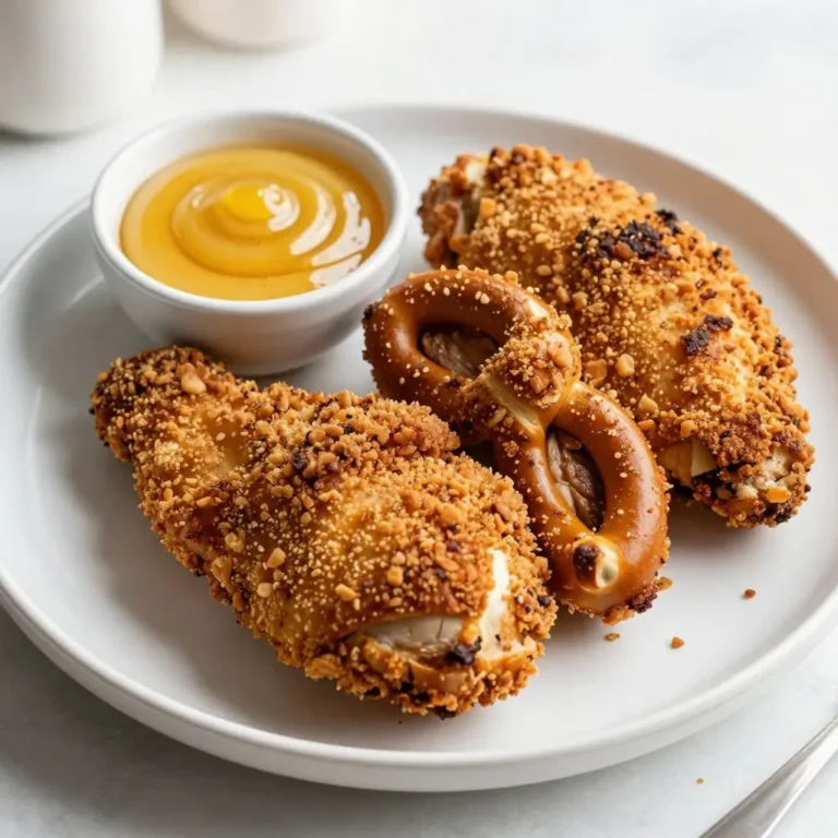 - 2 boneless, skinless chicken breasts - 1 cup pretzel crumbs (finely crushed pretzels) - 1/2 cup breadcrumbs (either plain or seasoned) - 1/2 teaspoon garlic powder - 1/2 teaspoon onion powder - 1/2 teaspoon smoked paprika - 1/2 teaspoon salt - 1/4 teaspoon freshly cracked black pepper - 1/2 cup buttermilk (or regular milk) - 1 tablespoon Dijon mustard - 1 tablespoon honey (plus extra for drizzling) - Cooking spray or a light drizzle of oil If you can't find pretzel crumbs, you can use crushed crackers. They add a nice crunch. For the chicken, you can swap in turkey breast for a leaner option. If you don't have buttermilk, mix regular milk with a splash of vinegar to get a similar taste. You can also replace Dijon mustard with yellow mustard if that's what you have. Using fresh ingredients makes a big difference in flavor. Fresh chicken tastes better and cooks more evenly. Pretzel crumbs should be crunchy and not stale. Fresh spices like garlic and onion powder enhance the taste. They bring out the best in your dish. Always check the dates on your ingredients. Good quality makes your meal shine. {{ingredient_image_2}} First, preheat your oven to 400°F (200°C). This step is key for a nice, crispy crust. Line a baking sheet with parchment paper. This helps keep things clean and prevents sticking. Next, gather your ingredients to make the coating mix. In a shallow bowl, combine the pretzel crumbs, breadcrumbs, garlic powder, onion powder, smoked paprika, salt, and black pepper. Mix it well with a fork to blend everything. Now, let’s make the chicken dip. In another bowl, whisk together the buttermilk, Dijon mustard, and half of the honey. Make sure it’s mixed well. Take one chicken breast and dip it into the buttermilk mixture. Make sure it’s fully coated. Let any extra liquid drip off. After that, move the chicken to the pretzel crumb mixture. Press down on all sides to help it stick. Repeat this with the second chicken breast. Place both pieces on the lined baking sheet. Lightly mist the chicken with cooking spray or drizzle a bit of oil on top. This helps create that perfect golden crust. Bake in the oven for 20-25 minutes. The chicken is ready when it reaches 165°F (74°C) inside. You want that coating to look golden brown. While the chicken bakes, mix the rest of the honey with Dijon mustard in a small bowl. Stir until it’s smooth. This will be your tasty dipping sauce. When the chicken is done, let it rest for a few minutes. Then, slice it into strips and serve with the honey mustard. To get that perfect crunchy crust, follow a few key steps. First, make sure your pretzel crumbs are fine. If they are too big, they won’t stick well. Next, coat the chicken in the buttermilk mixture completely. This helps the crumbs adhere better. When you press the chicken into the crumb mix, press hard. This will make the crust stick nicely. Lastly, a light drizzle of oil or cooking spray before baking creates that golden, crispy finish. Serve your pretzel crusted chicken warm, cut into strips for easy dipping. A rustic platter adds charm. Place a small bowl of honey mustard in the center. You can also add a sprinkle of fresh parsley for color. This dish pairs well with a side salad or crispy fries for a fun meal. Kids and adults alike will love the crunch and sweet dip. Avoid these common mistakes to ensure success. First, don’t skip the buttermilk soak. This step keeps the chicken moist. Also, don’t rush the baking time. If you undercook the chicken, it may be unsafe to eat. Check the internal temperature with a meat thermometer; it should read 165°F (74°C). Lastly, don’t forget to let the chicken rest after baking. This helps the juices settle, keeping each bite tender. Pro Tips Use Fresh Chicken: For the best flavor and texture, opt for fresh chicken breasts rather than frozen. They will cook more evenly and stay juicier. Customize Your Coating: Feel free to experiment with different seasonings in the pretzel crumb mixture, such as cayenne pepper for heat or dried herbs for added flavor. Ensure Even Cooking: Pound the chicken breasts to an even thickness before coating. This helps them cook uniformly and prevents any dry spots. Rest Before Serving: Let the chicken rest for a few minutes after baking. This allows the juices to redistribute, resulting in a more succulent bite. {{image_4}} You can use different proteins for this recipe. Try pork chops or fish fillets. Turkey cutlets also work well. Each option gives a fun twist to the dish. The cooking time may vary, so keep an eye on them. Use a meat thermometer to check for doneness. Boost the flavor with herbs and spices. Add fresh thyme or rosemary to the coating mix. You can also try cayenne pepper for some heat. For a zesty kick, mix lemon zest into the honey mustard. Experiment with different flavors to find your favorite. Serve the chicken with crunchy veggies like carrot sticks or celery. A fresh salad also complements the dish well. Try pairing it with sweet potato fries for a tasty side. For a fun twist, serve with pretzel bites for dipping too. After enjoying your pretzel crusted chicken, you might have some left. To store leftovers, let the chicken cool down to room temperature. Place it in an airtight container. This keeps it fresh for up to three days in the fridge. Make sure to keep the honey mustard sauce in a separate container. It will also stay fresh for about a week. To reheat your chicken, use the oven. Preheat it to 350°F (175°C). Place the chicken on a baking sheet. Heat for about 10-15 minutes. This helps keep the crust crispy. You can also use a microwave. But this may make the crust soft. If you choose the microwave, heat in short bursts of 30 seconds. Check often to avoid overcooking. You can freeze the chicken to enjoy later. Wrap each piece tightly in plastic wrap. Then place them in a freezer bag. This helps prevent freezer burn. Frozen chicken can last for up to three months. To thaw, move it to the fridge overnight. Reheat as mentioned above for best results. Yes, you can use regular bread crumbs. However, pretzel crumbs give a unique crunch and flavor. If you prefer regular crumbs, your dish will still taste great. Just keep in mind that the texture will not be as crispy. To check if your chicken is cooked, use a meat thermometer. The internal temperature should reach 165°F (74°C). If you don't have a thermometer, cut into the chicken. The meat should be white and the juices should run clear. If you don't have buttermilk, you can use regular milk. To make a quick buttermilk substitute, mix one cup of milk with one tablespoon of lemon juice or vinegar. Let it sit for five minutes before using. This will give you a similar tangy flavor. You learned about key ingredients and how fresh ones make a big difference. I shared steps to coat and bake chicken for a perfect dish. You now have tips for a crispy crust and ideas for serving. Remember, exploring variations keeps meals exciting. Smart storage helps you enjoy leftovers. Use this recipe for success, and don't shy away from making your own tweaks. Enjoy your baking!