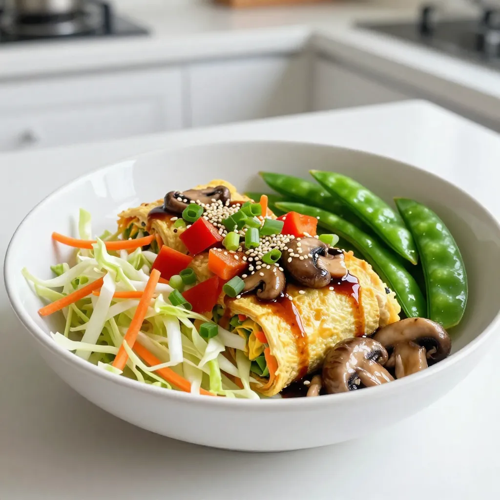 You need these key ingredients for your veggie loaded egg roll in a bowl: - 1 tablespoon sesame oil - 2 cups coleslaw mix (shredded cabbage and carrots) - 1 red bell pepper, diced - 1 cup snap peas, sliced diagonally - 1 cup mushrooms, thinly sliced - 1/2 cup green onions, chopped - 3 cloves garlic, minced - 1 tablespoon fresh ginger, grated - 1/4 cup reduced-sodium soy sauce - 1 tablespoon rice vinegar - 1 teaspoon Sriracha - 2 large eggs, beaten (optional) These ingredients create a colorful and tasty dish. The sesame oil gives a nice nutty flavor. The coleslaw mix adds crunch and freshness. The red bell pepper and snap peas bring sweetness and texture. Garlic and ginger offer a fragrant kick. To make your dish even better, consider adding: - 1 cup broccoli florets - 1/2 cup shredded carrots - 1/2 cup bean sprouts - 1 tablespoon hoisin sauce These options can boost both flavor and nutrition. They add different textures and tastes. Feel free to mix and match based on what you have. Garnishes can elevate your meal. Try these: - Reserved chopped green onions - Sesame seeds - Fresh cilantro - Extra Sriracha These garnishes add flavor and a pop of color. They make your bowl look more inviting. Plus, they provide a little extra zing for those who want it! {{ingredient_image_2}} Gather all your ingredients first. This makes cooking easier and faster. You will need: - 1 tablespoon sesame oil - 2 cups coleslaw mix (shredded cabbage and carrots) - 1 red bell pepper, diced into bite-sized pieces - 1 cup snap peas, trimmed and sliced diagonally - 1 cup mushrooms, thinly sliced - 1/2 cup green onions, chopped (reserve some for garnish) - 3 cloves garlic, minced - 1 tablespoon fresh ginger, finely grated - 1/4 cup reduced-sodium soy sauce - 1 tablespoon rice vinegar - 1 teaspoon Sriracha (adjust based on your spice preference) - 2 large eggs, lightly beaten (optional for added protein) - Sesame seeds for garnish Make sure you have a large skillet or wok on hand. It helps to have a good knife for chopping. Heat the sesame oil in your skillet over medium-high heat. When it shimmers, add minced garlic and ginger. Stir for about 30 seconds. Be careful not to let them burn. Next, add the coleslaw mix, red bell pepper, snap peas, and mushrooms. Stir-fry for 5-7 minutes. The goal is to keep the veggies tender but still crunchy. In a bowl, mix the soy sauce, rice vinegar, and Sriracha. Pour this sauce over the veggies and toss to coat evenly. If you like eggs, push the veggies to one side. Pour the beaten eggs into the empty side and scramble them. Once cooked, mix them back in with the veggies. Remove from heat and fold in the green onions. To scramble eggs well, use medium heat. This helps cook them without burning. Stir gently and consistently. This ensures fluffy eggs. If you want creamier eggs, add a splash of water before cooking. This helps them stay soft. Make sure to mix the scrambled eggs with the veggies right after they're done. This keeps everything hot and tasty. To boost flavor, use fresh herbs like cilantro or basil. These herbs add a bright taste. You can also add a dash of garlic powder or onion powder for depth. A sprinkle of black pepper can enhance the overall flavor too. If you love heat, adjust Sriracha to your liking or add red pepper flakes. For a sweet touch, consider a hint of honey or maple syrup. A large skillet or wok is key for this recipe. It allows space for veggies to sauté well. A good spatula helps mix everything without breaking the veggies. Use a sharp knife for quick chopping. A cutting board will keep your workspace clean. Have measuring spoons and cups ready for accurate amounts of sauces. A whisk is handy for mixing the sauce together. Start by washing all vegetables to keep them fresh and clean. Cut veggies into uniform sizes for even cooking. For the coleslaw mix, ensure it's chopped fine to mix well with other ingredients. Dice the bell pepper and mushrooms small, so they cook fast. Trim and slice snap peas diagonally for a nice look. Finally, have all your ingredients ready before cooking to make the process smooth. Pro Tips Fresh Ingredients: For the best flavor, use fresh vegetables. They not only taste better but also add vibrant color to your dish. Customize Your Protein: Feel free to add your choice of protein such as chicken, shrimp, or tofu to make this dish heartier. Adjust the Spice: If you prefer a milder dish, start with less Sriracha and add more gradually to suit your taste. Meal Prep Friendly: This dish is perfect for meal prep. You can make a larger batch and store it in the fridge for quick lunches or dinners throughout the week. {{image_4}} You can add protein to your veggie loaded egg roll in a bowl. Great choices include chicken, beef, or shrimp. Cook the protein in the skillet before adding the veggies. If you want, use tofu for a plant-based option. This adds flavor and makes the dish more filling. For a vegan twist, skip the eggs and use tofu instead. Firm tofu works best. Press it to remove extra water, then cube it. Stir-fry the tofu with the veggies. You can also add extra soy sauce for taste. This keeps the dish plant-based while still being delicious. To make this dish gluten-free, swap regular soy sauce for tamari. Tamari is a great gluten-free option. Always check labels to ensure other ingredients are safe. Most veggies are naturally gluten-free, so you can enjoy this dish worry-free. To keep your veggie loaded egg roll in a bowl fresh, store it in an airtight container. Make sure to cool it down to room temperature before sealing. This helps prevent moisture buildup. Place it in the fridge for up to three days. If you add eggs, try to eat it sooner, as they can alter the texture over time. When you’re ready to enjoy your leftovers, reheat them in a skillet over medium heat. This helps keep the veggies crisp. Add a splash of soy sauce or a bit of sesame oil to enhance the flavor. Stir gently until everything is warmed through, which takes about 5 minutes. You can also use the microwave. Heat in short bursts of 30 seconds, stirring in between. If you want to save it for later, you can freeze your veggie loaded egg roll in a bowl. Place cooled portions in freezer-safe bags or containers. Squeeze out excess air to prevent freezer burn. It can last up to three months. To eat, thaw it overnight in the fridge and reheat as mentioned above. However, be aware that freezing may change the texture of the veggies. You can replace sesame oil with olive oil or avocado oil. Both oils have a mild taste. They will not change the dish much. If you want a nutty flavor, try peanut oil. Yes, you can prepare this dish ahead of time. Cook the veggies and store them in the fridge. This keeps well for up to three days. Reheat it in a skillet before serving. If you add eggs, cook them fresh for the best taste. To make it milder, use less Sriracha or skip it altogether. For more heat, add extra Sriracha. You can also sprinkle red pepper flakes for a kick. Always taste as you go to find your perfect heat level. This blog post covered the essential ingredients, step-by-step instructions, and helpful tips for making a veggie-loaded egg roll in a bowl. We discussed options for protein and adaptations for vegan, vegetarian, and gluten-free diets. Proper storage and reheating tips ensure you enjoy leftovers. Experiment and make it your own. This dish is all about fun and flavor. Enjoy creating a tasty meal that suits your taste buds and lifestyle!