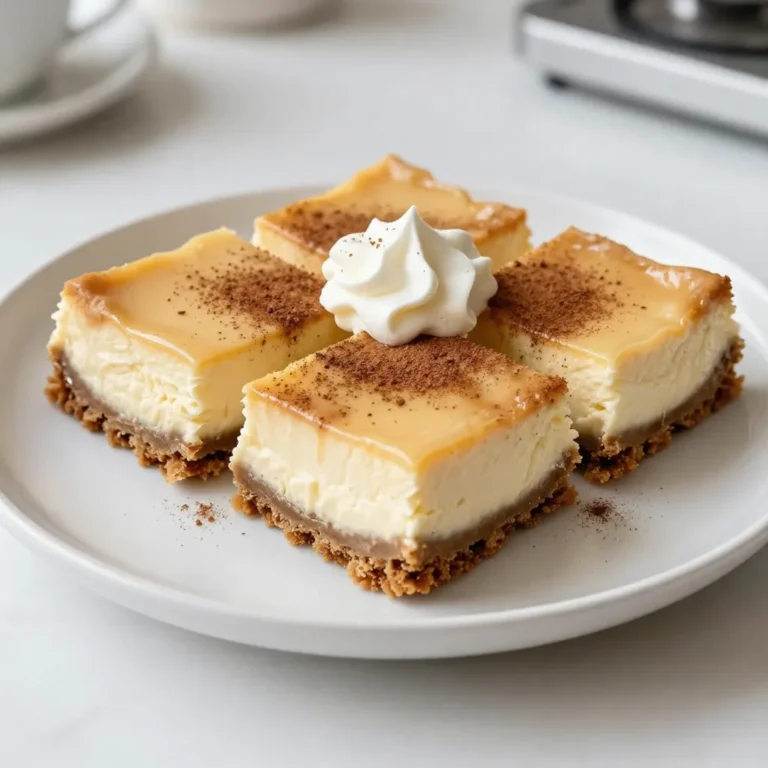 To make these delightful bars, you will need: - 1 cup graham cracker crumbs - 1/2 cup unsalted butter, melted - 1/4 cup packed brown sugar - 1 teaspoon ground ginger - 1 teaspoon ground cinnamon - 1/4 teaspoon ground cloves - 1/4 teaspoon salt - 2 (8 oz) packages cream cheese, softened at room temperature - 1 cup granulated sugar - 2 large eggs, at room temperature - 1 teaspoon pure vanilla extract - 1/2 cup sour cream, room temperature - 1/4 cup unsulfured molasses You can adjust ingredients based on what you have. For the crust, use crushed cookies instead of graham crackers. If you want a dairy-free option, try vegan cream cheese. You can also swap unsalted butter with coconut oil. For a deeper flavor, use dark brown sugar instead of light brown sugar. If you don’t have molasses, maple syrup can be a nice alternative, but it will change the taste. Using fresh ingredients is key to great flavor. Cream cheese should be soft for easy mixing. Room temperature eggs help the batter blend well. Fresh spices give that warm holiday taste. Check your baking supplies to ensure they are not stale. Fresh ingredients make your gingerbread cheesecake bars taste their best. Trust me, your taste buds will thank you! {{ingredient_image_2}} Start by preheating your oven to 325°F (160°C). Grab an 8x8 inch baking pan and line it with parchment paper. Make sure the paper hangs over the sides. This will help you lift the bars out later. In a medium bowl, mix together the following ingredients: - 1 cup graham cracker crumbs - 1/2 cup unsalted butter, melted - 1/4 cup packed brown sugar - 1 teaspoon ground ginger - 1 teaspoon ground cinnamon - 1/4 teaspoon ground cloves - 1/4 teaspoon salt Use a fork to stir until everything is combined and crumbly. Press this mixture into the bottom of the pan. Use the back of a flat measuring cup for a smooth surface. Bake it for 10 minutes, or until it turns lightly golden. Let it cool for about 5 to 10 minutes. While the crust cools, take a large bowl and add: - 2 (8 oz) packages cream cheese, softened - 1 cup granulated sugar Using an electric mixer, beat on medium speed for 2 to 3 minutes. You want it to be smooth and creamy. Now, add: - 2 large eggs, at room temperature - 1 teaspoon pure vanilla extract - 1/2 cup sour cream, at room temperature - 1/4 cup unsulfured molasses Add the eggs one at a time. Mix well after each egg to keep it smooth. Once everything is mixed, pour this cheesecake filling over the cooled crust. Use a spatula to spread it evenly. Bake your cheesecake bars for 30 to 35 minutes. The edges should look set, but the center can be a bit jiggly. This jiggle means it will be creamy after cooling. After baking, take the pan out of the oven. Let it cool at room temperature for about an hour. Then, put it in the fridge for at least 3 hours. This step is key for a firm texture. When chilled, use the parchment paper overhang to lift the cheesecake out of the pan. Place it on a cutting board. Cut into bars with a sharp knife. Wipe the knife with a damp cloth between cuts for clean edges. Enjoy your delightful holiday treat! To get a smooth texture, use softened cream cheese. It needs to be at room temperature. Beat it with sugar until creamy. Add eggs one by one, mixing well after each. This keeps it light and fluffy. Overmixing can lead to cracks, so mix just enough. The filling should be smooth before you pour it over the crust. One common mistake is not cooling the crust enough. If the crust is hot, it can make the filling melt too quickly. Also, avoid using cold eggs. This can cause lumps in the mixture. Lastly, don’t skip chilling the bars. Chilling helps them firm up and makes slicing easier. Bake the bars for 30-35 minutes. Look for set edges and a jiggly center. This means it will be creamy after cooling. Once you remove it from the oven, let it cool for an hour at room temperature. Then, cover and chill in the fridge for at least three hours. This waiting time is key for the best taste and texture. Pro Tips Use Room Temperature Ingredients: Make sure all your dairy ingredients, especially cream cheese and eggs, are at room temperature. This ensures a smoother batter and prevents lumps. Don’t Overmix: When combining the cheesecake mixture, mix just until the ingredients are incorporated. Overmixing can incorporate too much air, leading to cracks during baking. Check for Doneness: The cheesecake is done when the edges are set but the center still has a slight jiggle. It will firm up as it cools, resulting in a creamy texture. Chill Properly: For the best flavor and texture, allow the cheesecake to chill in the refrigerator for at least 3 hours, or overnight if possible. This helps it to set perfectly. {{image_4}} You can make your Gingerbread Cheesecake Bars even tastier by adding more spices. Try adding nutmeg or allspice to the mix. Just a pinch will boost the warm flavors. You can also experiment with cardamom for a unique twist. Adjust the spice levels to match your taste. To make these bars gluten-free, use gluten-free graham cracker crumbs. They provide the same delicious crust. For vegan options, swap out the cream cheese with a plant-based cream cheese. Use flax eggs instead of regular eggs. These simple swaps help everyone enjoy this treat. Presentation makes a big difference! After slicing the bars, place them on a pretty platter. Dust the tops lightly with ground cinnamon for a festive look. Add a dollop of whipped cream on top for creaminess. Finish with a mint sprig for a splash of color. These small touches will wow your guests! Store your gingerbread cheesecake bars in an airtight container. Keep them in the fridge for up to five days. This helps keep the bars creamy and fresh. Make sure they are fully chilled before sealing to avoid excess moisture. If you want to keep them longer, consider freezing! To freeze the bars, first, cut them into squares. Wrap each piece tightly in plastic wrap. Then, place the wrapped bars in a freezer-safe bag. They can last up to three months in the freezer. When you are ready to enjoy them, thaw them overnight in the fridge. To serve leftovers, you can enjoy them cold or at room temperature. If you prefer warm bars, reheat them gently. Place them in a 325°F oven for about 10 minutes. This warms them but keeps them creamy. Serve them with whipped cream or a sprinkle of cinnamon for a festive touch! Yes, you can make these bars ahead of time. They taste even better after chilling. I suggest making them a day or two before your event. Just store them in the fridge until you're ready to serve. Yes, you can use different cheeses. Cream cheese is best for texture. However, you can substitute with mascarpone for a richer taste. Just keep in mind that the final flavor may change slightly. You can serve these bars with many tasty options. A dollop of whipped cream adds a nice touch. Fresh fruit like berries also pairs well. A sprinkle of cinnamon or a drizzle of caramel makes it festive. Feel free to get creative! This blog post covered how to make Gingerbread Cheesecake Bars. We discussed essential ingredients, tips for a perfect texture, and fun variations. Remember, fresh ingredients are key, and timing is important for baking. Don’t hesitate to experiment with flavors or dietary options. With the right storage, you can enjoy these bars later. I hope you're excited to try this recipe and share it with others! Happy baking!