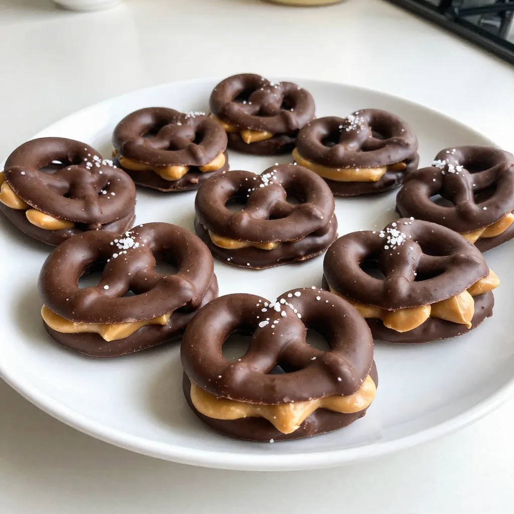 - 1 cup creamy peanut butter - 1 cup powdered sugar - 1 cup mini pretzels - 1 cup semi-sweet chocolate chips - 1 tablespoon coconut oil (or vegetable oil) - Sea salt for sprinkling (optional) To make chocolate covered peanut butter pretzels, you need simple and tasty ingredients. The creamy peanut butter adds rich flavor. Powdered sugar gives sweetness and helps the filling stick. Mini pretzels add crunch and saltiness. Semi-sweet chocolate chips melt smoothly for coating. Coconut oil keeps the chocolate silky. You can sprinkle sea salt on top for a sweet-salty treat. Gather these ingredients before starting. It helps to have everything ready. This way, you can focus on making your delicious snacks. Choose high-quality chocolate for the best taste. Fresh mini pretzels will also enhance the texture. Enjoy the process, and get ready to indulge in a delightful treat! {{ingredient_image_2}} In a medium bowl, combine 1 cup of creamy peanut butter with 1 cup of powdered sugar. Use a sturdy spoon or spatula to blend the two together. Mix until the filling is smooth and well-combined. You want it thick but easy to spread. If it feels too thick, add a tiny bit of peanut butter. Take a mini pretzel and spread about 1 teaspoon of the peanut butter filling on one side. Use a spoon or your fingers to spread it evenly. Next, take another pretzel and press it on top of the filled pretzel. This creates a sandwich. Repeat this process until you fill all the pretzels. You can stack them on a plate as you go. For the chocolate coating, take 1 cup of semi-sweet chocolate chips and 1 tablespoon of coconut oil. Place these in a microwave-safe bowl. Microwave the mix in 30-second intervals. Stir it after each interval until the chocolate is smooth. Be careful not to overheat it. Now, dip each pretzel sandwich into the melted chocolate. Make sure each side gets a good coat. Let any extra chocolate drip off before placing them on a baking sheet lined with parchment paper. This helps with cleanup. If you like, sprinkle a pinch of sea salt on top while the chocolate is still wet. This adds a nice salty touch. After dipping, put the baking sheet in the fridge. Chill the pretzels for about 30 minutes. This sets the chocolate and gives it a firm texture. Enjoy your tasty treats! To keep your chocolate covered peanut butter pretzels fresh, store them in an airtight container. This helps prevent them from becoming stale. Use a container that is not too big, as extra air can harm freshness. A small metal or plastic box works well. You can also separate layers with parchment paper. This prevents sticking and keeps them intact. Yes, you can make these pretzels in advance! They are perfect for parties or snacks. Once they cool completely, place them in a container. You can freeze them for later enjoyment, too. Wrap each pretzel in plastic wrap before freezing. This helps keep them fresh. When ready to eat, let them thaw in the fridge, not at room temp. This way, the chocolate stays nice and firm. Dipping can be tricky, and there are a few common pitfalls. Make sure your chocolate is smooth and not too hot. If it's too thick, add a bit more coconut oil. This helps create a nice, even coat. When dipping, let excess chocolate drip off to avoid clumps. A fork can help with this. For a smooth finish, try to dip each pretzel quickly. If you take too long, the chocolate can harden before it coats well. Pro Tips Use Room Temperature Ingredients: Make sure your peanut butter is at room temperature for easier mixing and spreading on the pretzels. Experiment with Chocolate: Try using different types of chocolate, like dark or white chocolate, for unique flavor combinations. Chill for Perfect Coating: Refrigerate your pretzel sandwiches for a few minutes before dipping to help the chocolate set faster. Customize Your Toppings: Get creative with toppings! Consider adding crushed nuts, sprinkles, or a drizzle of caramel for extra flair. {{image_4}} You can easily switch up the flavors in this treat. - Peanut butter alternatives: Try crunchy peanut butter for a fun texture. You can also use flavored peanut butters, like chocolate or honey. - Different chocolate types: Use dark chocolate for a rich taste. White chocolate offers a sweet twist. Milk chocolate is classic and loved by many. Get creative with toppings to make your pretzels pop! - Additional toppings: Add chopped nuts for crunch or colorful sprinkles for fun. These can brighten up your treats. - Drizzling melted chocolate: After coating the pretzels, drizzle some melted chocolate over the top. This makes for a beautiful presentation and adds extra flavor. These treats can fit many diets! - Vegan variations: Use dairy-free chocolate and a plant-based spread instead of peanut butter. - Gluten-free options for pretzels: Look for gluten-free pretzels in stores. This way, everyone can enjoy these tasty snacks. Each serving of chocolate covered peanut butter pretzels has about 130 calories. Here’s a quick breakdown: - Calories: 130 - Fat: 7 grams - Carbohydrates: 15 grams - Protein: 3 grams This treat packs a good mix of fats and carbs, making it a fun snack. The peanut butter adds healthy fats, while chocolate gives a sweet touch. These pretzels contain common allergens like: - Peanuts - Dairy (from chocolate) - Gluten (if using regular pretzels) For a nut-free version, use sun butter instead of peanut butter. You can also find gluten-free pretzels at most stores. Enjoy these treats in moderation. They taste great but have sugar and fat. A good way to enjoy them is to keep portion sizes small. Peanut butter is a good source of protein and healthy fats. It can help you feel full and satisfied. Remember, balance is key in any diet. To keep your chocolate covered peanut butter pretzels fresh, store them in an airtight container. This helps prevent them from getting stale. Place a layer of parchment paper between layers to avoid sticking. Keep the container in a cool, dry place. If it’s warm, the fridge works well too. Just remember to let them sit out for a few minutes before eating. This helps restore their crunch. Yes, you can substitute ingredients based on your needs. If you want crunchy texture, use crunchy peanut butter instead of creamy. For chocolate, feel free to use dark or white chocolate. If you don’t have mini pretzels, regular pretzels work just fine. You can even try different flavored pretzels for a unique twist. When stored properly, these treats last about one week at room temperature. If you refrigerate them, they can last up to two weeks. Just check for any signs of spoilage before enjoying. If you freeze them, they can stay good for up to three months. Many pretzels are not gluten-free. However, you can find gluten-free pretzels at most stores. Just make sure to check the package. This way, you can still enjoy the treat without gluten concerns. Always read labels to ensure safety. Making chocolate-covered peanut butter pretzels is simple and fun. We covered the key ingredients, steps, and tips. From mixing the filling to perfecting the chocolate coating, every step matters. You can even explore different flavors and dietary choices to make this treat fit your needs. Enjoy your homemade snacks and share them with friends. The joy of creating something tasty will always be rewarding. With these guidelines, you can make delicious treats anytime.