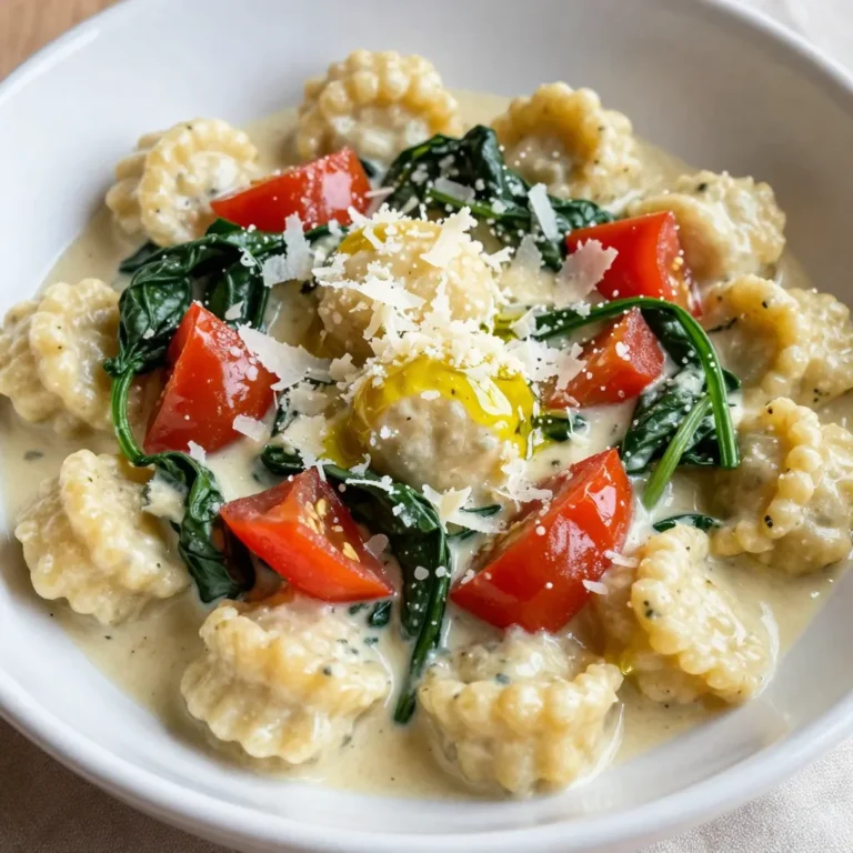 To make Creamy Tomato Spinach Gnocchi, you need fresh and simple ingredients. Here’s what to gather for this easy weeknight meal: - 500g gnocchi - 2 tablespoons olive oil - 3 cloves garlic, minced - 1 can (400g) diced tomatoes - 1 cup heavy cream - 150g fresh spinach, roughly chopped - 1 teaspoon dried basil - 1 teaspoon dried oregano - Salt and pepper to taste - Freshly grated Parmesan cheese for serving Each ingredient plays a key role in creating a delicious dish. The gnocchi adds a soft texture, while the tomatoes bring a bright flavor. Garlic gives the dish a warm aroma. Heavy cream makes the sauce rich and creamy, and spinach adds color and nutrition. Dried herbs like basil and oregano enhance the taste. Finally, Parmesan cheese brings a salty kick that ties everything together. Collect these ingredients to ensure your gnocchi comes out perfect every time! {{ingredient_image_2}} Start by boiling a large pot of water. Add a good pinch of salt to the water. This helps season the gnocchi. Once the water is at a rolling boil, gently drop in the gnocchi. Cook them for about 2-3 minutes. They are done when they float to the top. After cooking, drain the gnocchi and set them aside. Garlic is key in this dish. It adds a rich flavor that makes everything better. Heat a spacious skillet over medium heat. Pour in 2 tablespoons of olive oil. Once the oil is warm, add 3 minced garlic cloves. Sauté for 1-2 minutes until the garlic is golden and fragrant. Be careful not to burn it, as that will ruin the taste. Next, it's time for the tomatoes. Pour in one can of diced tomatoes with their juices into the skillet. Stir the mixture well and let it simmer for about 5 minutes. This simmering time allows all the flavors to blend together nicely. Now, reduce the heat slightly. Add 1 cup of heavy cream to the tomato mix. Toss in 1 teaspoon of dried basil and 1 teaspoon of dried oregano. Stir everything together and let it simmer for another 3-5 minutes. This will help the sauce thicken up just right. Add 150 grams of fresh spinach to the skillet. Stir it in well and cook for 2-3 minutes. The spinach should wilt and mix into the creamy sauce. This adds a nice pop of color and nutrition to our dish. Gently fold the drained gnocchi into the creamy tomato sauce. Make sure each piece is well-coated. Taste the dish and adjust the salt and pepper as needed. This step is important for balancing the flavors. Once everything is combined, remove the skillet from heat. Let it rest for about a minute. This allows the sauce to cling better to the gnocchi. For serving, use deep, wide bowls. Top each bowl with freshly grated Parmesan cheese. You can also add a little extra chopped spinach and a drizzle of olive oil for a nice finish. - Cooking methods for gnocchi: Boil gnocchi in salted water. Cook them until they float, about 2-3 minutes. This shows they are done. - Avoiding mushiness: Do not overcook the gnocchi. If they become too soft, they can break apart in the sauce. - Additional spice and herb options: Try adding crushed red pepper for heat. Fresh herbs like basil or parsley can brighten the dish. - Adjusting for dietary preferences: Use plant-based cream for a vegan option. You can swap regular gnocchi for gluten-free gnocchi if needed. - Ways to make it vegetarian or gluten-free: Use vegetable broth instead of chicken broth for a vegetarian twist. Check for gluten-free gnocchi brands at the store. - Suggested side dishes: Pair this dish with a side salad or garlic bread. Both add a nice touch and balance the meal. Pro Tips Use Fresh Gnocchi: Fresh gnocchi will have a lighter texture and richer flavor compared to dried. If possible, opt for fresh or homemade gnocchi for the best results. Enhance Flavor with Fresh Herbs: While dried herbs work well, adding fresh basil or oregano at the end of cooking can elevate the dish's aroma and freshness. Adjust Creaminess: For a lighter version, substitute half of the heavy cream with low-fat milk or vegetable broth, keeping the dish creamy but less heavy. Perfect Parmesan: Use a microplane to grate your Parmesan cheese finely. This will help it melt evenly and blend beautifully into the sauce, enhancing the dish's overall richness. {{image_4}} For those who want to change things up, there are great alternatives. - Alternatives for cream: You can use half-and-half or coconut milk for a lighter dish. Silken tofu also makes a smooth, creamy base. - Vegetable variations: If you want to swap spinach, try kale or arugula. You can also add bell peppers or mushrooms for extra flavor. Adding protein can make your meal heartier. - Adding chicken or shrimp: Sauté diced chicken or shrimp before adding garlic. Cook until done, then follow the rest of the recipe. - Vegan protein options: Try chickpeas or lentils. They add protein and pair well with the sauce. Tofu is another great choice; just sauté it until golden. Using seasonal ingredients can enhance your dish. - Incorporating seasonal vegetables: In the spring, add asparagus or peas. In the fall, consider butternut squash or pumpkin. - Adapting the recipe for holidays: For festive meals, you can add roasted vegetables or a sprinkle of cinnamon for a warming touch. To keep your creamy tomato spinach gnocchi fresh, store leftovers in an airtight container. This helps lock in moisture and flavors. You can refrigerate the dish for up to three days. Before you eat, check for any changes in smell or color. If you want to freeze your dish, separate the gnocchi from the sauce first. This helps keep the gnocchi from becoming mushy. Place each in a freezer bag or container. You can freeze the gnocchi for up to two months and the sauce for about one month. When you’re ready to eat, thaw them in the fridge overnight. For reheating, use a skillet over low heat. Add a splash of water or cream to keep the sauce creamy. Stir gently until everything is heated through. Avoid high heat, as this can overcook the gnocchi and make it tough. Serve hot with fresh Parmesan on top for extra flavor. Making Creamy Tomato Spinach Gnocchi takes about 25 minutes. - Prep Time: 10 minutes - Cooking Time: 15 minutes You start with boiling water for the gnocchi. It usually takes 2-3 minutes for them to float. After that, you sauté garlic and make the sauce, which takes about 10 minutes. In total, it's a quick meal for busy nights! Yes, you can definitely use store-bought gnocchi. It saves time and is very convenient. Store-bought gnocchi often tastes great and cooks fast. Just remember to follow the package instructions for best results. Fresh gnocchi might have a slight edge in flavor, but the store version works well for quick meals. This recipe is perfect for meal prep! You can cook a large batch and store it. Place the gnocchi and sauce in separate containers. This helps keep the gnocchi from getting soggy. You can store both in the fridge for up to three days. Just reheat them together when you're ready to eat. This dish pairs well with many sides! Here are some ideas: - A fresh green salad with vinaigrette - Garlic bread for a crunchy side - A glass of white wine, like Pinot Grigio These choices complement the creamy flavors and add variety to your meal. Yes, you can make this dish in advance! Just follow these tips: - Cook the gnocchi and sauce separately. - Allow them to cool completely before storing. - Store in airtight containers in the fridge. When you want to eat, just reheat the sauce on the stove and toss in the gnocchi. It will taste almost as fresh as when you first made it! We've explored how to make a delicious Creamy Tomato Spinach Gnocchi. We looked at each ingredient's role and how to prepare them step by step. You can tweak the recipe to suit your taste and dietary needs. Storing leftovers properly ensures you enjoy this meal later. With practice, you'll master this dish and impress others. Enjoy cooking and savor every bite of your creation.