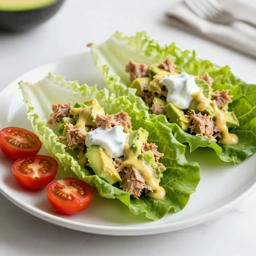 To make Avocado Tuna Salad Lettuce Wraps, you need simple and fresh ingredients. Here&rsquo;s the list of what you&rsquo;ll need: - 1 can (5 oz) tuna, drained and flaked - 1 ripe avocado, mashed to a creamy consistency - 1/4 cup Greek yogurt (or mayonnaise for richness) - 1 tablespoon Dijon mustard for a tangy kick - 1 tablespoon fresh lemon juice for brightness - 1 celery stalk, finely chopped for crunch - 1/4 red onion, finely chopped for sweetness - 1 tablespoon fresh dill, chopped (or use 1 teaspoon dried dill) - Salt and fresh ground pepper to taste - 8 large lettuce leaves (Romaine or Butter lettuce work well) - Cherry tomatoes, halved, for garnish These ingredients bring together a mix of flavors and textures. The tuna gives protein, while the avocado adds creaminess. Greek yogurt or mayo can add depth to the flavor. Fresh herbs like dill bring a burst of freshness to each bite. The crunch from celery and onion balances the creaminess. Finally, the lettuce wraps make it light and refreshing, perfect for a healthy meal! {{ingredient_image_2}} 1. Mixing tuna and avocado Start by opening the can of tuna. Drain it well and flake it into a bowl. Then, mash a ripe avocado in the same bowl. Mix the tuna and avocado until they blend into a smooth mixture. 2. Adding Greek yogurt, mustard, and lemon juice Next, add 1/4 cup of Greek yogurt to the bowl. If you want a richer taste, feel free to use mayonnaise instead. Then, add 1 tablespoon of Dijon mustard for some tanginess. Finally, squeeze in 1 tablespoon of fresh lemon juice for brightness. Stir it all together until the mix is creamy and smooth. 3. Incorporating celery, onion, and dill Now, finely chop 1 celery stalk and 1/4 of a red onion. Add them to the bowl along with 1 tablespoon of fresh dill. Gently fold the ingredients together. This adds crunch and sweetness to your salad. Finish by seasoning with salt and pepper to taste. 1. Spoon tuna salad into lettuce leaves Take a large lettuce leaf, like Romaine or Butter lettuce. Spoon a generous amount of the tuna salad mixture right into the center of the leaf. 2. Garnishing with cherry tomatoes Halve some cherry tomatoes and place them on top of the tuna salad. This not only adds color but also a fresh burst of flavor. 3. Folding the lettuce for a wrap Carefully fold the sides of the lettuce leaf over the filling. This creates a neat wrap. Serve your wraps right away for the best taste! To make the best avocado tuna salad, adjust the seasoning to your liking. Start with a pinch of salt and a few grinds of fresh pepper. Taste it after each addition. If you want more zing, add a bit more lemon juice or Dijon mustard. Always remember, the right balance makes a big difference. Choosing the right lettuce type is key. I recommend Romaine or Butter lettuce. Romaine has a nice crunch, while Butter lettuce is tender and wraps beautifully. You can also mix them for a fun texture. Just wash the leaves well and dry them before using. Arranging the wraps on a platter makes them look inviting. Place them side by side, with the open ends facing up. This way, you show off the colorful filling. You can also add extra cherry tomatoes around the wraps for a burst of color. Using additional garnishes can elevate your dish. Fresh dill sprigs on top add a lovely green touch. You can also sprinkle some paprika for a pop of color and extra flavor. These small details make your avocado tuna salad lettuce wraps stand out. Enjoy! Pro Tips Freshness is Key: Use the freshest ingredients possible, especially the avocado and lettuce, to ensure the best flavor and texture in your wraps. Customize Your Protein: Feel free to substitute the tuna with shredded chicken or chickpeas for a different protein option that suits your taste. Herb Variations: Experiment with other herbs like cilantro or parsley if you want to switch up the flavor profile of your tuna salad. Chill Before Serving: For a refreshing experience, let the tuna salad chill in the fridge for 30 minutes before serving to allow the flavors to meld. {{image_4}} You can change the flavor of your tuna salad by switching ingredients. If you want a richer taste, try using mayonnaise instead of Greek yogurt. Mayonnaise adds creaminess that many people love. Just remember, it can be higher in calories. Another way to boost flavor is with herbs or spices. Fresh dill works well, but you could also use parsley or chives. If you like a little heat, add some cayenne pepper or paprika. Experimenting with these options can make your salad unique. Pairing your avocado tuna salad with whole grain crackers adds crunch. This combo is perfect for a snack or light meal. You can also serve it with fresh veggies. Sliced cucumbers or bell peppers are great choices. For a more complete meal, try it alongside a light salad. A simple green salad with lemon vinaigrette balances the richness of the tuna salad. This way, you enjoy a variety of textures and flavors. To keep your avocado tuna salad fresh, store it in an airtight container. This helps prevent air from getting in and making it spoil. Place the container in the fridge right after serving. You can store the tuna salad for up to three days. After that, the flavors may change, and the salad could get watery. Always check for any off smells or textures before eating. You can freeze tuna salad, but it may not taste the same once thawed. The texture of the avocado can change, becoming mushy. If you want to freeze it, scoop the salad into a freezer-safe container. Leave some space at the top for expansion. To thaw, move the container to the fridge overnight. When ready to eat, stir it well before serving. If it seems too watery, you can mix in a bit more Greek yogurt or avocado to improve the texture. You can use several tasty options instead of Greek yogurt. Sour cream works well. It adds creaminess and a slight tang. Silken tofu is another good choice. It blends smoothly and gives a nice texture. Mayonnaise is also a great alternative. It makes the salad richer and creamier. To keep your lettuce wraps crisp, start with fresh leaves. Choose Romaine or Butter lettuce for the best results. Rinse the leaves and dry them well. Avoid cutting the leaves too early. Assemble the wraps just before serving. Keep them in the fridge until ready. This helps prevent wilting and sogginess. Yes, you can make this recipe ahead of time. Prepare the tuna salad and store it in the fridge. You can keep it for up to two days. However, wait to assemble the wraps until just before serving. This keeps the lettuce fresh and crunchy. Enjoy your meal whenever you like! In summary, we covered a tasty tuna salad recipe that combines fresh ingredients and simple steps. You learned how to mix tuna with avocado and Greek yogurt, then assemble tasty lettuce wraps. I shared tips to perfect your salad and make it look great. Lastly, we discussed storage options and even variations to keep things exciting. Enjoy creating your own delicious tuna salad wraps!